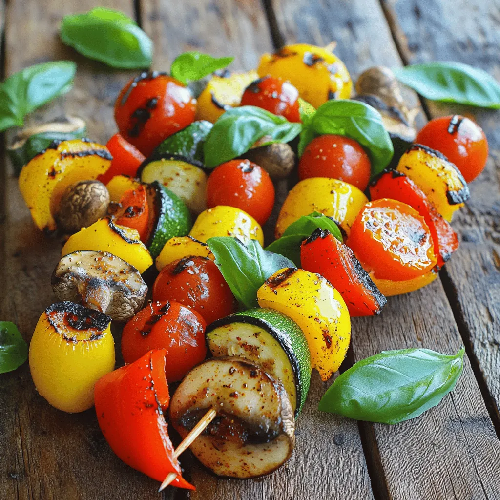 - Bell pepper (red, yellow, or green) - Zucchini and yellow squash - Red onion and cherry tomatoes - Mushrooms When I make grilled veggie skewers, I choose a mix of colorful vegetables. They not only look great but also taste fantastic. Bell peppers are a must. You can pick red, yellow, or green. Each type adds a sweet taste. Zucchini and yellow squash are next. Their soft texture and mild flavor work well on the grill. I like to cut them into thick rounds. This helps them hold their shape while cooking. Red onions add a nice bite. I cut them into wedges so they cook evenly. Cherry tomatoes are fun and juicy. I use them whole, so they burst with flavor when grilled. Finally, I love mushrooms. They soak up the marinade and get smoky when grilled. - Olive oil, garlic powder, smoked paprika - Salt and black pepper To bring out the flavors, I use a simple marinade. I drizzle extra virgin olive oil over the veggies. It helps the spices stick and adds richness. I sprinkle garlic powder for a savory kick and smoked paprika for a hint of smoke. Don’t forget to add salt and black pepper. They enhance all the natural flavors. I mix everything well, so each piece is coated. This step is crucial for a tasty outcome. - Fresh basil leaves After grilling, I like to add fresh basil leaves. They give a burst of color and flavor. Just tear them up and sprinkle on top of the skewers. This final touch makes the dish even more inviting. For the full recipe, check out the [Full Recipe]. First, we need to get our grill ready. Preheating is key to good grilling. It helps to cook the veggies evenly and gives them nice grill marks. Set your grill to medium-high heat. This temperature is perfect for cooking our colorful skewers. Let’s prep our vegetables. Start by cutting them into pieces. Cut the bell pepper into 1-inch chunks. Slice the zucchini and yellow squash into thick rounds. Cut the red onion into wedges. Keep the cherry tomatoes whole and use whole mushrooms or half them if they are large. Next, we’ll mix the veggies. Place all the cut veggies in a big bowl. Drizzle them with olive oil and sprinkle in garlic powder, smoked paprika, salt, and black pepper. Now, toss everything gently with your hands or a spatula. Make sure each piece is well-coated with the seasoning. This step adds a lot of flavor! Now comes the fun part: assembling the skewers. Take a skewer and start threading the veggies. Alternate the types of veggies to create a colorful mix. This not only looks great but also adds different flavors in every bite. Be careful when handling the skewers. The ends can be sharp, so keep your hands clear when you thread the veggies. Once you finish, your skewers are ready for the grill. For the full recipe, check out the details above. Grilling veggie skewers is simple and fun. Aim for a medium-high heat. This ensures your veggies cook well. Grill them for about 10-12 minutes. Turn them often to get nice grill marks. You want them tender but not mushy. To boost flavor, try adding spices like cumin or dill. A splash of lemon juice also brightens the taste. For a smoky flavor, use smoked paprika or a dash of liquid smoke. Marinades can add depth, too. A blend of olive oil, vinegar, and herbs works great. For a beautiful presentation, stand skewers upright in a holder. You can also lay them on a platter. Drizzle with olive oil and sprinkle fresh herbs. Pair the skewers with dips like hummus or tzatziki. These add flavor and make serving easier. Check out the Full Recipe for more ideas! {{image_4}} You can mix and match veggies for your skewers. Seasonal vegetables make great choices. In summer, try zucchini and corn. In fall, use butternut squash and Brussels sprouts. You can also add eggplant for a nice smoky taste. Asparagus gives a nice crunch and fresh flavor. If you can’t grill, you can bake or roast your skewers. For oven-baking, preheat your oven to 400°F (200°C). Place the skewers on a baking sheet. Bake for about 20 minutes. Keep an eye on them to ensure they don’t burn. Roasting gives a rich taste and helps the flavors blend well. This recipe is easy to adapt for different diets. For a vegan version, stick to the veggies and oil. If you need gluten-free options, all ingredients in this recipe work well. Just make sure to check labels on sauces or seasonings. You can enjoy tasty skewers that fit your needs by making small swaps. For the full recipe, check the details above. To keep your grilled veggie skewers fresh, use airtight containers. Store them in the fridge right after they cool down. Make sure to eat them within three days for the best taste and quality. If you notice any moisture, add a paper towel inside the container to soak it up. You can reheat skewers in the microwave or on the grill. For the microwave, place them on a plate and cover them with a damp paper towel. Heat in short bursts to avoid overcooking. To reheat on the grill, warm it up and place the skewers back on for a few minutes. This keeps the texture nice and doesn't make them soggy. To freeze skewers, wrap them tightly in plastic wrap and place them in a freezer bag. Make sure to remove as much air as possible. They can last for up to three months in the freezer. When you’re ready to eat them, thaw them in the fridge overnight. Reheat on the grill or in the oven to restore their flavor and texture. For the full recipe, check out the details above. I prefer metal skewers for grilling. They heat up quickly and help cook the veggies evenly. They are also reusable, making them eco-friendly. Wooden skewers are lighter but can burn easily. If you use wooden skewers, you need to soak them in water first. This helps prevent them from catching fire. Both types work well, so choose what you like best. Yes, you can use frozen vegetables. They are convenient and save time. However, frozen veggies may not have the same texture as fresh ones. They can become mushy when cooked. If you choose to use them, thaw them first. Pat them dry to remove extra moisture before grilling. This helps keep them from steaming and allows for better grilling. To prevent sticking, coat your vegetables with olive oil. This adds flavor and creates a barrier. Preheat your grill well before adding the skewers. A hot grill helps to sear the veggies quickly. Turn them gently with tongs. Avoid using a fork, as this can pierce the vegetables and let juices escape. Keep an eye on them, so they don't burn. Soaking wooden skewers is a good idea. It prevents them from burning on the grill. Soak them for at least 30 minutes before using. This helps them stay intact while grilling. If you skip soaking, watch them closely as they cook. You might need to turn down the heat to avoid burning. Soaking is a simple step that makes grilling easier. This blog post guides you on making vibrant vegetable skewers. We covered key ingredients, including bell peppers, zucchini, and cherry tomatoes. I shared tips for preparing the grill and veggies, along with assembling skewers safely. Remember optimal grilling time and temperature for the best results. You can try different vegetables or cooking methods for variety. Don’t forget about storing leftovers properly for later enjoyment. With the right techniques, you’ll create tasty skewers that impress. Your grilling skills can elevate any meal!