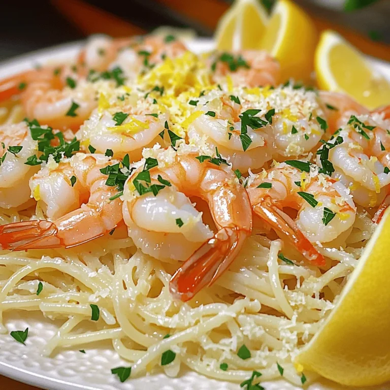 - 1 pound large shrimp, peeled and deveined - 4 tablespoons unsalted butter - 4 cloves garlic, finely minced - Zest and juice of 1 fresh lemon - 1 teaspoon red pepper flakes (optional) - Salt and freshly ground black pepper - 2 tablespoons fresh parsley, finely chopped - Cooked pasta or rice, for serving - Additional garnish options (e.g. parsley, lemon wedges) Lemon garlic butter shrimp is a simple dish with big flavor! Start with fresh shrimp. You want them large, peeled, and deveined for the best taste. The butter gives richness, while garlic adds a fragrant punch. Fresh lemon zest and juice brighten the dish. These ingredients work well together. You can also add red pepper flakes if you like heat. Now, let’s talk about seasonings. Salt and black pepper enhance the flavors. Fresh parsley adds a pop of color and freshness. When you serve this dish, warm pasta or rice makes a great base. You can also garnish with lemon wedges and extra parsley. This creates a lovely presentation. If you want the full recipe, check it out [here](Full Recipe). - Heat your skillet over medium heat. - Add the unsalted butter and let it melt. - Once melted, watch for it to bubble gently. - Next, add the minced garlic. - Sauté the garlic for about one minute. - Stir often until it smells great and turns lightly golden. - Now, add the peeled and deveined shrimp to the skillet. - Season the shrimp with salt and pepper. - If you like spice, sprinkle in some red pepper flakes. - Cook the shrimp for 2-3 minutes on one side. - Flip the shrimp to cook the other side evenly. - Add the lemon zest and juice as they cook. - Keep cooking until the shrimp are opaque. - Remove the skillet from the heat. - Stir in the chopped parsley for a fresh taste. - Serve the shrimp over warm pasta or fluffy rice. - Drizzle the leftover lemon-garlic butter sauce on top for extra flavor. - For a lovely presentation, you can garnish with lemon wedges. For more details, check the Full Recipe. - Achieving the perfect shrimp texture: To get tender shrimp, avoid overcooking. Cook them just until they turn pink. This usually takes about 2-3 minutes per side. - Best practices for sautéing garlic: Start with a hot skillet and melted butter. Add minced garlic and stir for about 1 minute. Keep an eye on it so it doesn’t burn; burnt garlic tastes bitter. - Presentation ideas for a beautiful dish: Serve the shrimp in shallow bowls to make it look elegant. Add a sprinkle of parsley on top for color. Include lemon wedges on the side for a fresh touch. - Pairing options with side dishes: Lemon garlic butter shrimp goes well with cooked pasta or fluffy rice. You can also serve it with a side salad for a light meal. - Additional herbs or spices to try: Consider adding fresh basil or thyme for extra flavor. These herbs pair well with lemon and shrimp. - Adjusting spice levels with red pepper flakes: If you like heat, add more red pepper flakes. Start with a teaspoon and adjust to your taste. This will make your dish more exciting! For more details, check the Full Recipe. {{image_4}} You can change the seafood in this recipe. Try scallops or even crab. These swaps add new tastes while keeping the dish simple. If you want a healthier fat, swap butter for olive oil. Olive oil works well and gives a light, fresh flavor. To mix things up, add other citrus flavors. Lime or orange juice can brighten the dish. You can also infuse the recipe with herbs. Try basil or thyme for a different twist. These herbs can make the dish feel more seasonal. If you need a gluten-free option, serve the shrimp over quinoa or zucchini noodles. Both are great gluten-free choices. For a low-calorie meal, cut back on the butter. You can use less or replace it with vegetable broth. This keeps the dish tasty but lighter. After enjoying your lemon garlic butter shrimp, store any leftovers in the fridge. Use an airtight container to keep them fresh. These shrimp will stay good for about 2-3 days. Always check for freshness before eating. To freeze lemon garlic butter shrimp, let them cool completely first. Place them in a freezer-safe bag, removing as much air as possible. They can last for about 2 months in the freezer. When you're ready to eat, thaw the shrimp in the fridge overnight. Reheat them gently in a skillet over low heat. This keeps them tender and tasty. Always ensure your shrimp is safe to eat after storage. Check for any off smells or changes in color. If the shrimp look slimy or smell bad, it’s best to discard them. Trust your senses to keep your meals safe and enjoyable. Cook shrimp for 4-6 minutes. They cook quickly. In a hot skillet, shrimp turn pink when done. Avoid overcooking; it makes them tough. Yes, you can use frozen shrimp. Thaw them first for best results. Place them in cold water for about 15 minutes. This way, they cook evenly and taste fresh. I love serving lemon garlic butter shrimp with: - Cooked pasta - Fluffy rice - Fresh salad - Garlic bread These sides balance the rich flavors well. Check for color and texture. Cooked shrimp turn pink and opaque. They should feel firm but not hard. When in doubt, cut one open. It should be white inside, not translucent. You’ve learned how to make lemon garlic butter shrimp. We covered essential ingredients, easy steps, tips for cooking, and variations to try. Remember to adjust flavors to your taste and pair with your favorite sides. Store leftovers safely for later enjoyment. Cooking shrimp can be simple and satisfying. Enjoy every bite, and don't hesitate to experiment. Whether for a cozy night in or impressing guests, this dish shines every time. Let your kitchen be a place of fun and flavor!