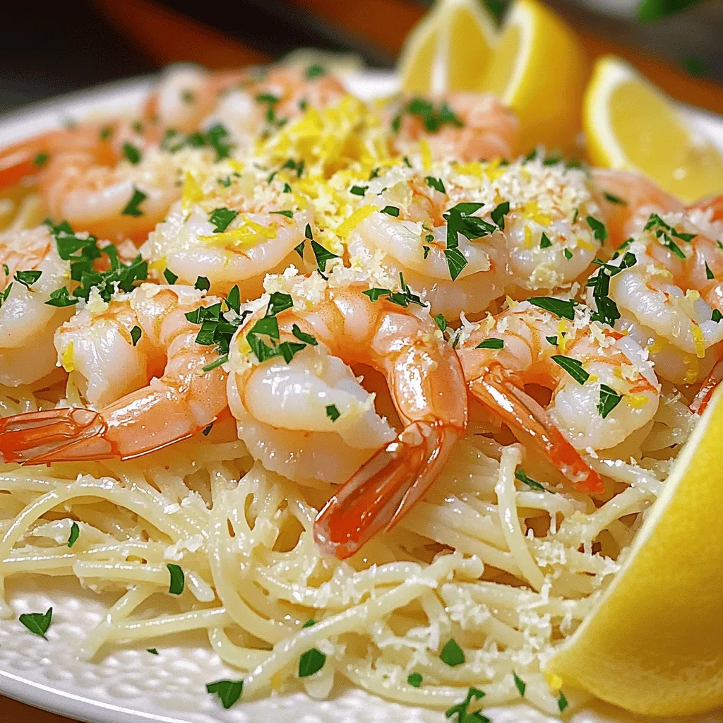 - 1 pound large shrimp, peeled and deveined - 4 tablespoons unsalted butter - 4 cloves garlic, finely minced - Zest and juice of 1 fresh lemon - 1 teaspoon red pepper flakes (optional) - Salt and freshly ground black pepper - 2 tablespoons fresh parsley, finely chopped - Cooked pasta or rice, for serving - Additional garnish options (e.g. parsley, lemon wedges) Lemon garlic butter shrimp is a simple dish with big flavor! Start with fresh shrimp. You want them large, peeled, and deveined for the best taste. The butter gives richness, while garlic adds a fragrant punch. Fresh lemon zest and juice brighten the dish. These ingredients work well together. You can also add red pepper flakes if you like heat. Now, let’s talk about seasonings. Salt and black pepper enhance the flavors. Fresh parsley adds a pop of color and freshness. When you serve this dish, warm pasta or rice makes a great base. You can also garnish with lemon wedges and extra parsley. This creates a lovely presentation. If you want the full recipe, check it out [here](Full Recipe). - Heat your skillet over medium heat. - Add the unsalted butter and let it melt. - Once melted, watch for it to bubble gently. - Next, add the minced garlic. - Sauté the garlic for about one minute. - Stir often until it smells great and turns lightly golden. - Now, add the peeled and deveined shrimp to the skillet. - Season the shrimp with salt and pepper. - If you like spice, sprinkle in some red pepper flakes. - Cook the shrimp for 2-3 minutes on one side. - Flip the shrimp to cook the other side evenly. - Add the lemon zest and juice as they cook. - Keep cooking until the shrimp are opaque. - Remove the skillet from the heat. - Stir in the chopped parsley for a fresh taste. - Serve the shrimp over warm pasta or fluffy rice. - Drizzle the leftover lemon-garlic butter sauce on top for extra flavor. - For a lovely presentation, you can garnish with lemon wedges. For more details, check the Full Recipe. - Achieving the perfect shrimp texture: To get tender shrimp, avoid overcooking. Cook them just until they turn pink. This usually takes about 2-3 minutes per side. - Best practices for sautéing garlic: Start with a hot skillet and melted butter. Add minced garlic and stir for about 1 minute. Keep an eye on it so it doesn’t burn; burnt garlic tastes bitter. - Presentation ideas for a beautiful dish: Serve the shrimp in shallow bowls to make it look elegant. Add a sprinkle of parsley on top for color. Include lemon wedges on the side for a fresh touch. - Pairing options with side dishes: Lemon garlic butter shrimp goes well with cooked pasta or fluffy rice. You can also serve it with a side salad for a light meal. - Additional herbs or spices to try: Consider adding fresh basil or thyme for extra flavor. These herbs pair well with lemon and shrimp. - Adjusting spice levels with red pepper flakes: If you like heat, add more red pepper flakes. Start with a teaspoon and adjust to your taste. This will make your dish more exciting! For more details, check the Full Recipe. {{image_4}} You can change the seafood in this recipe. Try scallops or even crab. These swaps add new tastes while keeping the dish simple. If you want a healthier fat, swap butter for olive oil. Olive oil works well and gives a light, fresh flavor. To mix things up, add other citrus flavors. Lime or orange juice can brighten the dish. You can also infuse the recipe with herbs. Try basil or thyme for a different twist. These herbs can make the dish feel more seasonal. If you need a gluten-free option, serve the shrimp over quinoa or zucchini noodles. Both are great gluten-free choices. For a low-calorie meal, cut back on the butter. You can use less or replace it with vegetable broth. This keeps the dish tasty but lighter. After enjoying your lemon garlic butter shrimp, store any leftovers in the fridge. Use an airtight container to keep them fresh. These shrimp will stay good for about 2-3 days. Always check for freshness before eating. To freeze lemon garlic butter shrimp, let them cool completely first. Place them in a freezer-safe bag, removing as much air as possible. They can last for about 2 months in the freezer. When you're ready to eat, thaw the shrimp in the fridge overnight. Reheat them gently in a skillet over low heat. This keeps them tender and tasty. Always ensure your shrimp is safe to eat after storage. Check for any off smells or changes in color. If the shrimp look slimy or smell bad, it’s best to discard them. Trust your senses to keep your meals safe and enjoyable. Cook shrimp for 4-6 minutes. They cook quickly. In a hot skillet, shrimp turn pink when done. Avoid overcooking; it makes them tough. Yes, you can use frozen shrimp. Thaw them first for best results. Place them in cold water for about 15 minutes. This way, they cook evenly and taste fresh. I love serving lemon garlic butter shrimp with: - Cooked pasta - Fluffy rice - Fresh salad - Garlic bread These sides balance the rich flavors well. Check for color and texture. Cooked shrimp turn pink and opaque. They should feel firm but not hard. When in doubt, cut one open. It should be white inside, not translucent. You’ve learned how to make lemon garlic butter shrimp. We covered essential ingredients, easy steps, tips for cooking, and variations to try. Remember to adjust flavors to your taste and pair with your favorite sides. Store leftovers safely for later enjoyment. Cooking shrimp can be simple and satisfying. Enjoy every bite, and don't hesitate to experiment. Whether for a cozy night in or impressing guests, this dish shines every time. Let your kitchen be a place of fun and flavor!