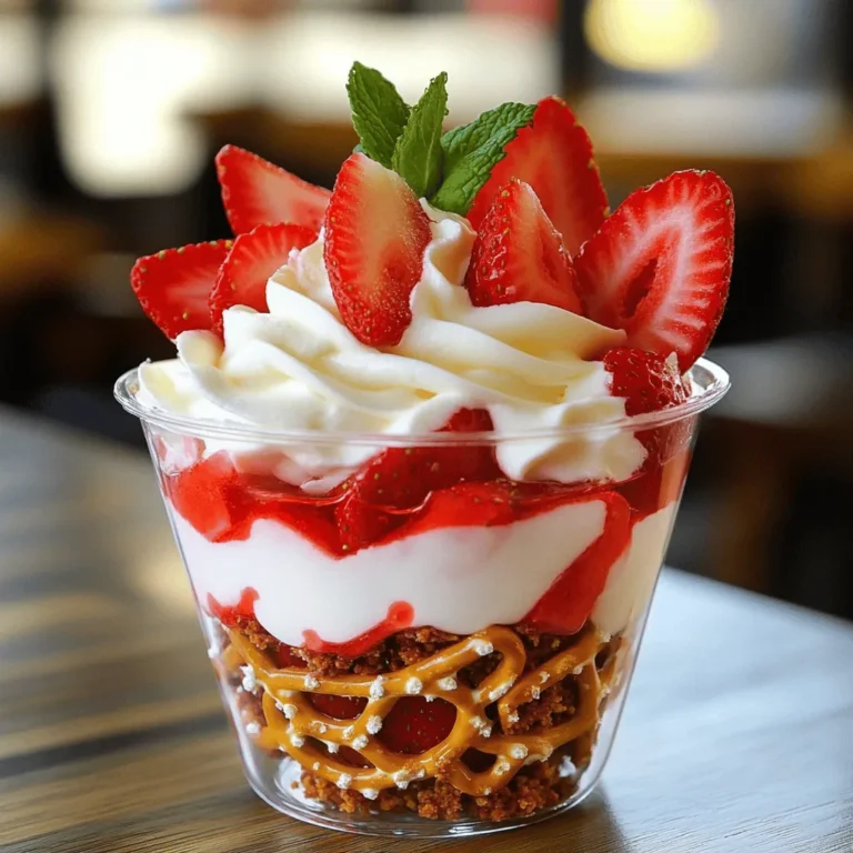 To make Strawberry Pretzel Salad, gather the following ingredients. Each layer adds its own flavor and texture. - 2 cups crushed pretzels - 1/2 cup unsalted butter, melted - 1/4 cup granulated sugar - 8 oz cream cheese, softened - 1 cup powdered sugar - 1 cup whipped topping (like Cool Whip) - 2 cups fresh strawberries, hulled and sliced - 1 cup strawberry gelatin powder - 2 cups boiling water - 2 cups fresh strawberries, sliced for garnish This mix of salty pretzels, sweet cream cheese, and fresh strawberries makes a perfect dessert. Each ingredient plays a key role in creating a delightful dish that everyone loves. The crust provides crunch, while the cream cheese layer adds creaminess. The strawberry layer brings sweetness and color. Enjoy making this tasty treat! First, set your oven to 350°F (175°C). This step gets your oven ready while you prepare the crust. In a mixing bowl, add 2 cups of crushed pretzels, 1/2 cup of melted butter, and 1/4 cup of granulated sugar. Mix these ingredients well. You want every pretzel to be covered in the buttery sugar mixture. In a new bowl, beat 8 oz of softened cream cheese until it is creamy. Add 1 cup of powdered sugar slowly and mix until smooth. Now, fold in 1 cup of whipped topping gently. This will make a light and fluffy layer. In a large bowl, dissolve 1 cup of strawberry gelatin powder in 2 cups of boiling water. Stir it well until the gelatin dissolves completely. Let this mixture cool a bit. Then, gently fold in 2 cups of sliced strawberries. You want them to stay whole for a nice look. Now, pour the strawberry mixture over the cream cheese layer in the baking dish. Use a spatula to smooth it out evenly. Refrigerate the dish for at least 4 hours. This will set the layers and make it firm. For more details, follow the Full Recipe. To make the crust just right, use fresh pretzels. Crush them to a fine texture. This gives a nice crunch. Mix the crushed pretzels with melted butter and sugar. Make sure it is well-combined. Press the mixture firmly into the pan. This helps it hold together when baked. Bake it for ten minutes. Let it cool completely before adding layers. For a creamy filling, start with softened cream cheese. Use an electric mixer for the best results. Beat it until smooth and fluffy. Gradually add powdered sugar. This gives it sweetness without graininess. Finally, fold in whipped topping gently. This keeps the filling light and airy. Make sure to spread it evenly over the cooled crust. Layering is key for great texture. Spread the cream cheese layer first. Let it set before adding the strawberry mixture. When making the strawberry layer, dissolve gelatin in boiling water well. Cool it slightly before adding fresh strawberries. This keeps the fruit whole and colorful. Pour the strawberry mix carefully over the cream cheese layer. Chill it to help all layers set. For more ideas, check out the Full Recipe for further inspiration. {{image_4}} You can change some of the ingredients in Strawberry Pretzel Salad. Here are some ideas: - Use gluten-free pretzels for a gluten-free crust. - Swap cream cheese for Greek yogurt for a lighter option. - Try using honey instead of granulated sugar for a natural sweetener. These swaps make the dish fit more diets. Want to mix things up? Here are some fun ideas: - Use mixed berries like blueberries and raspberries. Just swap the strawberries for equal amounts of these berries. - Try peach or mango gelatin for a tropical twist. - Add a splash of lemon juice to the cream cheese for a zesty kick. These flavor variations keep the dessert exciting and fresh. If you're looking for a healthier dessert, consider these tips: - Use low-fat cream cheese to reduce calories. - Replace whipped topping with homemade whipped cream. - Add extra fruit for more nutrients and fiber. These options let you enjoy the treat guilt-free while keeping it tasty. For the complete guide, refer to the Full Recipe. To keep your Strawberry Pretzel Salad fresh, store it in an airtight container. This helps prevent any unwanted smells from mixing with your dessert. If you have leftovers, cover the dish tightly with plastic wrap. Make sure the cream cheese layer is well-protected to avoid drying out. You can keep your Strawberry Pretzel Salad in the fridge for about 3 to 5 days. The key is to ensure it is well-covered. This way, the flavors stay fresh, and the dessert remains tasty. If you notice any changes in texture or smell, it’s best to toss it out. Freezing Strawberry Pretzel Salad is not the best option. The texture of the cream cheese layer can change when frozen. If you must freeze it, cut it into squares and wrap each piece tightly. Use plastic wrap followed by aluminum foil. When ready to serve, thaw in the fridge overnight. The quality may not be the same, but it will still taste good. If you want to swap cream cheese, use Greek yogurt. It adds a tangy flavor. Cottage cheese is another good choice. Blend it until smooth for a creamy texture. You can also try vegan cream cheese for a dairy-free option. Each choice gives a unique taste and texture. Yes, you can make this dessert ahead of time. It actually tastes better after chilling overnight. Just prepare the layers as directed. Then, cover the dish well with plastic wrap. Store it in the fridge until you are ready to serve. This helps the flavors blend perfectly. Serve the Strawberry Pretzel Salad chilled for the best taste. Cut it into squares and place them on dessert plates. Add a slice of fresh strawberry on top for color. You can also sprinkle chopped mint leaves for a fresh touch. For more ideas, check out the Full Recipe for creative serving options. In this post, we covered how to make a delicious Strawberry Pretzel Salad. We listed all the ingredients, shared easy steps, and shared tips for a perfect dish. You can try different flavors or make healthier swaps to suit your taste. Remember to store it properly to keep it fresh. With these tips, you’ll create a treat that everyone will want. Enjoy your delicious dessert, and have fun sharing it with friends and family. Happy cooking!