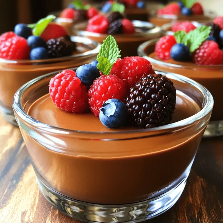 - 1 cup silken tofu, carefully drained - 1/2 cup dark dairy-free chocolate chips - 1/4 cup pure maple syrup - 1 tablespoon pure vanilla extract - 1 tablespoon unsweetened cocoa powder - A pinch of fine sea salt - Fresh mixed berries and mint leaves for an elegant garnish To make the best vegan chocolate mousse, you need a few simple ingredients. First, silken tofu acts as the base. It gives the mousse a creamy texture without dairy. Next, dark dairy-free chocolate chips add rich flavor. They bring that deep chocolate taste we all love. Pure maple syrup sweetens the mousse without overpowering it. For added depth, you will use pure vanilla extract. This ingredient enhances the chocolate flavor. Unsweetened cocoa powder deepens the chocolate notes even more. Finally, a pinch of fine sea salt balances the sweetness. For garnishing, fresh mixed berries and mint leaves add color and freshness. They make your dessert look and taste amazing. You can find the full recipe above to create this delightful treat. Melt the dark dairy-free chocolate chips first. You can use either the microwave or a double boiler. - Microwave Method: Place chocolate chips in a microwave-safe bowl. Heat for 20 seconds. Stir and heat again until melted. Repeat until smooth. - Double Boiler Method: Boil water in a pan. Place a bowl over the pan. Add chocolate chips to the bowl. Stir until melted. Set aside to cool. Next, combine all your ingredients in a blender. Add the drained silken tofu, cooled melted chocolate, maple syrup, vanilla, cocoa powder, and a pinch of salt. Blend on high speed. Stop to scrape the sides if needed. Blend until creamy and smooth. After blending, taste the mousse. If it needs more sweetness, add some maple syrup. Blend again to mix well. Spoon the mousse into serving dishes or a bowl. Smooth the tops with a spatula for a nice finish. Finally, chill the mousse in the fridge for at least 30 minutes. This helps it set and become creamy. When ready to serve, add fresh berries and mint on top for a bright touch. Enjoy your delicious vegan chocolate mousse! For the full recipe, check out the earlier section. Using silken tofu is key to a smooth mousse. Silken tofu gives your mousse a creamy base. It blends easily and creates a rich texture. Always drain the tofu well before use. This removes excess water and helps prevent a watery mousse. Chilling your mousse is just as important. After blending, let it cool in the fridge for at least 30 minutes. This step firms up the mousse and enhances its flavor. The longer it chills, the better the texture becomes. You can easily adjust the sweetness of your mousse. If you like it sweeter, add more maple syrup. Blend again to mix it well. Taste as you go to find your perfect level of sweetness. If you want alternatives to maple syrup, try agave syrup or date syrup. Both provide sweetness and have their unique flavors. You can even use coconut sugar for a different taste. Just remember to blend well for an even mix. Serving your mousse can be fun and creative. Consider using small jars or glasses for individual servings. This adds charm and makes it easy to share. You can also layer the mousse with fresh berries for a stunning look. Garnishing is key for that elegant touch. Top your mousse with fresh mixed berries and mint leaves. This adds color and freshness to your dish. A sprinkle of cocoa powder or shaved chocolate can also enhance the look. {{image_4}} You can easily change the taste of your vegan chocolate mousse. One fun way is to add espresso or coffee flavor. Simply mix in a shot of strong espresso or a teaspoon of instant coffee when blending your mousse. This adds a rich depth and makes it taste even more decadent. Another great option is infusing your mousse with citrus zest. Try adding the zest of an orange or a lemon. Just a teaspoon will brighten the flavor. The citrus cuts through the sweetness and gives a fresh twist. Layering your mousse can make it even better. You can layer it with fruits or nuts. Fresh berries like strawberries or raspberries add a nice tartness. Chopped nuts like almonds or hazelnuts give a delightful crunch. Just add a layer of mousse, then a layer of your choice, and repeat. Another fun idea is to incorporate a granola base. Start with a layer of granola in your serving dish. Then, add a generous layer of mousse on top. It creates a tasty texture contrast and looks lovely in a clear dish. For the full recipe, check the earlier section. Enjoy these variations and make your mousse unique! To keep your vegan chocolate mousse fresh, use airtight containers. Glass or plastic containers both work well. Make sure the lid seals tightly to keep out air. Store the mousse in the fridge right after chilling. This will help it stay creamy and delicious. Your mousse stays fresh for about 3 to 5 days in the fridge. After that, it may lose its texture and flavor. Look for signs that it has spoiled. If you see any mold or an off smell, it’s time to toss it. Always trust your senses; if it looks or smells bad, don’t eat it. Yes, you can make this mousse ahead of time. I often prepare it a day in advance. This allows the flavors to meld and the texture to set nicely. Just store it in an airtight container in the fridge. It will stay fresh for up to three days. Silken tofu is very healthy. It is low in calories and high in protein. It contains essential amino acids, which are great for muscle repair. It also has calcium, which is good for bones. The fats in silken tofu are healthy fats, making it a great choice for a vegan diet. Yes, you can use other types of chocolate. If you want a sweeter mousse, try using semi-sweet chocolate. For a richer taste, use dark chocolate with a higher cocoa percentage. You can even try white chocolate, but make sure it is dairy-free. Just remember, the flavor will change a bit with different chocolates. This blog post covered how to make a delicious vegan chocolate mousse. We discussed key ingredients like silken tofu and dairy-free chocolate chips. I shared step-by-step methods for preparing and blending your mousse. You can customize sweetness and add fun flavors. Remember to chill for the best texture. Store it properly to keep it fresh. Enjoy exploring different variations for your own unique treat!