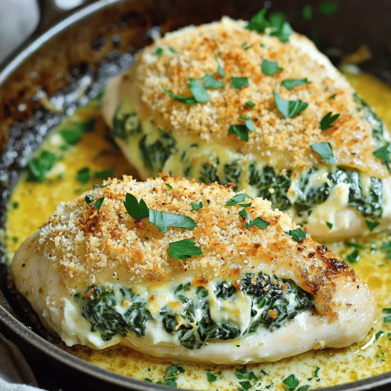 To make this dish, you'll need a few key items. Here’s the list: - 4 boneless, skinless chicken breasts - 2 cups fresh spinach, finely chopped - 1 cup cream cheese, brought to room temperature - ½ cup grated Parmesan cheese - 1 teaspoon garlic powder - 1 teaspoon onion powder - ½ teaspoon salt - ½ teaspoon freshly ground black pepper - 1 tablespoon olive oil These main ingredients create a rich and flavorful filling that will delight your taste buds. For those who want to enhance the dish, consider adding these options: - ½ cup breadcrumbs (for a crunchy topping) - Fresh parsley, chopped, for garnish These optional ingredients add texture and a fresh touch to your meal. You’ll need some basic kitchen tools for this recipe. Gather these items: - A medium mixing bowl - A sharp knife - An oven-safe skillet - A meat thermometer Having the right equipment makes the cooking process smooth and enjoyable. You can find the full recipe for Creamy Spinach Stuffed Chicken in the earlier sections. Start by gathering your ingredients. You will need fresh spinach, cream cheese, and Parmesan cheese. In a medium bowl, mix the chopped spinach with the cream cheese and Parmesan. Add garlic powder, onion powder, salt, and pepper. Stir well until the mixture is smooth and creamy. This filling is rich and packed with flavor. Next, take your chicken breasts. Carefully slice each breast to make a pocket. Be sure not to cut all the way through. This pocket will hold the creamy filling. Use a spoon to fill each pocket with the spinach mixture. Press it down gently to pack it in. If you want extra crunch, sprinkle breadcrumbs on top of the stuffed chicken. Now, it’s time to cook! Heat olive oil in a large oven-safe skillet over medium-high heat. Once hot, add the stuffed chicken breasts. Sear them for about 4-5 minutes on each side until they turn golden brown. After searing, move the skillet to the preheated oven at 375°F (190°C). Bake for 20-25 minutes until the chicken reaches 165°F (75°C). After baking, let the chicken rest for 5 minutes. This helps keep it juicy. Garnish with chopped parsley for a fresh touch. For the full recipe, check the section above. To elevate this dish, I like to mix fresh herbs with simple spices. Try using basil, thyme, or oregano alongside garlic and onion powders. This blend brings out the flavors in the spinach and cheese. You can even add a pinch of red pepper flakes for a slight kick. One common mistake is overcooking the chicken. Always check the internal temperature. It should reach 165°F (75°C) for safe eating. Another pitfall is not sealing the chicken pocket well. Ensure your filling is packed tight, so it doesn't spill out while cooking. To get juicy chicken, start with even-sized breasts. If they vary, pound them to an even thickness. This helps them cook evenly. When searing, don’t rush. Let the chicken develop a golden crust before flipping. This step also adds flavor. For the final cooking, use a meat thermometer for accuracy. Trust me, it makes a big difference! For the full recipe, check out the detailed instructions above. {{image_4}} You can change the filling to match your taste. Try adding cooked mushrooms or sun-dried tomatoes for a rich twist. You might also like using feta cheese instead of Parmesan for a tangy kick. For a spicy touch, mix in some jalapeños or red pepper flakes. Each option gives the dish a new flavor that is still creamy and delicious. You can grill or bake your stuffed chicken. Grilling adds a smoky flavor, while baking keeps it juicy. For grilling, preheat your grill to medium heat. Cook the stuffed chicken for about 6-8 minutes on each side. If you bake, follow the oven instructions from the Full Recipe. Both methods work well, so choose what fits your mood! If you need a dairy-free version, use a plant-based cream cheese. This swap keeps the creaminess intact. For a low-carb option, skip the breadcrumbs and use crushed nuts for crunch. If you follow a gluten-free diet, choose gluten-free breadcrumbs or leave them out altogether. These easy changes help everyone enjoy this tasty meal. After you enjoy your meal, let the chicken cool. Place leftovers in an airtight container. This keeps the chicken fresh and safe. Store it in the fridge for up to three days. If you want to keep it longer, you can freeze it. To reheat your creamy spinach stuffed chicken, preheat the oven to 350°F (175°C). Place the chicken in an oven-safe dish. Add a splash of water or broth to keep it moist. Cover it with foil to prevent drying out. Heat for about 20 minutes or until hot. You can also use a microwave for quicker reheating, but the oven helps keep the chicken juicy. If you want to meal prep, this dish freezes well. Wrap each stuffed chicken breast tightly in plastic wrap. Then, place them in a freezer bag. Be sure to label the bag with the date. You can freeze them for up to three months. When ready to eat, thaw the chicken in the fridge overnight before reheating. For quick meals, the creamy spinach stuffed chicken is always a delicious choice. For the full recipe, check the earlier section! Creamy Spinach Stuffed Chicken tastes great with many sides. Here are my top picks: - Garlic mashed potatoes - Roasted sweet potatoes - Steamed green beans - Sautéed asparagus - Mixed green salad Each of these adds flavor and texture. They balance the rich, creamy chicken. Yes, you can use frozen spinach. Just make sure to thaw and drain it well. Frozen spinach has a lot of water, so draining is key. This helps keep the filling creamy, not watery. The best way is to check the internal temperature. Use a meat thermometer. The chicken must reach 165°F (75°C) to be safe. You can also check the juices. They should run clear, not pink. If you cut into the chicken, the meat should be white with no pink spots. For a full experience, try the Full Recipe for Creamy Spinach Stuffed Chicken. Enjoy! Creamy spinach stuffed chicken is a delightful dish you can make at home. We explored its ingredients, preparation steps, and cooking tips. I shared ways to avoid mistakes and ensure your chicken is juicy. You learned about fun variations and how to store your leftovers. This dish is not just easy to cook; it’s also perfect for any meal. Try it out to impress yourself and others! Your kitchen will feel like a gourmet restaurant. Enjoy cooking and savor every bite!