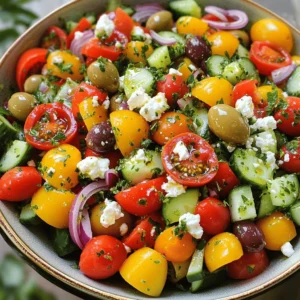 Creating an easy Greek salad is all about fresh ingredients. Here’s what you need: - 2 cups cherry tomatoes, halved - 1 medium cucumber, diced - 1 bell pepper (red or yellow), chopped into bite-sized pieces - 1/2 medium red onion, thinly sliced Fresh produce is the heart of this salad. Cherry tomatoes add sweetness and color. Cucumbers bring a nice crunch. Bell peppers add a sweet flavor, and red onion gives it a bit of bite. - 1 cup Kalamata olives, pitted and halved - 1 cup feta cheese, crumbled into small pieces Kalamata olives have a rich taste. They add saltiness to the salad. Feta cheese is creamy and tangy, making the salad even better. - 1/4 cup extra virgin olive oil - 2 tablespoons red wine vinegar (or apple cider vinegar for a milder flavor) - 1 teaspoon dried oregano - Salt and black pepper, to taste The dressing brings all the flavors together. Extra virgin olive oil is smooth and rich. Red wine vinegar adds a nice zing. Dried oregano gives it an earthy touch. Don't forget to season with salt and pepper. For the full recipe, check out the Mediterranean Bliss Greek Salad 🥗. It's simple to make and packed with flavor! Start by gathering your fresh ingredients. You will need cherry tomatoes, cucumber, bell pepper, and red onion. 1. In a large salad bowl, combine the halved cherry tomatoes and diced cucumber. 2. Next, add the chopped bell pepper and thinly sliced red onion. 3. Gently mix everything together to ensure even distribution. The colors will be bright and inviting, setting the stage for a tasty salad. Next, let’s create a tasty dressing. This dressing will bring out the flavors of the salad. 1. In a small mixing bowl, whisk together the extra virgin olive oil and red wine vinegar. 2. Add the dried oregano, salt, and black pepper. 3. Keep whisking until the dressing becomes creamy and well blended. This step is key! A well-emulsified dressing will coat the salad perfectly. Now, it’s time to bring everything together. 1. Drizzle the dressing over the salad mixture. Use tongs or a large spoon to toss everything gently. 2. Make sure the vegetables and feta cheese are evenly coated. 3. Let the salad sit for about 10 minutes at room temperature. This resting time allows the flavors to meld beautifully. Right before serving, add a garnish of fresh parsley or mint leaves for that extra touch. Enjoy your Easy Greek Salad! For the complete recipe, check out the Full Recipe. To make your Easy Greek Salad shine, let it rest for a bit. After you mix all the ingredients, set the salad aside for about ten minutes. This short time allows the flavors to blend perfectly. You will notice a big taste boost! Serving the salad on a colorful platter makes it pop. Use a large dish to show off the vibrant colors. Drizzle a little extra olive oil on top for shine. You can also add more feta and fresh herbs for a lovely finish. This makes your salad look as good as it tastes! Using fresh, high-quality ingredients is key. Choose ripe cherry tomatoes and crunchy cucumbers. Fresh feta cheese and Kalamata olives will make a huge difference. When your ingredients are the best, your salad will be too. Remember, great taste starts with great quality! {{image_4}} You can change the olives and cheese in the salad. If you don’t like Kalamata olives, use green olives. They add a different flavor but still taste great. For cheese, try using goat cheese instead of feta. Goat cheese gives a creamy touch and a nice tang. You can also skip the cheese if you want a lighter salad. Seasonal veggies make the salad fresh and exciting. In summer, add diced zucchini or ripe avocado. In fall, try roasted butternut squash for a warm flavor. Using what’s in season means better taste and nutrition. Plus, it keeps your salad unique every time you make it. You can add herbs and spices for a fun twist. Fresh basil or dill brightens the dish. If you like heat, try a pinch of red pepper flakes. For a citrusy kick, add lemon zest to the dressing. These small changes can take your salad from good to amazing! For the full recipe, check out the Mediterranean Bliss Greek Salad. To store your Greek salad, place it in an airtight container. This keeps it fresh and tasty. If you have leftover dressing, keep it separate. This way, your salad won't get soggy. Use the salad within three days for the best flavor. Greek salad stays fresh for about three days in the fridge. After that, the veggies may lose their crunch. The olives and feta can last a bit longer, but the salad is best enjoyed fresh. You don't need to reheat Greek salad. It tastes best cold. If you want to enjoy it warm, try adding the salad to a skillet. Heat it gently for a minute. This way, you can warm the flavors without cooking the veggies. For the best experience, serve it fresh from the fridge or at room temperature. Enjoy your Mediterranean Bliss Greek Salad with your favorite dishes! Check the Full Recipe for more details. You can serve Greek salad on a large, colorful platter. I love using a bright dish to make the colors pop. Drizzle a bit of extra olive oil on top. Sprinkle more feta cheese and herbs for a lovely finish. This makes the salad inviting and beautiful. You can also serve it in individual bowls for a fun touch. Yes, you can prepare Greek salad ahead of time. Just keep some tips in mind. Chop your veggies and mix them, but wait to add olives and feta. This keeps them fresh and flavorful. Prepare the dressing separately. Mix it in just before serving. Letting the salad sit for about 10 minutes before serving helps the flavors combine nicely. Greek salad is quite healthy! It has many fresh veggies, and they are low in calories. The olive oil provides healthy fats, and feta cheese adds protein. Kalamata olives offer a good source of antioxidants. Overall, it is a great choice for a light meal or side. Enjoy this Mediterranean dish without guilt. This blog post showed how to make a fresh Greek salad. We discussed key ingredients like veggies, cheese, and olives. You learned how to prepare the salad and make a tasty dressing. Tips for flavor and serving made your dish shine. You can even customize it to fit your taste and season. Remember to store leftovers properly for the best flavor later. Enjoy your salad, knowing it’s both healthy and delicious!