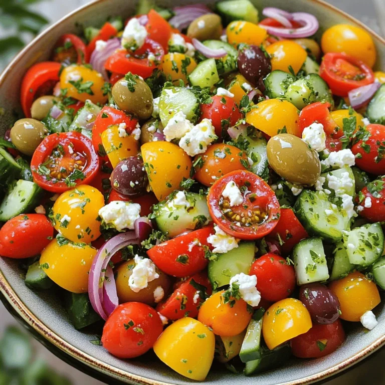 Creating an easy Greek salad is all about fresh ingredients. Here’s what you need: - 2 cups cherry tomatoes, halved - 1 medium cucumber, diced - 1 bell pepper (red or yellow), chopped into bite-sized pieces - 1/2 medium red onion, thinly sliced Fresh produce is the heart of this salad. Cherry tomatoes add sweetness and color. Cucumbers bring a nice crunch. Bell peppers add a sweet flavor, and red onion gives it a bit of bite. - 1 cup Kalamata olives, pitted and halved - 1 cup feta cheese, crumbled into small pieces Kalamata olives have a rich taste. They add saltiness to the salad. Feta cheese is creamy and tangy, making the salad even better. - 1/4 cup extra virgin olive oil - 2 tablespoons red wine vinegar (or apple cider vinegar for a milder flavor) - 1 teaspoon dried oregano - Salt and black pepper, to taste The dressing brings all the flavors together. Extra virgin olive oil is smooth and rich. Red wine vinegar adds a nice zing. Dried oregano gives it an earthy touch. Don't forget to season with salt and pepper. For the full recipe, check out the Mediterranean Bliss Greek Salad 🥗. It's simple to make and packed with flavor! Start by gathering your fresh ingredients. You will need cherry tomatoes, cucumber, bell pepper, and red onion. 1. In a large salad bowl, combine the halved cherry tomatoes and diced cucumber. 2. Next, add the chopped bell pepper and thinly sliced red onion. 3. Gently mix everything together to ensure even distribution. The colors will be bright and inviting, setting the stage for a tasty salad. Next, let’s create a tasty dressing. This dressing will bring out the flavors of the salad. 1. In a small mixing bowl, whisk together the extra virgin olive oil and red wine vinegar. 2. Add the dried oregano, salt, and black pepper. 3. Keep whisking until the dressing becomes creamy and well blended. This step is key! A well-emulsified dressing will coat the salad perfectly. Now, it’s time to bring everything together. 1. Drizzle the dressing over the salad mixture. Use tongs or a large spoon to toss everything gently. 2. Make sure the vegetables and feta cheese are evenly coated. 3. Let the salad sit for about 10 minutes at room temperature. This resting time allows the flavors to meld beautifully. Right before serving, add a garnish of fresh parsley or mint leaves for that extra touch. Enjoy your Easy Greek Salad! For the complete recipe, check out the Full Recipe. To make your Easy Greek Salad shine, let it rest for a bit. After you mix all the ingredients, set the salad aside for about ten minutes. This short time allows the flavors to blend perfectly. You will notice a big taste boost! Serving the salad on a colorful platter makes it pop. Use a large dish to show off the vibrant colors. Drizzle a little extra olive oil on top for shine. You can also add more feta and fresh herbs for a lovely finish. This makes your salad look as good as it tastes! Using fresh, high-quality ingredients is key. Choose ripe cherry tomatoes and crunchy cucumbers. Fresh feta cheese and Kalamata olives will make a huge difference. When your ingredients are the best, your salad will be too. Remember, great taste starts with great quality! {{image_4}} You can change the olives and cheese in the salad. If you don’t like Kalamata olives, use green olives. They add a different flavor but still taste great. For cheese, try using goat cheese instead of feta. Goat cheese gives a creamy touch and a nice tang. You can also skip the cheese if you want a lighter salad. Seasonal veggies make the salad fresh and exciting. In summer, add diced zucchini or ripe avocado. In fall, try roasted butternut squash for a warm flavor. Using what’s in season means better taste and nutrition. Plus, it keeps your salad unique every time you make it. You can add herbs and spices for a fun twist. Fresh basil or dill brightens the dish. If you like heat, try a pinch of red pepper flakes. For a citrusy kick, add lemon zest to the dressing. These small changes can take your salad from good to amazing! For the full recipe, check out the Mediterranean Bliss Greek Salad. To store your Greek salad, place it in an airtight container. This keeps it fresh and tasty. If you have leftover dressing, keep it separate. This way, your salad won't get soggy. Use the salad within three days for the best flavor. Greek salad stays fresh for about three days in the fridge. After that, the veggies may lose their crunch. The olives and feta can last a bit longer, but the salad is best enjoyed fresh. You don't need to reheat Greek salad. It tastes best cold. If you want to enjoy it warm, try adding the salad to a skillet. Heat it gently for a minute. This way, you can warm the flavors without cooking the veggies. For the best experience, serve it fresh from the fridge or at room temperature. Enjoy your Mediterranean Bliss Greek Salad with your favorite dishes! Check the Full Recipe for more details. You can serve Greek salad on a large, colorful platter. I love using a bright dish to make the colors pop. Drizzle a bit of extra olive oil on top. Sprinkle more feta cheese and herbs for a lovely finish. This makes the salad inviting and beautiful. You can also serve it in individual bowls for a fun touch. Yes, you can prepare Greek salad ahead of time. Just keep some tips in mind. Chop your veggies and mix them, but wait to add olives and feta. This keeps them fresh and flavorful. Prepare the dressing separately. Mix it in just before serving. Letting the salad sit for about 10 minutes before serving helps the flavors combine nicely. Greek salad is quite healthy! It has many fresh veggies, and they are low in calories. The olive oil provides healthy fats, and feta cheese adds protein. Kalamata olives offer a good source of antioxidants. Overall, it is a great choice for a light meal or side. Enjoy this Mediterranean dish without guilt. This blog post showed how to make a fresh Greek salad. We discussed key ingredients like veggies, cheese, and olives. You learned how to prepare the salad and make a tasty dressing. Tips for flavor and serving made your dish shine. You can even customize it to fit your taste and season. Remember to store leftovers properly for the best flavor later. Enjoy your salad, knowing it’s both healthy and delicious!