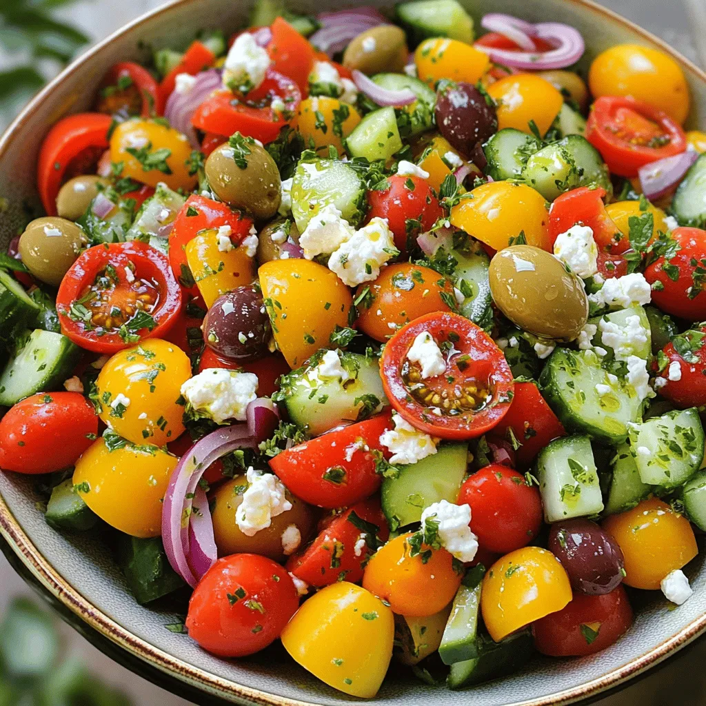 Creating an easy Greek salad is all about fresh ingredients. Here’s what you need: - 2 cups cherry tomatoes, halved - 1 medium cucumber, diced - 1 bell pepper (red or yellow), chopped into bite-sized pieces - 1/2 medium red onion, thinly sliced Fresh produce is the heart of this salad. Cherry tomatoes add sweetness and color. Cucumbers bring a nice crunch. Bell peppers add a sweet flavor, and red onion gives it a bit of bite. - 1 cup Kalamata olives, pitted and halved - 1 cup feta cheese, crumbled into small pieces Kalamata olives have a rich taste. They add saltiness to the salad. Feta cheese is creamy and tangy, making the salad even better. - 1/4 cup extra virgin olive oil - 2 tablespoons red wine vinegar (or apple cider vinegar for a milder flavor) - 1 teaspoon dried oregano - Salt and black pepper, to taste The dressing brings all the flavors together. Extra virgin olive oil is smooth and rich. Red wine vinegar adds a nice zing. Dried oregano gives it an earthy touch. Don't forget to season with salt and pepper. For the full recipe, check out the Mediterranean Bliss Greek Salad 🥗. It's simple to make and packed with flavor! Start by gathering your fresh ingredients. You will need cherry tomatoes, cucumber, bell pepper, and red onion. 1. In a large salad bowl, combine the halved cherry tomatoes and diced cucumber. 2. Next, add the chopped bell pepper and thinly sliced red onion. 3. Gently mix everything together to ensure even distribution. The colors will be bright and inviting, setting the stage for a tasty salad. Next, let’s create a tasty dressing. This dressing will bring out the flavors of the salad. 1. In a small mixing bowl, whisk together the extra virgin olive oil and red wine vinegar. 2. Add the dried oregano, salt, and black pepper. 3. Keep whisking until the dressing becomes creamy and well blended. This step is key! A well-emulsified dressing will coat the salad perfectly. Now, it’s time to bring everything together. 1. Drizzle the dressing over the salad mixture. Use tongs or a large spoon to toss everything gently. 2. Make sure the vegetables and feta cheese are evenly coated. 3. Let the salad sit for about 10 minutes at room temperature. This resting time allows the flavors to meld beautifully. Right before serving, add a garnish of fresh parsley or mint leaves for that extra touch. Enjoy your Easy Greek Salad! For the complete recipe, check out the Full Recipe. To make your Easy Greek Salad shine, let it rest for a bit. After you mix all the ingredients, set the salad aside for about ten minutes. This short time allows the flavors to blend perfectly. You will notice a big taste boost! Serving the salad on a colorful platter makes it pop. Use a large dish to show off the vibrant colors. Drizzle a little extra olive oil on top for shine. You can also add more feta and fresh herbs for a lovely finish. This makes your salad look as good as it tastes! Using fresh, high-quality ingredients is key. Choose ripe cherry tomatoes and crunchy cucumbers. Fresh feta cheese and Kalamata olives will make a huge difference. When your ingredients are the best, your salad will be too. Remember, great taste starts with great quality! {{image_4}} You can change the olives and cheese in the salad. If you don’t like Kalamata olives, use green olives. They add a different flavor but still taste great. For cheese, try using goat cheese instead of feta. Goat cheese gives a creamy touch and a nice tang. You can also skip the cheese if you want a lighter salad. Seasonal veggies make the salad fresh and exciting. In summer, add diced zucchini or ripe avocado. In fall, try roasted butternut squash for a warm flavor. Using what’s in season means better taste and nutrition. Plus, it keeps your salad unique every time you make it. You can add herbs and spices for a fun twist. Fresh basil or dill brightens the dish. If you like heat, try a pinch of red pepper flakes. For a citrusy kick, add lemon zest to the dressing. These small changes can take your salad from good to amazing! For the full recipe, check out the Mediterranean Bliss Greek Salad. To store your Greek salad, place it in an airtight container. This keeps it fresh and tasty. If you have leftover dressing, keep it separate. This way, your salad won't get soggy. Use the salad within three days for the best flavor. Greek salad stays fresh for about three days in the fridge. After that, the veggies may lose their crunch. The olives and feta can last a bit longer, but the salad is best enjoyed fresh. You don't need to reheat Greek salad. It tastes best cold. If you want to enjoy it warm, try adding the salad to a skillet. Heat it gently for a minute. This way, you can warm the flavors without cooking the veggies. For the best experience, serve it fresh from the fridge or at room temperature. Enjoy your Mediterranean Bliss Greek Salad with your favorite dishes! Check the Full Recipe for more details. You can serve Greek salad on a large, colorful platter. I love using a bright dish to make the colors pop. Drizzle a bit of extra olive oil on top. Sprinkle more feta cheese and herbs for a lovely finish. This makes the salad inviting and beautiful. You can also serve it in individual bowls for a fun touch. Yes, you can prepare Greek salad ahead of time. Just keep some tips in mind. Chop your veggies and mix them, but wait to add olives and feta. This keeps them fresh and flavorful. Prepare the dressing separately. Mix it in just before serving. Letting the salad sit for about 10 minutes before serving helps the flavors combine nicely. Greek salad is quite healthy! It has many fresh veggies, and they are low in calories. The olive oil provides healthy fats, and feta cheese adds protein. Kalamata olives offer a good source of antioxidants. Overall, it is a great choice for a light meal or side. Enjoy this Mediterranean dish without guilt. This blog post showed how to make a fresh Greek salad. We discussed key ingredients like veggies, cheese, and olives. You learned how to prepare the salad and make a tasty dressing. Tips for flavor and serving made your dish shine. You can even customize it to fit your taste and season. Remember to store leftovers properly for the best flavor later. Enjoy your salad, knowing it’s both healthy and delicious!
