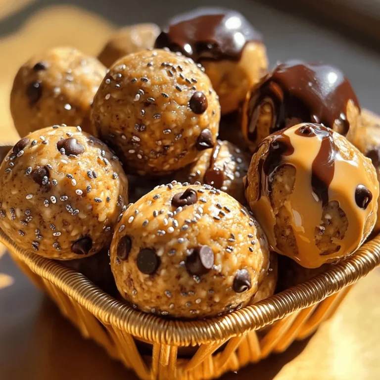 To make peanut butter protein balls, you need a few simple ingredients. Here’s the detailed list: - 1 cup natural peanut butter - 1/2 cup rolled oats - 1/2 cup honey or maple syrup - 1/4 cup protein powder - 1/4 cup mini dark chocolate chips - 1/4 cup chia seeds - 1/4 cup ground flaxseed - 1/2 teaspoon vanilla extract - A pinch of salt Natural peanut butter works best. It gives a rich taste and creamy texture. You can choose smooth or crunchy based on what you like. Rolled oats add fiber. They help keep you full and satisfied. Honey or maple syrup provides sweetness. You can use maple syrup for a vegan version. Protein powder boosts the protein content. Choose vanilla or chocolate to match your taste. Mini dark chocolate chips add a sweet touch. They also make the balls more fun to eat! Chia seeds and ground flaxseed are excellent for health. They add omega-3 fatty acids and fiber. Vanilla extract enhances the flavor, while a pinch of salt balances the sweetness. These ingredients come together to create a healthy and energizing snack. You can find the full recipe in the recipe section. Enjoy making these tasty bites! Mixing the Base Ingredients Start by placing 1 cup of natural peanut butter in a large mixing bowl. Add 1/2 cup of honey or maple syrup to the bowl. Stir these two together until they form a smooth and creamy mix. This step is important as it creates the base for your protein balls. Incorporating Dry Ingredients Next, gradually add in the rolled oats, protein powder, chia seeds, and ground flaxseed. Use a spatula or wooden spoon to mix everything well. Make sure all the dry ingredients blend into the peanut butter mixture. It should create a thick and sticky dough. Shaping the Protein Balls With clean hands, take small portions of the dough. Roll them into balls about 1 inch in size. If the dough feels sticky, wet your hands lightly with water. This will help you roll the balls more easily. Setting in the Refrigerator Arrange the rolled balls on a parchment-lined tray. Place the tray in the refrigerator for at least 30 minutes. This step lets the protein balls firm up and hold their shape. Once set, you can store them in an airtight container. For freshness, keep them in the fridge for up to one week or freeze for longer storage. For the full recipe, see the recipe section above. Refrigeration Tips Store your peanut butter protein balls in an airtight container. They stay fresh for up to one week when chilled. Keeping them cold helps maintain their shape and flavor. Freezing for Longer Shelf Life For longer storage, freeze the protein balls. Place them in a freezer-safe bag or container. They can last for up to three months in the freezer. Remember to label the bags with the date for easy tracking. Managing Stickiness During Rolling Sometimes the mixture gets sticky. A quick fix is to wet your hands with a little water. This trick makes rolling the balls easier and less messy. You can also use a small scoop to portion out the dough evenly. Choosing the Right Peanut Butter Select natural peanut butter without added sugar or oils. This choice keeps your balls healthy and tasty. Smooth peanut butter yields a creamy texture, while crunchy adds a fun bite. Adding Spices or Extracts Boost the flavor by adding spices like cinnamon or nutmeg. A splash of almond or coconut extract can also add a unique twist. Just a little goes a long way in enhancing the taste! Substitute Options for Sweeteners If you want to lower sugar, swap honey for mashed bananas or unsweetened applesauce. Maple syrup is a great vegan option too. Experiment to find the sweetness level that suits you! {{image_4}} Chocolate Chip Variations You can make these protein balls even better by adding chocolate chips. I love using mini dark chocolate chips because they give a nice sweetness without being too much. You can also try using white chocolate chips for a different taste. If you want to be really creative, use flavored chocolate chips, like mint or peanut butter. This way, each bite offers a fun twist! Nut and Seed Additions Adding nuts and seeds can boost flavor and texture. Chopped almonds or walnuts add crunch. You can also toss in sunflower seeds or pumpkin seeds for extra nutrition. These ingredients pack a punch of healthy fats and proteins. Play around with different combinations to find what you love most! Vegan-friendly Choices If you follow a vegan diet, it’s easy to make these protein balls work for you. Just swap honey for maple syrup. This keeps the sweetness intact and keeps it plant-based. You can also choose vegan protein powder to keep the protein content high without animal products. Gluten-Free Substitutes For a gluten-free option, use gluten-free oats. They work just as well in the recipe. Make sure your protein powder is gluten-free too. This way, you can enjoy these snacks without worrying about gluten. They’ll still taste amazing and give you the energy you need! Feel free to check out the Full Recipe for more details on how to create these delicious and energizing snacks! Macronutrient Content Per Serving Each peanut butter protein ball has about 100 calories. You get around: - Protein: 4 grams - Fat: 5 grams - Carbohydrates: 10 grams These numbers can change based on your ingredients. For instance, using different sweeteners or protein powders can shift the stats slightly. Health Benefits of Key Ingredients - Peanut Butter: Rich in healthy fats and protein. It helps you feel full. - Oats: These offer fiber, which aids digestion. They also provide long-lasting energy. - Chia Seeds: Packed with omega-3s, these seeds support heart health. - Flaxseed: Another source of omega-3s, they help in reducing inflammation. Importance of Protein in Snacks Protein is key for muscle repair and growth. It helps keep you full longer. This is why I love adding protein powder to my snacks. It boosts the protein level without changing the taste much. How to Boost Protein Further To increase protein, try these tips: - Use a higher-protein nut butter. - Add more protein powder to the mix. - Toss in some nuts or seeds for extra crunch and protein. These changes can make your snack even better for your health! For the full recipe, check out the Peanut Butter Power Balls 🥜. How long do Peanut Butter Protein Balls last? Peanut Butter Protein Balls can last up to one week in the fridge. For longer storage, freeze them. They keep well for up to three months in the freezer. Just thaw them before you eat. Can I use different nut butters? Yes, you can use other nut butters like almond or cashew. Each nut butter adds a unique flavor. Make sure to choose a natural option without added sugar. Are these protein balls suitable for kids? Absolutely! These protein balls are great for kids. They are tasty, healthy, and easy to make. Just keep an eye on the size so they don’t choke. What can I add for extra flavor? You can add spices like cinnamon or nutmeg. You can also mix in dried fruits or seeds. Experiment with flavors to find what you enjoy. For the complete recipe, you can check the Full Recipe section above. You learned how to make delicious peanut butter protein balls. We covered the key ingredients, easy steps, and storage tips. These protein balls are fun to make and perfect for snacking. You can try different flavors and adjust for diet needs. Remember, these snacks are healthy and packed with protein. They are quick to prepare, tasty, and great for all ages. Enjoy creating your own versions and sharing them with friends!