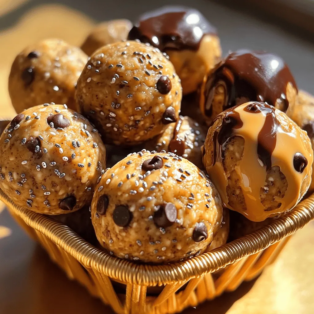 To make peanut butter protein balls, you need a few simple ingredients. Here’s the detailed list: - 1 cup natural peanut butter - 1/2 cup rolled oats - 1/2 cup honey or maple syrup - 1/4 cup protein powder - 1/4 cup mini dark chocolate chips - 1/4 cup chia seeds - 1/4 cup ground flaxseed - 1/2 teaspoon vanilla extract - A pinch of salt Natural peanut butter works best. It gives a rich taste and creamy texture. You can choose smooth or crunchy based on what you like. Rolled oats add fiber. They help keep you full and satisfied. Honey or maple syrup provides sweetness. You can use maple syrup for a vegan version. Protein powder boosts the protein content. Choose vanilla or chocolate to match your taste. Mini dark chocolate chips add a sweet touch. They also make the balls more fun to eat! Chia seeds and ground flaxseed are excellent for health. They add omega-3 fatty acids and fiber. Vanilla extract enhances the flavor, while a pinch of salt balances the sweetness. These ingredients come together to create a healthy and energizing snack. You can find the full recipe in the recipe section. Enjoy making these tasty bites! Mixing the Base Ingredients Start by placing 1 cup of natural peanut butter in a large mixing bowl. Add 1/2 cup of honey or maple syrup to the bowl. Stir these two together until they form a smooth and creamy mix. This step is important as it creates the base for your protein balls. Incorporating Dry Ingredients Next, gradually add in the rolled oats, protein powder, chia seeds, and ground flaxseed. Use a spatula or wooden spoon to mix everything well. Make sure all the dry ingredients blend into the peanut butter mixture. It should create a thick and sticky dough. Shaping the Protein Balls With clean hands, take small portions of the dough. Roll them into balls about 1 inch in size. If the dough feels sticky, wet your hands lightly with water. This will help you roll the balls more easily. Setting in the Refrigerator Arrange the rolled balls on a parchment-lined tray. Place the tray in the refrigerator for at least 30 minutes. This step lets the protein balls firm up and hold their shape. Once set, you can store them in an airtight container. For freshness, keep them in the fridge for up to one week or freeze for longer storage. For the full recipe, see the recipe section above. Refrigeration Tips Store your peanut butter protein balls in an airtight container. They stay fresh for up to one week when chilled. Keeping them cold helps maintain their shape and flavor. Freezing for Longer Shelf Life For longer storage, freeze the protein balls. Place them in a freezer-safe bag or container. They can last for up to three months in the freezer. Remember to label the bags with the date for easy tracking. Managing Stickiness During Rolling Sometimes the mixture gets sticky. A quick fix is to wet your hands with a little water. This trick makes rolling the balls easier and less messy. You can also use a small scoop to portion out the dough evenly. Choosing the Right Peanut Butter Select natural peanut butter without added sugar or oils. This choice keeps your balls healthy and tasty. Smooth peanut butter yields a creamy texture, while crunchy adds a fun bite. Adding Spices or Extracts Boost the flavor by adding spices like cinnamon or nutmeg. A splash of almond or coconut extract can also add a unique twist. Just a little goes a long way in enhancing the taste! Substitute Options for Sweeteners If you want to lower sugar, swap honey for mashed bananas or unsweetened applesauce. Maple syrup is a great vegan option too. Experiment to find the sweetness level that suits you! {{image_4}} Chocolate Chip Variations You can make these protein balls even better by adding chocolate chips. I love using mini dark chocolate chips because they give a nice sweetness without being too much. You can also try using white chocolate chips for a different taste. If you want to be really creative, use flavored chocolate chips, like mint or peanut butter. This way, each bite offers a fun twist! Nut and Seed Additions Adding nuts and seeds can boost flavor and texture. Chopped almonds or walnuts add crunch. You can also toss in sunflower seeds or pumpkin seeds for extra nutrition. These ingredients pack a punch of healthy fats and proteins. Play around with different combinations to find what you love most! Vegan-friendly Choices If you follow a vegan diet, it’s easy to make these protein balls work for you. Just swap honey for maple syrup. This keeps the sweetness intact and keeps it plant-based. You can also choose vegan protein powder to keep the protein content high without animal products. Gluten-Free Substitutes For a gluten-free option, use gluten-free oats. They work just as well in the recipe. Make sure your protein powder is gluten-free too. This way, you can enjoy these snacks without worrying about gluten. They’ll still taste amazing and give you the energy you need! Feel free to check out the Full Recipe for more details on how to create these delicious and energizing snacks! Macronutrient Content Per Serving Each peanut butter protein ball has about 100 calories. You get around: - Protein: 4 grams - Fat: 5 grams - Carbohydrates: 10 grams These numbers can change based on your ingredients. For instance, using different sweeteners or protein powders can shift the stats slightly. Health Benefits of Key Ingredients - Peanut Butter: Rich in healthy fats and protein. It helps you feel full. - Oats: These offer fiber, which aids digestion. They also provide long-lasting energy. - Chia Seeds: Packed with omega-3s, these seeds support heart health. - Flaxseed: Another source of omega-3s, they help in reducing inflammation. Importance of Protein in Snacks Protein is key for muscle repair and growth. It helps keep you full longer. This is why I love adding protein powder to my snacks. It boosts the protein level without changing the taste much. How to Boost Protein Further To increase protein, try these tips: - Use a higher-protein nut butter. - Add more protein powder to the mix. - Toss in some nuts or seeds for extra crunch and protein. These changes can make your snack even better for your health! For the full recipe, check out the Peanut Butter Power Balls 🥜. How long do Peanut Butter Protein Balls last? Peanut Butter Protein Balls can last up to one week in the fridge. For longer storage, freeze them. They keep well for up to three months in the freezer. Just thaw them before you eat. Can I use different nut butters? Yes, you can use other nut butters like almond or cashew. Each nut butter adds a unique flavor. Make sure to choose a natural option without added sugar. Are these protein balls suitable for kids? Absolutely! These protein balls are great for kids. They are tasty, healthy, and easy to make. Just keep an eye on the size so they don’t choke. What can I add for extra flavor? You can add spices like cinnamon or nutmeg. You can also mix in dried fruits or seeds. Experiment with flavors to find what you enjoy. For the complete recipe, you can check the Full Recipe section above. You learned how to make delicious peanut butter protein balls. We covered the key ingredients, easy steps, and storage tips. These protein balls are fun to make and perfect for snacking. You can try different flavors and adjust for diet needs. Remember, these snacks are healthy and packed with protein. They are quick to prepare, tasty, and great for all ages. Enjoy creating your own versions and sharing them with friends!