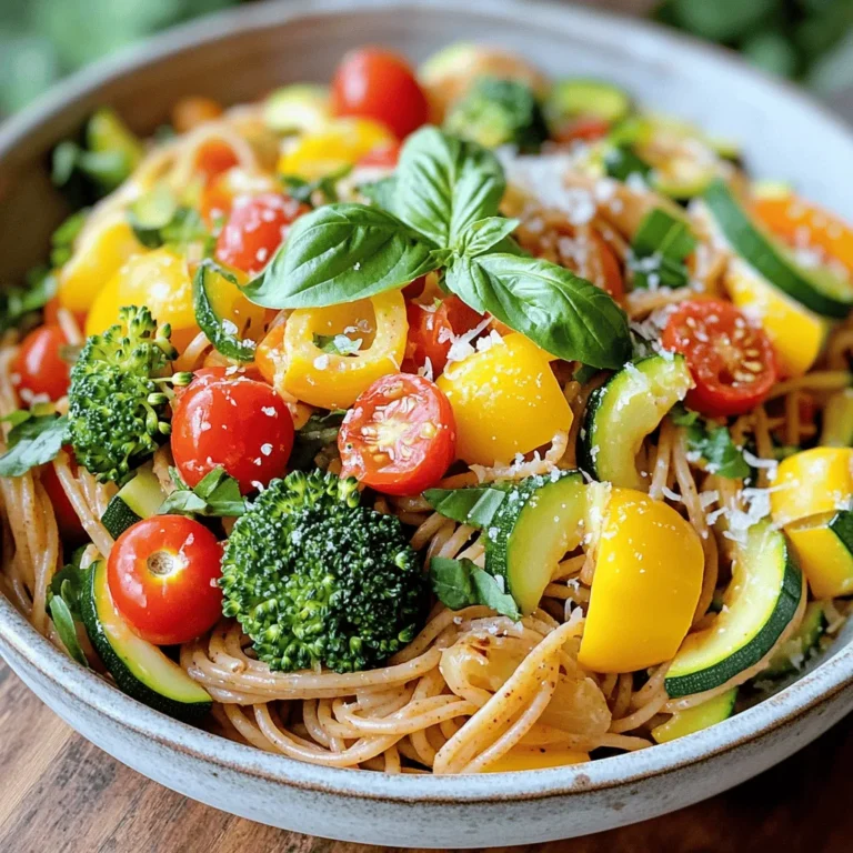 - 8 oz whole wheat pasta - 1 cup cherry tomatoes - 1 medium zucchini - 1 bell pepper - 1 cup broccoli florets - 2 cloves garlic - 3 tablespoons extra virgin olive oil - 1 teaspoon Italian seasoning blend - Salt and freshly ground black pepper - Fresh basil leaves - Grated Parmesan cheese (optional) When I create a meal, I focus on the ingredients. Fresh vegetables make all the difference. They add color and taste to your dish. Whole wheat pasta is also a great choice. It adds fiber and a nutty flavor. I love how it fills you up without feeling heavy. Always choose fresh vegetables for better flavor. Look for bright colors and firm textures. They should not have any soft spots. Fresh veggies also hold more nutrients. Whole wheat pasta offers more benefits than regular pasta. It keeps you full longer and has more vitamins. This makes your meal healthier and more satisfying. If you need gluten-free options, try rice or corn pasta. These work well in this recipe. You can also swap vegetables based on the season. Use asparagus in spring or roasted squash in fall. This way, you can enjoy fresh tastes all year round. To start, bring a large pot of salted water to a boil. The water should be bubbling hard. Add 8 oz of whole wheat pasta to the pot. Cook it according to the package instructions until it's al dente. This means it should have a slight bite when you chew it. Before draining, save 1/2 cup of the pasta water in a bowl. This starchy water helps bind the sauce later. Drain the pasta in a colander, but don't rinse it. Set the pasta aside and let it wait for the next steps. Now, it’s time to sauté the veggies. Take a large skillet and heat 3 tablespoons of extra virgin olive oil over medium heat. When the oil is hot and shimmering, add 2 cloves of minced garlic. Sauté for about 30 seconds. You want the garlic fragrant but not browned. Next, toss in 1 medium zucchini, sliced into half-moons, 1 bell pepper cut into strips, and 1 cup of broccoli florets. Stir them often for 5-7 minutes. You want the veggies to be crisp-tender, keeping their bright colors. After the vegetables are cooked, it's time to add flavor. Stir in 1 cup of halved cherry tomatoes and 1 teaspoon of Italian seasoning. Let this mix cook for 2-3 minutes. The tomatoes should soften a bit but not fall apart. Now, add the drained pasta to the skillet. Gradually mix in the reserved pasta water. Start with a little and add more as needed. You want a nice, saucy blend. Toss everything gently to coat the pasta and veggies evenly. Season with salt and freshly ground black pepper to your taste. To make great pasta primavera, avoid overcooked pasta. Cook it just until it's al dente. This keeps the pasta firm and tasty. Always check the package for cooking times. Enhance flavors with garnishes. Fresh basil adds a nice touch. Consider a sprinkle of grated Parmesan cheese for richness. You can also drizzle a bit of olive oil on top. This makes your dish look and taste better. Preparing ingredients ahead of time helps save you from stress. Chop your vegetables the day before. Store them in the fridge in airtight containers. This way, you can whip up your meal quickly. Using frozen vegetables is a great idea for convenience. They are just as nutritious as fresh ones. You can skip washing and chopping. Just toss them into the skillet when you’re ready to cook. For side dishes, think of a simple salad. A light green salad works well. It adds freshness and crunch. You could also serve garlic bread on the side. It pairs nicely with the pasta. For beverages, try a light white wine. A crisp Sauvignon Blanc goes well with the dish. If you prefer non-alcoholic options, sparkling water with lemon is refreshing. For serving styles, use shallow bowls. This lets the vibrant colors shine. You might also drizzle a bit of olive oil on top. It adds flavor and makes the dish look fancy. For the full recipe, check out the earlier sections for detailed steps. {{image_4}} You can change the vegetables based on the season. In spring, try asparagus or artichokes. Summer brings fresh corn or green beans. In fall, use squash or mushrooms. Winter is great for root veggies like carrots or turnips. Adding proteins can also enhance your dish. Grilled chicken or shrimp pairs well with the veggies. Sauté the protein first, then set it aside. Combine it with the pasta and vegetables for a complete meal. To make it plant-based, skip the Parmesan cheese. Use nutritional yeast for a cheesy flavor. It offers a nice umami punch. For a creamy touch, blend soaked cashews with lemon juice and water. This mix gives a rich, creamy texture. You can also find dairy-free cheeses at stores. They work well for a vegan version. Spices and herbs can bring new life to your dish. Try adding red pepper flakes for heat. Fresh herbs like thyme or parsley can brighten the flavors. For a spicy version, mix in some chili oil. It adds a nice kick without overpowering the other tastes. You can also experiment with different seasoning blends to find your favorite. For the full recipe, check out the main article. To store your leftover pasta primavera, use an airtight container. This keeps the dish fresh longer. Make sure to let it cool down before sealing. In the fridge, it will last about 3 to 4 days. If you want to keep it longer, consider freezing. To reheat your pasta primavera, use a skillet or microwave. If using a skillet, add a splash of water to keep it moist. Heat on medium until warm. For the microwave, cover the bowl with a damp paper towel. This helps retain moisture. To keep the taste fresh, add a little olive oil or fresh herbs before serving. To freeze pasta primavera, let it cool completely first. Then, place it in a freezer-safe container. It can last up to 2 months in the freezer. When ready to eat, thaw it in the fridge overnight. For reheating, use a skillet or microwave, adding a splash of water to ensure it stays flavorful. To make Simple Pasta Primavera, start by cooking the pasta. Boil salted water and add the pasta. Cook it until al dente. Save half a cup of pasta water before draining it. Next, heat olive oil in a skillet over medium heat. Add minced garlic and cook it for 30 seconds. Then, add zucchini, bell pepper, and broccoli. Sauté for 5-7 minutes until the veggies are crisp-tender. Stir in the halved cherry tomatoes and Italian seasoning. Cook for 2-3 more minutes. Finally, mix the pasta with the veggies. Use the reserved pasta water to adjust the sauce. Season with salt and pepper, then serve with fresh basil. You can use many pasta types for this dish. Whole wheat spaghetti or penne works best. These shapes hold the sauce and veggies well. You can also try gluten-free pasta if you want to avoid gluten. Other options include fusilli or farfalle, which add a fun shape. Just make sure to adjust cooking time according to the type of pasta you choose. You can customize Pasta Primavera in many ways. Add your favorite vegetables like carrots or snap peas. Swap in proteins like grilled chicken or shrimp for a heartier meal. You can also use different herbs, such as oregano or parsley, for extra flavor. If you want a kick, try adding some red pepper flakes. Feel free to mix in your favorite cheese, too, for added richness. Pasta Primavera is a healthy dish. It has colorful vegetables that add vitamins and minerals. Whole wheat pasta offers fiber, which helps digestion. Olive oil provides healthy fats, while garlic adds flavor without extra calories. You can make it even healthier by using more veggies and less pasta. Overall, it’s a balanced meal that is both filling and nutritious. This article covered how to make a delicious Pasta Primavera using fresh ingredients. I shared tips on selecting quality vegetables and suggested optional substitutions. You learned the steps to cook pasta perfectly and how to sauté veggies for the best flavor. The tips on meal prep and storage help you enjoy this dish anytime. Remember, you can customize it with seasonal veggies or proteins. Enjoy creating your own version of this tasty meal!