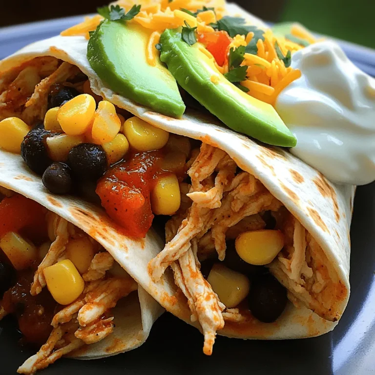 - Chicken and Tortilla Components - 2 cups cooked and shredded chicken breast - 4 large flour tortillas - Vegetables and Spices - 1 tablespoon chipotle peppers in adobo sauce, finely chopped - 1 tablespoon olive oil - 1 teaspoon ground cumin - 1 teaspoon smoked paprika - 1 cup black beans, drained and rinsed - 1 cup corn kernels (can be fresh, canned, or frozen) - 1 cup diced tomatoes - 1/2 cup fresh cilantro, chopped - Salt and freshly cracked pepper, to taste - Optional Toppings - 1 cup shredded cheddar cheese - 1 avocado, sliced - Sour cream or Greek yogurt for serving These ingredients make the perfect balance of flavor and texture. The chipotle peppers add heat and depth, while the chicken offers protein. You can use fresh items like tomatoes and cilantro for a burst of freshness. The optional toppings add a creamy element that makes every bite special. I love how versatile this recipe is; you can mix and match to suit your taste. If you want the full details on how to prepare it, check the Full Recipe. - Heat 1 tablespoon of olive oil in a large skillet over medium heat. - Add 2 cups of cooked and shredded chicken, 1 tablespoon of finely chopped chipotle peppers, 1 teaspoon of ground cumin, 1 teaspoon of smoked paprika, salt, and freshly cracked pepper. - Stir well to coat the chicken with the spices. - Sauté for about 5-7 minutes until heated through and fragrant. - In a large bowl, add 1 cup of drained and rinsed black beans, 1 cup of corn, and 1 cup of diced tomatoes. - Toss in 1/2 cup of chopped fresh cilantro. - Gently mix everything together to ensure a good blend of flavors. - Take a large flour tortilla and lay it flat. - Spoon a generous portion of the spicy chicken mixture into the center. - Add a scoop of the bean and corn mixture, a sprinkle of shredded cheddar cheese, and a few slices of avocado. - Fold the sides of the tortilla in, then roll from the bottom up, keeping the filling secure. - For a crispy finish, place the rolled burritos seam-side down in a lightly oiled skillet. - Cook over medium heat for 2-3 minutes until golden brown. - Carefully flip the burritos and cook for another 2-3 minutes until crispy. - Cut each burrito in half diagonally for a nice presentation. Try this full recipe and enjoy a flavorful meal! - Securing the Filling Start with a generous scoop of filling. Place it in the center of the tortilla. This makes it easy to fold. Be careful not to overfill, as this can lead to spills. Make sure the filling is even along the center. - Avoiding Spills Fold the sides of the tortilla in first. This keeps the filling inside. Then, roll from the bottom. Tuck the filling as you roll. A snug roll helps keep everything together. If you find it hard to roll, try warming the tortilla for a few seconds. This makes it more pliable. - Adding More Spices If you love heat, add more chipotle peppers. A pinch of cayenne or chili powder can also boost flavor. Experiment with spices like garlic powder or onion powder for depth. Don't shy away from fresh herbs, either. They brighten the taste. - Using Fresh Ingredients Fresh vegetables improve the taste. Use ripe tomatoes for a juicy burst. Fresh cilantro adds brightness. Choose firm avocados for creaminess. Fresh ingredients make a big difference in flavor and texture. - Ideal Pairings Serve these burritos with a side of Mexican rice or a light salad. A fresh pico de gallo adds a nice crunch. You can also serve it with guacamole for extra creaminess. A squeeze of lime on top can elevate the dish. - Creative Presentation Ideas Cut the burritos in half for a colorful display. Place them on a vibrant plate. Add a small bowl of sour cream or Greek yogurt in the center. Garnish with extra cilantro or lime wedges for flair. This not only looks good but enhances the dining experience. {{image_4}} You can switch the chicken for other proteins. Ground beef works well. The flavors blend nicely with the spices. For a lighter option, use tofu. It absorbs flavors and gives a great texture. If you want a vegetarian burrito, simply skip the meat. You can add more beans or veggies to fill it up. Want more heat? Try adding jalapeños. Slice them thin and mix them in. They add a nice crunch and spice. If you like a sweet twist, add fresh pineapple. It balances the heat and adds a tropical touch. Just chop it up and mix it with the other fillings. If you need a gluten-free option, use corn tortillas. They hold up well and taste great. For a low-carb meal, try lettuce wraps. They keep the flavors but cut down on carbs. Another idea is using cauliflower rice instead of tortillas. This adds bulk without the extra carbs. For the full recipe of spicy chipotle chicken burritos, check out the details above! - How Long They Last: Spicy Chipotle Chicken Burritos stay fresh in the fridge for up to 3 days. After that, they may lose flavor and texture. - Best Practices for Keeping Fresh: Wrap each burrito tightly in plastic wrap or foil. Place them in an airtight container. This method keeps the burritos moist and tasty. - Tips for Freezing Burritos: For longer storage, freeze burritos. Wrap each one in plastic wrap, then place them in a freezer-safe bag. Remove as much air as possible to prevent freezer burn. - Reheating Methods: To reheat, remove the wrap and place a burrito on a plate. Microwave for 1-2 minutes, or until hot. For a crispy finish, bake in an oven at 350°F for about 15-20 minutes. - Make-Ahead Tips: You can prepare the chicken filling and bean mixture a day in advance. Store them separately in the fridge. This makes assembly quick and easy. - Safe Serving Techniques: When serving leftovers, ensure they are heated thoroughly. Use a food thermometer to check that the center reaches 165°F. This way, you keep everyone safe and enjoy the great flavors again. To make Spicy Chipotle Chicken Burritos from scratch, follow these key steps: 1. Heat olive oil in a skillet. 2. Add shredded chicken and spices. 3. Sauté until hot and fragrant. 4. Mix black beans, corn, tomatoes, and cilantro in a bowl. 5. Layer the chicken, bean mixture, cheese, and avocado in tortillas. 6. Roll and optionally crisp them in a skillet. Key ingredients to focus on: - Cooked and shredded chicken breast - Chipotle peppers in adobo sauce - Black beans - Corn kernels - Fresh cilantro These ingredients bring flavor and texture to your burritos. Don't forget the tortillas and cheese for a complete meal! For the full recipe, check the details above. Recommended sides include: - Spanish rice - Refried beans - Grilled vegetables - Fresh salad Complementary dips can enhance the meal: - Guacamole - Salsa - Queso dip These sides make your meal more fun and tasty! Yes, you can use leftover chicken for this recipe. Best practices for using leftovers: - Shred the chicken if it’s in larger pieces. - Ensure it is fully cooked and safe to eat. Safety guidelines for reheating: - Heat leftovers to at least 165°F. - Use a microwave or skillet for even heating. Using leftovers saves time and reduces waste, making this meal efficient and tasty! You now know how to make tasty burritos from start to finish. From choosing the right ingredients to optional crisping techniques, you have many ways to enjoy them. Remember, you can switch up proteins or adjust spices to make them your own. Store leftovers safely for future meals. Burritos are fun and versatile. They are great for weeknight dinners, parties, or quick lunches. Get creative and share your unique twists with friends and family. Enjoy your cooking adventure!