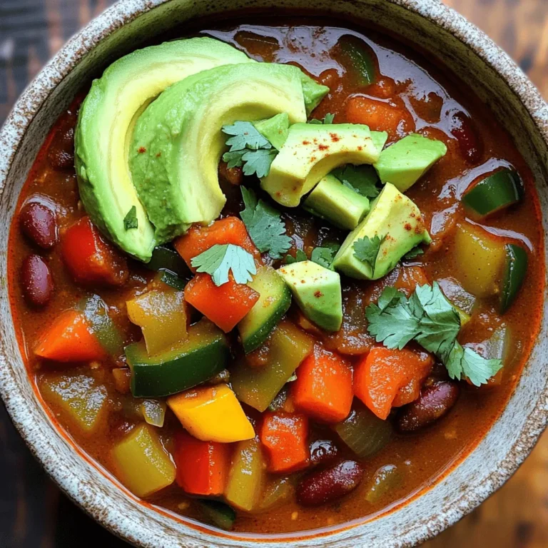- 1 tablespoon olive oil - 1 large onion, diced - 2 cloves garlic, minced - 1 green bell pepper, diced - 1 red bell pepper, diced - 2 medium carrots, diced - 1 zucchini, diced - 1 can (15 oz) black beans, drained and rinsed - 1 can (15 oz) kidney beans, drained and rinsed - 1 can (15 oz) diced tomatoes - 2 tablespoons tomato paste - 2 cups vegetable broth - 1 tablespoon chili powder - 1 teaspoon ground cumin - 1 teaspoon smoked paprika - 1/2 teaspoon cayenne pepper (adjust based on desired spice level) - Salt and black pepper to taste To make a delicious vegan chili, you need fresh and hearty ingredients. Start with olive oil for a rich base. Fresh veggies like onion, garlic, bell peppers, carrots, and zucchini add flavor and texture. Canned beans, like black and kidney, provide protein and fiber. Diced tomatoes and tomato paste give the chili a nice tang and body. Vegetable broth adds depth to the flavor. Don't forget the spices! Chili powder, ground cumin, smoked paprika, and cayenne pepper create that warm, comforting taste. Adjust the cayenne for your spice preference. Salt and black pepper will enhance all the flavors. - Fresh cilantro - Slices of avocado - Crusty bread or rice Once your chili is ready, you can add some fun garnishes. Fresh cilantro brings a bright note. Slices of avocado add creaminess and richness. Serve the chili with crusty bread or over rice for a filling meal. These garnishes not only look nice but also elevate the taste. For the full recipe, check out the details above! To start, heat 1 tablespoon of olive oil in a large pot over medium heat. Once the oil shimmers, add 1 large diced onion. Sauté the onion for about 5 minutes until it turns soft and fragrant. Next, stir in 2 minced cloves of garlic. Cook this for 1 minute. Make sure the garlic does not brown. Now, add the diced green and red bell peppers, along with 2 diced carrots and 1 diced zucchini. Sauté all these veggies for 5-7 minutes. Stir them often, so they soften nicely. Once they are ready, it’s time to add the beans and tomatoes. Put in 1 can of black beans, 1 can of kidney beans, and 1 can of diced tomatoes. Don’t forget to add 2 tablespoons of tomato paste! Mix everything well. Next, pour in 2 cups of vegetable broth. Then, add your spices: 1 tablespoon of chili powder, 1 teaspoon of ground cumin, 1 teaspoon of smoked paprika, and ½ teaspoon of cayenne pepper (you can adjust the heat to your liking). Sprinkle in salt and black pepper to taste. Stir until all the spices are mixed in. Increase the heat slightly to bring the chili to a gentle simmer. Once it bubbles, reduce the heat to low and cover the pot. Let it cook for 30-40 minutes. Stir it a few times as it cooks. This helps all the flavors blend nicely. Before serving, taste your chili. Add more salt or spices if needed. For the full recipe, check the detailed cooking steps. Enjoy your flavorful vegan chili! To make your chili burst with flavor, you can add some key spices and herbs. Here are my favorites: - Chili powder: This is a must for that classic chili taste. - Ground cumin: It adds warmth and depth. - Smoked paprika: This gives a nice smoky flavor. - Fresh herbs: Cilantro is great for a fresh kick. For cooking techniques, I suggest sautéing your vegetables well. This step builds a strong base. Cook them until soft, and let them soak in the spices. You can also let your chili simmer longer. This helps all the flavors blend nicely. Want to spice things up? You can adjust the heat level easily. Add cayenne pepper to your liking. Just start with a little, and taste as you go. If you want less heat, leave it out. You can also swap out ingredients to fit your taste. Don't like kidney beans? Use pinto or chickpeas instead. Want it creamier? Add coconut milk or more diced tomatoes. Make it your own! For the full recipe, check out my notes. Enjoy creating your perfect vegan chili! {{image_4}} You can mix and match beans in your vegan chili. Try using pinto beans or navy beans instead of black or kidney beans. Each type adds its own taste and texture. You can also add lentils or quinoa. Lentils cook quickly and add a nice protein boost. Quinoa brings a nutty flavor and extra crunch. Both options make your chili even heartier. Consider making a white bean chili. Use white beans like cannellini or great northern beans. Swap the tomatoes for creamy cashew cream or coconut milk. This gives the chili a rich, smooth texture. Another fun option is a southwest-style chili. Add corn, jalapeños, and bell peppers for a kick. You can also toss in some diced sweet potatoes for sweetness. This version has a vibrant flavor and is perfect for warm days. For more details, check the Full Recipe. Enjoy your chili adventures! Store your vegan chili in an airtight container. Place it in the fridge if you plan to eat it soon. It will stay fresh for about five days. For longer storage, freeze the chili. Make sure to let it cool first. Use freezer-safe bags or containers. It can last up to three months in the freezer. When reheating chili, use a pot on the stove for best results. Heat it over medium-low and stir often. This method keeps the texture nice and thick. If you want to microwave, place it in a bowl. Heat it for one minute, then stir. Repeat until it’s hot. To keep the flavor strong, add a splash of vegetable broth if it seems dry. Enjoy your hearty vegan chili like it’s fresh from the pot! You can easily spice up your vegan chili. Add sliced jalapeños for heat. You can also mix in extra cayenne pepper. Start with a little and taste as you go. This way, you can find your perfect spice level. Yes, you can make vegan chili in a slow cooker. Start by sautéing the onion and garlic in a pan. Then, add all the ingredients to your slow cooker. Cook on low for 6-8 hours or on high for 3-4 hours. This method helps the flavors blend nicely. Vegan chili is packed with nutrition. It has lots of vegetables like bell peppers and zucchini. Beans are rich in protein and fiber. Tomatoes offer vitamins and antioxidants. This dish is low in fat and high in flavor, making it a healthy option. Enjoy it guilt-free! For the full recipe, click here. This blog post covered how to make a tasty vegan chili. We explored essential ingredients, like fresh vegetables and canned beans. I shared step-by-step instructions for cooking, plus tips to boost flavor. You learned about variations, storage, and reheating. In summary, vegan chili is flexible and easy to make. You can adjust it based on your taste. Enjoy your cooking adventure and share this delicious dish with others!