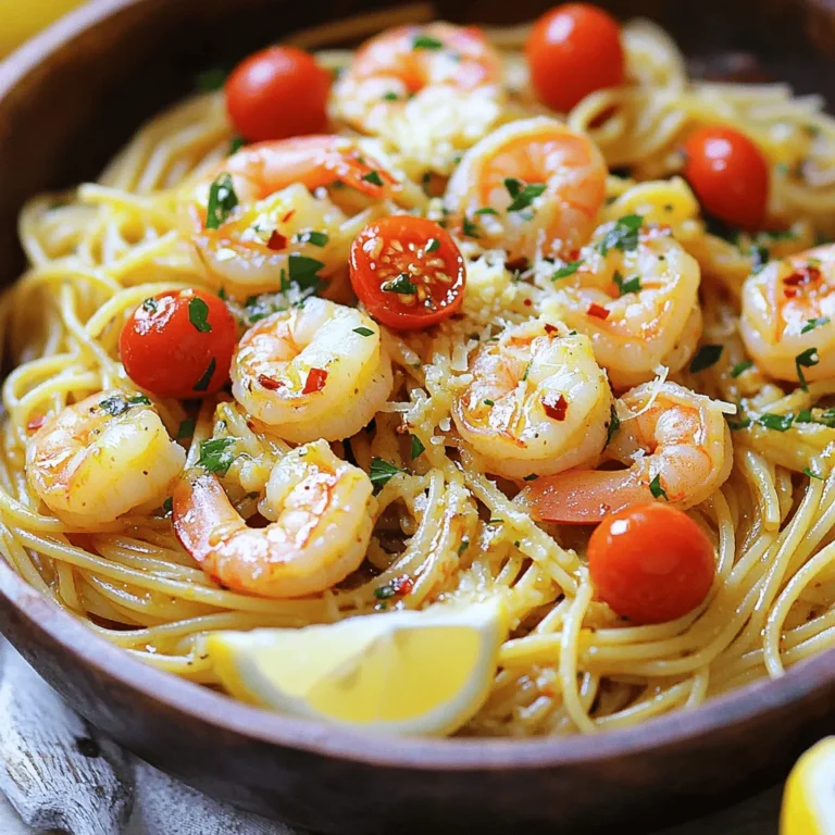 - 8 oz spaghetti or linguine - 1 lb large shrimp, peeled and deveined - 4 cloves garlic, minced - 1 medium red chili, deseeded and finely chopped The main stars of this dish are shrimp, garlic, and chili. I love using spaghetti or linguine for a classic pasta base. Large shrimp give a nice bite and cook quickly. Garlic adds depth, while the chili brings heat. You can adjust the chili to match your spice level. - 1/2 teaspoon red pepper flakes (optional for an extra kick) - 1/4 cup olive oil - 1/2 cup cherry tomatoes, halved - 1/4 cup fresh parsley, finely chopped - Juice of 1 fresh lemon For an extra flavor boost, I like to add red pepper flakes. Cherry tomatoes add sweetness, while fresh parsley brightens up the dish. Olive oil is key for cooking. A squeeze of lemon juice adds a zesty finish. - Selecting Fresh Shrimp - Choosing the Right Pasta - Importance of Fresh Herbs When choosing shrimp, look for ones that smell like the ocean. They should have a firm texture. For pasta, go for high-quality brands that cook evenly. Fresh herbs like parsley make a big difference. They add freshness and color to your dish. For the full recipe, check out the details provided. To start, fill a large pot with water. Bring it to a rolling boil. Add a good amount of salt to the water. This helps flavor the pasta as it cooks. Next, add your spaghetti or linguine. Cook it according to the package instructions. Usually, this takes about 8 to 10 minutes. You want it to be al dente, which means it should be firm to the bite. To check, take a piece out and taste it. When it’s done, save half a cup of pasta water before draining it. While the pasta cooks, grab a large skillet. Pour in the olive oil and heat it over medium. Let it warm up for a moment. Then, add the minced garlic and chopped chili. Stir them for 1 to 2 minutes. You want the garlic to smell great, but watch it closely so it doesn’t burn. Burnt garlic tastes bitter and ruins the dish. Now it’s time to cook the shrimp. Add the peeled and deveined shrimp to the skillet. Season them with salt, black pepper, and red pepper flakes if you want more heat. Cook the shrimp for 3 to 4 minutes. Turn them often, so they cook evenly. They are done when they turn pink and opaque. This means they are safe to eat and very tasty. Once the shrimp are cooked, add the halved cherry tomatoes to the skillet. Let them cook for about 2 minutes until they soften. Squeeze in fresh lemon juice and add the reserved pasta water. Stir everything well to mix the flavors. Finally, add the drained pasta to the skillet. Toss it all together so the pasta is covered in the sauce. Taste and adjust the seasoning if needed. - Adjusting Chili Quantity: Start with one medium red chili. If you love spice, add more. If you prefer mild, use less. The heat can change the dish completely. - Using Different Pepper Varieties: You can use jalapeños for a milder taste or serranos for more heat. Each pepper brings its unique flavor. Experiment to find your favorite. - Utilizing Reserved Pasta Water: Always save some pasta water before draining. This starchy water helps the sauce stick to the pasta. It makes the sauce creamy without adding heavy cream. - Balancing Salt and Seasonings: Taste your sauce as you cook. Add salt and black pepper slowly. This way, you control the flavor and avoid over-seasoning. - Plating Tips for a Beautiful Dish: Use a large plate or bowl to serve. Twirl the pasta into a nest for a nice look. It makes the dish inviting. - Garnishing with Cheese and Herbs: Top your pasta with grated Parmesan and fresh parsley. These add color and flavor. A sprinkle of extra chili flakes makes it pop visually and adds a bit more heat. For a full recipe, check out the detailed instructions to make your Spicy Garlic Shrimp Pasta shine! {{image_4}} You can swap shrimp for other proteins. Chicken is a great choice. Just cut it into bite-sized pieces and cook it until golden. Tofu is also a fantastic option for a vegetarian dish. Use firm tofu, cut into cubes, and sauté until crispy. Both options bring unique flavors to the pasta. Seafood lovers can try scallops or mussels. They cook quickly and add a rich taste. When using scallops, sear them for a few minutes on each side. This gives a nice golden crust. Mussels can steam in the sauce, soaking up all those great flavors. If you want a twist, try a creamy tomato sauce. Add heavy cream or a splash of milk after cooking the shrimp. This gives a rich, velvety texture. For a fresh taste, consider using pesto. Stir in store-bought or homemade pesto right before adding the pasta. You can also go for Alfredo sauce. Just mix butter, cream, and Parmesan cheese for a rich base. This makes a decadent meal that feels special. For gluten-free needs, use gluten-free pasta. Many brands offer great options that taste just as good. Cook it according to package instructions for the best results. If you want to make the dish dairy-free, omit the cheese. Use a dairy-free cream in the sauce instead. There are many yummy options on the market now. This way, everyone can enjoy the meal without worries. For more details, check the Full Recipe to guide your cooking journey! To keep your spicy garlic shrimp pasta fresh, follow these tips: - Refrigeration Tips: Place leftovers in the fridge within two hours of cooking. This keeps your dish safe and tasty. - Containers and Shelf Life: Use airtight containers to store pasta. It lasts up to three days in the fridge. When you’re ready to enjoy your leftovers, follow these methods: - Best Methods for Keeping Texture: Use a skillet or microwave to reheat. A skillet on low heat helps keep the pasta from drying out. - Avoiding Dry Pasta: Add a splash of water or broth while reheating. This keeps the pasta moist and flavorful. Wondering if you can freeze your spicy garlic shrimp pasta? Yes, you can! - Can You Freeze Spicy Garlic Shrimp Pasta?: Freeze the pasta without shrimp for best results. This helps keep the texture right. - Thawing and Reheating After Freezing: Thaw in the fridge overnight. Reheat in a skillet and add a bit of olive oil to bring back the flavor. You can serve this dish with many tasty sides. Here are some great options: - A fresh garden salad adds crunch and color. - Roasted vegetables, like zucchini or bell peppers, pair well. - Garlic bread is a classic choice and adds a comforting touch. - Steamed broccoli or green beans bring a healthy balance. For wine, I suggest a crisp white wine. A Sauvignon Blanc or Pinot Grigio works well. The light flavors complement the shrimp perfectly. To make your spicy garlic shrimp pasta more filling, you can add extra ingredients. Consider these ideas: - Toss in vegetables like spinach, bell peppers, or peas for added nutrition. - Adding protein, such as chicken or tofu, makes it heartier. - Serve the dish with garlic bread or a side salad for a complete meal. These additions not only enhance flavor but also boost the meal's volume. Yes, you can prepare parts of this dish in advance. Here’s how: - Cook the pasta and shrimp ahead of time, then store them separately in the fridge. - For timing, cook the pasta no more than a day before serving. Shrimp should be used within two days. - When ready to eat, reheat the shrimp in a skillet. Add the pasta and sauce, stirring until warmed through. Best practices include chopping vegetables ahead of time. This way, you can quickly finish cooking when you're ready to serve. Spicy garlic shrimp pasta is a flavorful dish that combines simple ingredients and techniques. We covered the main components like pasta, shrimp, and garlic. Tips for choosing fresh ingredients can help you elevate your meal. Remember to adjust the spice level to your taste. You can also switch proteins or sauce bases for variety. Follow storage and reheating tips to enjoy leftovers. This dish is easy to make and tasty, making it a favorite for any occasion. Embrace your creativity and enjoy the cooking process!