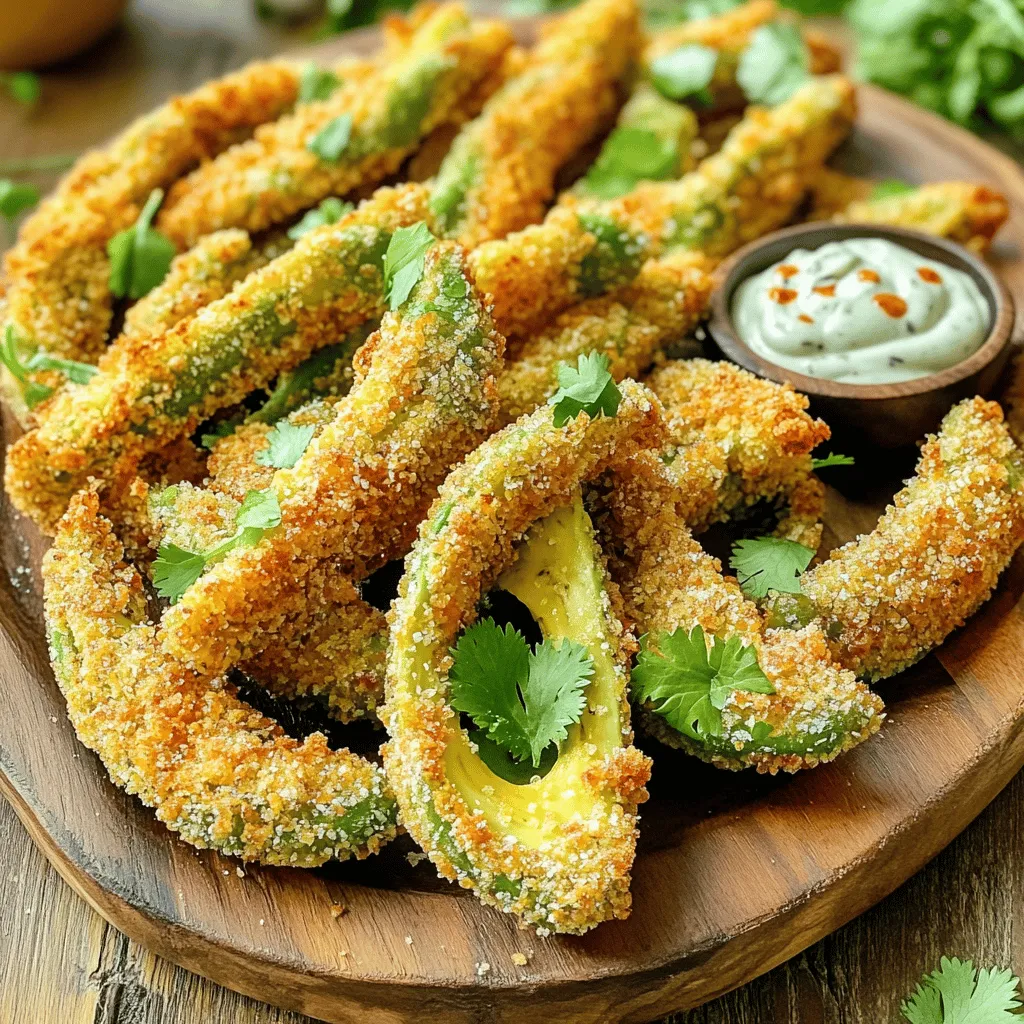 To make crispy baked avocado fries, gather these simple ingredients: - 2 ripe avocados, halved and pitted - 1 cup all-purpose flour - 2 large eggs, beaten - 1 cup panko breadcrumbs - 1 teaspoon garlic powder - 1 teaspoon paprika - 1 teaspoon salt - 1/2 teaspoon black pepper - Optional: 1 teaspoon cayenne pepper - Cooking spray You can easily swap ingredients if needed. For gluten-free fries, use almond flour instead of all-purpose flour. If you want a vegan version, substitute the eggs with a flax egg (1 tablespoon ground flaxseed mixed with 2.5 tablespoons water). For a crunchier texture, try using crushed cornflakes in place of panko breadcrumbs. You can also skip the cayenne pepper if you prefer no spice or add more if you love heat! Each serving of crispy baked avocado fries offers a tasty balance of nutrients. Here’s a quick breakdown: - Calories: 220 - Total Fat: 15g - Saturated Fat: 2g - Carbohydrates: 18g - Fiber: 7g - Protein: 4g - Sodium: 250mg Make sure to enjoy these fries as part of a balanced diet. They are not only delicious but also provide healthy fats and fiber! For the full recipe, refer to the original section. To start, preheat your oven to 425°F (220°C). This is key for crispy fries. Next, line a baking sheet with parchment paper. This helps prevent sticking and makes cleanup easy. Now, take your ripe avocados. Cut each one in half and remove the pit. Slice each half into 4 to 6 wedges. The size depends on how thick you like your fries. Set up a three-bowl station for easy breading. - Bowl 1: Combine 1 cup of flour, 1 teaspoon of garlic powder, 1 teaspoon of paprika, 1 teaspoon of salt, 1/2 teaspoon of black pepper, and cayenne pepper if you want heat. - Bowl 2: Pour 2 beaten eggs into the second bowl. - Bowl 3: Fill the third bowl with 1 cup of panko breadcrumbs. This will give your fries that extra crunch. Now, take an avocado wedge. First, coat it in the flour mix, shaking off the extra. Next, dip it in the eggs. Make sure it’s fully covered and let the excess drip off. Finally, roll the wedge in the panko breadcrumbs. Press gently so the crumbs stick well. Place the coated avocado fries on the lined baking sheet. Space them out to allow air to circulate. Lightly mist them with cooking spray. This helps them brown nicely. Bake in the preheated oven for about 20-25 minutes. Flip them halfway for even crispiness. Once golden and crispy, take them out and let them cool slightly. This makes them easier to handle before serving. For the full recipe, check the earlier section. To get that perfect crispiness, follow these steps closely. First, use panko breadcrumbs instead of regular breadcrumbs. Panko gives a crunch that you will love. Second, make sure to spritz the fries with cooking spray before baking. This helps them brown nicely. Lastly, flipping the fries halfway through baking ensures both sides get crispy. Bake them until they turn golden brown, usually around 20-25 minutes. If you have leftovers, store them right! Place them in an airtight container in the fridge. They can last for about 2-3 days. If you want to keep them longer, freeze the fries before baking. Just freeze them on a baking sheet, then transfer them to a bag. This way, you can enjoy them later. When ready to eat, bake them straight from frozen. These crispy baked avocado fries are super versatile! They taste great with a zesty dipping sauce like spicy mayo or ranch dressing. You can also try a cilantro-lime dip for a fresh twist. Serve them on a rustic wooden platter with fresh cilantro for a fun presentation. Pair them with drinks like a cold lemonade or a light beer for a tasty snack experience. Enjoy your crispy creation! {{image_4}} You can add a spicy kick to your avocado fries by using cayenne pepper. Just mix one teaspoon of cayenne into the flour mixture. This gives your fries a rich flavor and nice heat. If you love spice, this is a must-try! If you need a gluten-free version, swap out the all-purpose flour. Use almond flour or coconut flour instead. For the breadcrumbs, choose gluten-free panko. These simple swaps keep the taste while meeting your dietary needs. Dipping sauces can elevate your crispy baked avocado fries. Try a zesty cilantro-lime dip for a fresh taste. A spicy mayo also pairs well for those who like heat. You can even mix plain yogurt with garlic and lemon for a creamy option. These sauces add flavor and fun to your snack! For the full recipe, visit the Crispy Baked Avocado Fries section. You can store leftover avocado fries in an airtight container. Keep them in the fridge for up to three days. Make sure they cool down before sealing. This helps keep them crispy longer. If you want to keep them fresh, don’t stack them. Place a paper towel between layers to absorb moisture. To reheat your avocado fries, preheat your oven to 350°F (175°C). Spread the fries on a baking sheet. Bake them for about 10-15 minutes. This will help restore their crispiness. You can also use an air fryer at 350°F (175°C) for 5-7 minutes. This method keeps them nice and crunchy. You can freeze avocado fries if you want to save some for later. Place them on a baking sheet in a single layer. Freeze them for 1-2 hours until firm. Then, transfer them to a freezer bag, removing as much air as possible. When you're ready to eat, thaw them in the fridge overnight. Reheat them in the oven or air fryer for the best results. Enjoy your crispy baked avocado fries anytime! For the full recipe, check out the section above. Yes, you can prep the fries ahead of time. Simply coat the avocado wedges and place them on a baking sheet. Cover them with plastic wrap and store them in the fridge for up to 24 hours. When you’re ready, just bake them! This saves time and lets you enjoy fresh fries. To stop avocados from browning, use lemon juice. Squeeze some on the cut surfaces right after slicing. The citric acid in lemon juice slows down oxidation. You can also keep the pits with the unused avocado halves. This method helps preserve color and taste. Avocado fries pair well with many dips. Try spicy mayo or ranch dressing for a tasty kick. You can also serve them with a cilantro-lime dip for a fresh twist. For a complete meal, add a salad or some grilled chicken on the side. To make these fries vegan, replace the eggs with a flax egg. Mix one tablespoon of ground flaxseed with three tablespoons of water. Let it sit for five minutes until it thickens. Use this mix as your wet coating. The rest of the recipe remains the same. Enjoy your vegan crispy baked avocado fries! You now know how to make crispy baked avocado fries. We covered ingredients, prep steps, and baking methods. I shared tips for crispiness and storage, plus tasty variations and serving ideas. Remember, avocado fries are easy to customize and loaded with flavor. Feel free to explore different dips or spice levels. Don’t forget to enjoy them fresh for the best taste. Now, it's time to get cooking and impress your friends!