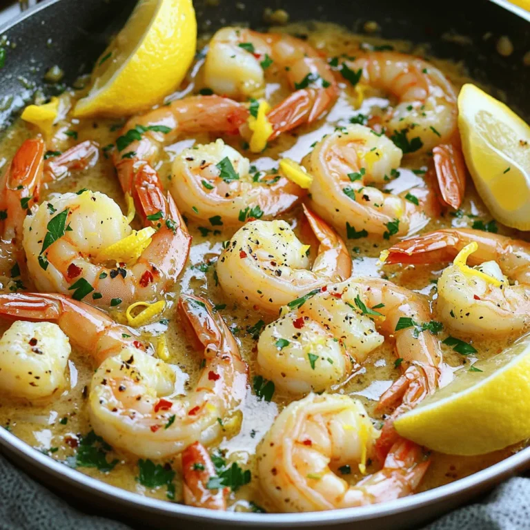 - 1 lb large shrimp, peeled and deveined - 4 tablespoons unsalted butter - 6 cloves garlic, finely minced - 1 teaspoon red pepper flakes - Zest and juice of 1 lemon - Salt and pepper, to taste - 2 tablespoons freshly chopped parsley - Lemon wedges for garnish The main ingredients in Garlic Butter Lemon Shrimp create a big flavor. You start with large shrimp because they cook quickly and taste great. The unsalted butter adds richness. Garlic gives it a tasty kick, while red pepper flakes add just the right heat. Fresh lemon zest and juice brighten the dish and enhance the shrimp's flavors. Seasoning is also key. You will use salt and pepper to make everything pop. Fresh parsley adds a nice touch and color. Lemon wedges give you an extra burst of flavor when served. This dish is not just quick but also simple to make. You can find the full recipe in the article. Enjoy cooking! - Drying the Shrimp Start by patting the shrimp dry with paper towels. This step is key. Dry shrimp sear better. If they are wet, they will steam and not brown. Set the shrimp aside after drying. - Preparing the Skillet Grab a large skillet and place it over medium heat. Add 4 tablespoons of unsalted butter. Let the butter melt fully. Once it bubbles lightly, you’re ready for the next step. - Sautéing Garlic and Red Pepper Flakes Add 6 finely minced garlic cloves to the skillet. Also, toss in 1 teaspoon of red pepper flakes. Sauté for about 1 minute. Stir often to avoid burning the garlic. You want it fragrant, not brown. - Cooking the Shrimp to Perfection Turn the heat to medium-high. Carefully add the shrimp to the skillet. Season them with salt and pepper. Cook the shrimp for 2-3 minutes on each side. They should turn pink and opaque. Keep an eye on them; size may affect cooking time. - Adding Lemon Zest and Juice Once the shrimp are cooked, add the zest and juice of 1 lemon. Stir gently so the shrimp soak up that buttery flavor. This adds a fresh and zesty kick that brightens the dish. - Incorporating Parsley Remove the skillet from the heat. Add 2 tablespoons of freshly chopped parsley. Mix it in well. The parsley adds a pop of color and freshness. - Serving Suggestions Serve the shrimp right away. Garnish with lemon wedges on the side. They look great and add more zest. This dish is quick and makes a lovely meal. For the full recipe, check the section above. Patting Shrimp Dry Patting shrimp dry is a must. Use paper towels to soak up moisture. This step helps achieve a nice sear. If shrimp are wet, they will steam instead of sear. A good sear adds flavor and texture. Adjusting Cooking Time Cooking time depends on shrimp size. For large shrimp, cook about 2-3 minutes on each side. Watch for a pink color and firm texture. If they turn rubbery, you’ve cooked them too long. Remember, shrimp cook fast! Garlic Preparation Tips Use fresh garlic for the best taste. Mince it finely to release its oils. This way, it infuses the butter better. Be careful not to burn the garlic while cooking. Burnt garlic tastes bitter and ruins the dish. Adjusting Spice Level Red pepper flakes add heat, but you can change that. Start with a small amount if you’re unsure. Taste as you go! You can always add more for a spicier kick. Creative Ways to Serve Serve the shrimp in a bowl with some sauce. This keeps the shrimp juicy. You can also serve them over a bed of rice or pasta. This adds texture and makes the dish heartier. Plating Suggestions Garnish with chopped parsley and lemon wedges. This adds color and freshness. Use a white plate to make the shrimp pop visually. A good plate makes any dish look gourmet. For a fun touch, add a sprinkle of lemon zest on top. For the full recipe, check out the detailed instructions above! {{image_4}} You can switch up the protein in this dish. Try using chicken or scallops instead of shrimp. Both options pair well with the garlic butter and lemon flavors. You can easily adapt the cooking time. For chicken, cook it until it's no longer pink. For scallops, cook them for about two minutes per side. You can also play with the herbs and spices. Add fresh basil, rosemary, or thyme for more flavor. A touch of smoked paprika will give it a nice twist. Experiment and find your favorite mix! If you need a gluten-free option, this recipe already fits the bill! The ingredients are naturally gluten-free. Just make sure to check any spice blends for hidden gluten. For a low-carb version, skip the butter and use olive oil. This will cut down on carbs but keep the dish rich. You can also serve it over zucchini noodles or cauliflower rice for a tasty base. This dish shines with simple sides. I recommend a fresh salad with lemon vinaigrette. It balances the rich garlic butter well. Try roasted asparagus or steamed broccoli for veggies that add color and crunch. For drinks, a crisp white wine like Sauvignon Blanc complements the shrimp nicely. If you prefer something non-alcoholic, a sparkling lemon water will add a refreshing touch. For the complete cooking details, check out the Full Recipe! How do I store Garlic Butter Lemon Shrimp? To keep your shrimp fresh, let them cool to room temperature first. Transfer them into an airtight container. This helps lock in moisture and flavors. Store the container in the fridge if you plan to eat them within a few days. What are the recommended storage containers? Use glass or plastic containers with tight-fitting lids. These containers keep the shrimp safe from air and bacteria. If you want to store them longer, consider using freezer-safe bags. Remove as much air as you can to prevent freezer burn. What are the best methods to reheat? The best way to reheat Garlic Butter Lemon Shrimp is on the stovetop. Heat a skillet over medium heat. Add a small amount of butter or oil, and then add the shrimp. Stir gently until warmed through. How do I maintain flavor and texture? To keep the shrimp tender, do not overcook them. Heat just until they are warm. You can also reheat them in the microwave. Place them in a microwave-safe dish and cover it. Heat in short bursts, checking every 30 seconds to avoid overcooking. How long do I cook the shrimp? You cook the shrimp for about 2-3 minutes on each side. They should turn pink and not be translucent. Watch them closely to avoid overcooking. Can I use frozen shrimp? Yes, you can use frozen shrimp. Just thaw them first in cold water. Pat them dry before cooking for the best results. What is the best type of shrimp for this recipe? Large shrimp work best for this dish. They cook evenly and hold up well in the sauce. Look for shrimp labeled as "U/10" or "16/20" for great size. Can I make this dish without garlic? You can skip the garlic, but you lose a lot of flavor. Try adding herbs like basil or thyme for some taste. What can I substitute for butter? If you want to avoid butter, use olive oil or coconut oil. These oils add a nice flavor and keep the dish healthy. Caloric content per serving Each serving has about 250 calories. This includes the shrimp, butter, and lemon. It’s a light meal that’s packed with protein. Recipe variations for health benefits To make it healthier, use less butter or add more veggies. You can serve the shrimp over zucchini noodles or brown rice for extra fiber. In this blog post, we covered how to make tasty garlic butter lemon shrimp using simple ingredients. You learned about preparing and cooking the shrimp perfectly while adding flavor. We shared helpful tips, variations, and how to store your leftovers for future meals. Remember, cooking can be fun and easy. Try new flavors and enjoy your delicious shrimp dish! By following these steps, you’ll impress family and friends alike. Happy cooking!