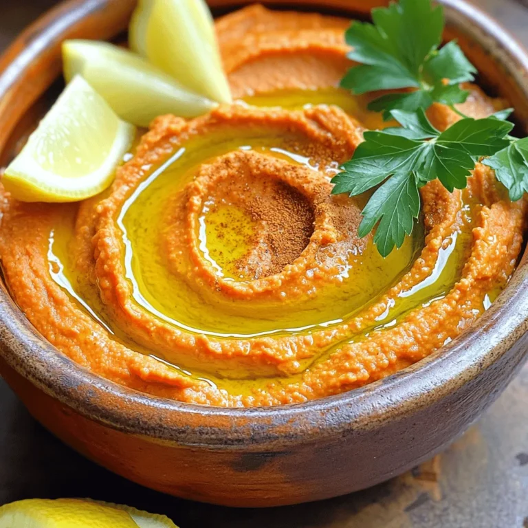 - Chickpeas - Roasted Red Pepper - Tahini Chickpeas are the base of this hummus. They give it a smooth, creamy texture. Use one can of chickpeas, about 15 ounces. Drain and rinse them well before using. This step removes the excess sodium and helps with flavor. Roasted red pepper adds a sweet and smoky taste. You can buy them in jars or make your own at home. If you roast at home, char the skin, then peel it off for the best flavor. Tahini is a paste made from ground sesame seeds. It adds a rich, nutty flavor to the dip. Just two tablespoons are enough to enhance the taste. - Garlic - Lemon Juice - Ground Cumin Garlic gives hummus a powerful punch. Use one clove, finely minced, for a bold taste. If you like it milder, reduce the amount. Lemon juice brightens the flavor. One tablespoon is enough to add freshness. Freshly squeezed juice is best, as it has a vibrant taste. Ground cumin brings warmth and depth to the mix. Just one teaspoon adds a subtle spice that balances well with the other flavors. - Extra Virgin Olive Oil - Salt - Water for consistency Extra virgin olive oil adds richness and smoothness. You can drizzle it on top before serving or mix it in for a creamier dip. Use about two tablespoons for the best effect. Salt is essential for flavor. Add it to taste, but start with a little. You can always add more later. Water helps adjust the consistency. If the hummus is too thick, add a tablespoon at a time while blending until it reaches your preferred creaminess. For the Full Recipe, refer to the detailed instructions provided above. First, open the can of chickpeas. Drain them well to remove excess liquid. Rinse the chickpeas under cold water. This step helps get rid of any salt or preservatives. Now, place the drained and rinsed chickpeas in a food processor. Pulse them until they are crumbly. You want them broken down but not completely smooth. This texture gives the hummus a better bite. Next, add the roasted red pepper, tahini, olive oil, minced garlic, lemon juice, and ground cumin to the food processor. Blend everything together on high. Stop to scrape down the sides of the bowl. This ensures all ingredients mix well. Keep blending until the mixture turns creamy and smooth. This may take a few minutes, so be patient. If your hummus is too thick, don’t worry! Gradually add water, one tablespoon at a time, while blending. This step helps you control the thickness. Blend until you reach your desired creaminess. After that, taste the hummus. Add salt to your liking and blend briefly again. This final touch makes sure all the flavors mix well. Now you're ready to enjoy this creamy and flavorful dip! For the complete recipe, check out the Full Recipe. To make roasted red pepper hummus shine, it’s key to balance salt and acidity. Salt enhances flavors, while lemon juice adds brightness. Start with a little salt, then taste and adjust as needed. Fresh ingredients matter too. Use ripe, high-quality peppers and fresh garlic for the best taste. Creaminess is vital for great hummus. To achieve this, blend the ingredients well. If your hummus feels thick, add water slowly, one tablespoon at a time, until it’s just right. Scraping the bowl sides often is important. This ensures all ingredients mix evenly for a smooth texture. Garnishing makes your hummus pop! Drizzle olive oil on top and sprinkle ground cumin or paprika for color. Serve with warm pita or fresh veggie sticks for a fun and healthy snack. These details elevate your dish and make it more inviting for guests. Enjoy your roasted red pepper hummus! For those looking for a detailed guide, check out the Full Recipe. {{image_4}} You can easily change the taste of your hummus. For a spicy kick, try making spicy roasted red pepper hummus. Just add some chili flakes or diced jalapeños to the mix. This adds heat and makes it exciting. For a fresh twist, use herbs to make herb-infused hummus. Basil, cilantro, or parsley work well. Chop the herbs finely and blend them into the hummus. This gives a bright flavor and a nice green touch. If you need gluten-free options, you can still enjoy hummus. All the ingredients in roasted red pepper hummus are naturally gluten-free. You can also swap out chickpeas for other beans. White beans or black beans can create a unique taste. Each type of bean adds its own flavor while still keeping the dip creamy. Roasted red pepper hummus is versatile. It makes a great dip for fresh vegetables. Carrots, cucumbers, and bell peppers pair well. Cut them into sticks for easy dipping. You can also use hummus as a spread on sandwiches. It adds flavor and creaminess. Try it on a veggie sandwich or a wrap for a tasty meal. For the full recipe, check out the detailed instructions provided earlier. To keep your hummus fresh, store it in an airtight container. This helps keep out air and moisture. When stored well, your hummus lasts about 4 to 7 days in the fridge. Always check for any off smells or changes in color before eating. You can freeze hummus for longer storage. To freeze, place the hummus in a freezer-safe container. Leave some space at the top, as it will expand. You can freeze it for up to 3 months. When you’re ready to eat it, take it out and thaw it in the fridge overnight. This keeps the flavor and texture nice. Leftover hummus can be used in many ways. You can spread it on sandwiches or mix it into salads for extra flavor. If you find it too thick after thawing, add a little water and blend. This keeps it creamy and easy to use. Remember to check the taste and adjust the seasoning if needed. For a fun twist, use hummus as a dip for chips or veggies. Yes, you can skip tahini. Use sun-dried tomatoes for a tasty swap. You can also try peanut butter or Greek yogurt for a different flavor. These options still add creaminess and depth to your hummus. Roasted red pepper hummus pairs well with many foods. Serve it with warm pita bread for a classic touch. Fresh vegetable sticks, like carrots and cucumbers, make great dippers too. You can also use it as a spread on sandwiches or wraps. To achieve creaminess, blend your hummus longer. Start with smooth chickpeas for a better base. If it’s still thick, add water slowly. Blend after each addition to check the texture. A little olive oil can also help make it richer. For a comprehensive guide, check the Full Recipe. It gives you all the steps and tips you need to make this delicious dip at home. You now know the key ingredients and steps to make delicious Roasted Red Pepper Hummus. Focus on balancing flavors and achieving the right texture. Use fresh ingredients for the best taste. Remember, you can adjust this recipe with variations and serving ideas. Store any leftovers properly, so you enjoy them later. With these tips, you will impress your friends and family. Enjoy your tasty hummus creation!