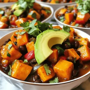 - 2 medium sweet potatoes, peeled and cut into ½-inch cubes - 1 can (15 oz) black beans, drained and thoroughly rinsed - 1 can (14 oz) diced tomatoes, including their juices - 1 medium onion, finely chopped - 2 cloves garlic, minced - 1 red bell pepper, diced - 2 tablespoons olive oil - 2 tablespoons chili powder - 1 teaspoon ground cumin - ½ teaspoon smoked paprika - 1 cup vegetable broth - Salt and pepper, to taste To make my sweet potato and black bean chili pop with flavor, I focus on fresh ingredients. The sweet potatoes provide a creamy texture and a hint of sweetness. I use black beans for protein and fiber, which makes this dish filling. The diced tomatoes add acidity and moisture, balancing the flavors. Aromatics like onion, garlic, and red bell pepper create a fragrant base. Olive oil helps to sauté these ingredients, unlocking their full taste. I season the chili with chili powder, cumin, and smoked paprika. These spices bring warmth and depth to the dish. Vegetable broth adds richness, making the chili hearty and satisfying. Don’t forget to season with salt and pepper to taste; this step enhances every bite. - Fresh cilantro - Avocado slices For extra flavor, I love to add fresh cilantro on top. It gives the chili a fresh kick. Avocado slices add a creamy touch, making each bowl even more delicious. The chili is packed with nutrients. One serving has about 300 calories. It offers a good mix of proteins, carbs, and healthy fats. Each ingredient brings its own health benefits: - Sweet Potatoes: High in vitamins A and C, they support your immune system. - Black Beans: Rich in fiber, they aid digestion and keep you full. - Diced Tomatoes: Loaded with antioxidants, they help fight inflammation. - Aromatics: Onions and garlic have heart health benefits. - Olive Oil: Contains healthy fats that support brain health. Enjoying this chili not only warms your belly but also fuels your body with great nutrition. For the full recipe, you can check out my Sweet Potato and Black Bean Chili. How to Prepare and Cut Sweet Potatoes To start, grab two medium sweet potatoes. Use a peeler to remove the skin. Cut them into ½-inch cubes. This size helps them cook evenly. Place the cubes in a bowl of water to prevent browning. Tips for Cooking Aromatics For the aromatics, chop one medium onion finely. Mince two cloves of garlic. Dice one red bell pepper. These add flavor and depth. Heat two tablespoons of olive oil in a large pot over medium heat. Once hot, add the onion. Sauté for about 3-4 minutes until soft. Detailed Instructions for Sautéing and Simmering Next, stir in the minced garlic and diced bell pepper. Cook for an additional two minutes until fragrant. Now, add the sweet potato cubes. Stir well and cook for about five minutes. This helps to soften them before the chili cooks. Sprinkle in two tablespoons of chili powder, one teaspoon of ground cumin, and ½ teaspoon of smoked paprika. Season with salt and pepper. Stir until the sweet potatoes are coated with the spices. Then, pour in a can of diced tomatoes and one cup of vegetable broth. Timing for Each Step Bring the mixture to a gentle boil. Then, lower the heat and cover the pot. Let it simmer for 25-30 minutes, or until the sweet potatoes are fork-tender. After this, add one can of drained and rinsed black beans. Simmer for another 5-10 minutes to warm them through. Adjusting Seasoning Before Serving Taste the chili and adjust seasoning as needed. Add more salt or pepper if you like. This helps enhance the flavors. Presentation Recommendations Ladle the hot chili into deep bowls. Drizzle a little olive oil over the top for richness. Garnish with freshly chopped cilantro. If you love creaminess, add slices of avocado on top. For the full recipe, check out the details above. To make the best sweet potato chili, start with the sweet potatoes. Cut them into small, even cubes. This helps them cook faster and evenly. I always peel them for a smoother taste. Cook them until they are soft but not mushy. This gives your chili the right texture. When cooking aromatics like onion and garlic, avoid burning them. Use medium heat and stir often. If they start to brown too fast, lower the heat. This way, you keep their sweet flavor. A little patience goes a long way. To make your chili even better, try adding more spices. A pinch of cayenne or a splash of hot sauce can add a kick. You can also add smoked paprika for a deeper flavor. Each spice brings something unique to the table. Experiment and find what you like best! If you want heat, add jalapeños or other fresh peppers. Dice them small to mix in well. Start with a small amount, then taste and adjust. You can always add more, but it’s hard to take it out! For a complete meal, serve your chili with bread or rice. I love cornbread with mine for a classic touch. It adds a nice crunch and sweetness. You can also serve it over rice for a filling option. Want to add a fresh touch? Serve with lime wedges and sour cream. They brighten the dish and cool the heat. If you want a healthy twist, add avocado slices on top. They give a creamy finish and pair well with the chili. For the full recipe, visit the link provided. Enjoy your cooking adventure! {{image_4}} You can easily switch up the beans in this chili. Try using pinto beans or kidney beans for a new twist. They offer a different taste but still pair well with sweet potatoes. If you prefer a meat option, ground turkey or beef can be added. Just brown the meat before adding other ingredients. For vegan or vegetarian choices, this recipe is perfect as is. It uses no animal products. You can add tofu or tempeh for extra protein if desired. Both options blend well with the flavors of the chili. You can make this chili in a slow cooker. Just add all your ingredients into the cooker. Set it on low and let it cook for 6-8 hours. If you want a quicker option, use an Instant Pot. Cook on high pressure for 10 minutes, then let it release naturally. Both methods create a rich flavor. Feel free to add seasonal vegetables to your chili. Zucchini, corn, or bell peppers can enhance the dish. They bring freshness and crunch to each bite. When the weather changes, you can adapt the chili. In colder months, add warming spices like cinnamon or nutmeg. On hot days, serve it chilled or over a salad for a refreshing twist. For the full recipe, click here: [Full Recipe]. To keep your chili fresh, store it in an airtight container. Place it in the fridge as soon as it cools down. This helps keep flavors strong. Sweet potato and black bean chili lasts about 3 to 5 days in the fridge. If you want to save some for later, freezing is a great option. Portion out your chili into smaller containers. Make sure to leave some space at the top, as it will expand when frozen. Sweet potato and black bean chili can last up to 3 months in the freezer. When you're ready to eat it, thaw it in the fridge overnight. For reheating, you can use the stove or microwave. If using the stove, heat on low until warm. Stir occasionally to prevent sticking. In the microwave, heat in short bursts, stirring in between. Always check the temperature. It should be hot all the way through. Chili is perfect for meal prep. You can make a big batch for the week. Serve it with rice or quinoa for a complete meal. You can also use the chili in other dishes. Try it in burritos, tacos, or even over a baked potato. This adds variety to your meal plan without much extra work. Check out the Full Recipe for more details on making this delicious dish! What can I serve with Sweet Potato and Black Bean Chili? You can enjoy this chili with warm cornbread, rice, or tortilla chips. A fresh salad also pairs well. For a complete meal, add avocado slices on top for creaminess. How spicy is this chili? This chili has a mild spice level. The chili powder adds flavor without too much heat. If you like it spicy, add some chopped jalapeños or hot sauce. Can I use fresh tomatoes instead of canned? Yes, you can use fresh tomatoes. Dice about four medium tomatoes. Just remember to adjust the liquid since fresh tomatoes have less juice than canned ones. How can I make this chili gluten-free? The ingredients in this chili are naturally gluten-free. Just check your chili powder and broth labels to ensure they are gluten-free. Is Sweet Potato and Black Bean Chili healthy? Yes, this chili is very healthy! Sweet potatoes are full of vitamins and fiber. Black beans offer protein and iron. Together, they make a nutritious meal. Can I eat it on a plant-based diet? Absolutely! This chili is plant-based and vegan-friendly. It’s a great choice for anyone looking to eat more plant-based meals. Enjoy it with confidence! This blog covered making a delicious Sweet Potato and Black Bean Chili. We discussed essential ingredients, health benefits, and cooking steps. You learned about tips for perfecting your chili and suggested variations to keep it fresh. Proper storage and meal prep ideas ensure you enjoy it later. Remember, this chili is flexible and healthy. Experiment with flavors and ingredients for your taste. Enjoy your cooking journey!