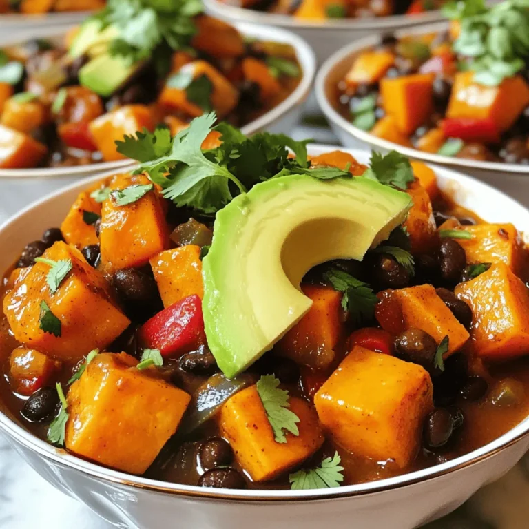 - 2 medium sweet potatoes, peeled and cut into ½-inch cubes - 1 can (15 oz) black beans, drained and thoroughly rinsed - 1 can (14 oz) diced tomatoes, including their juices - 1 medium onion, finely chopped - 2 cloves garlic, minced - 1 red bell pepper, diced - 2 tablespoons olive oil - 2 tablespoons chili powder - 1 teaspoon ground cumin - ½ teaspoon smoked paprika - 1 cup vegetable broth - Salt and pepper, to taste To make my sweet potato and black bean chili pop with flavor, I focus on fresh ingredients. The sweet potatoes provide a creamy texture and a hint of sweetness. I use black beans for protein and fiber, which makes this dish filling. The diced tomatoes add acidity and moisture, balancing the flavors. Aromatics like onion, garlic, and red bell pepper create a fragrant base. Olive oil helps to sauté these ingredients, unlocking their full taste. I season the chili with chili powder, cumin, and smoked paprika. These spices bring warmth and depth to the dish. Vegetable broth adds richness, making the chili hearty and satisfying. Don’t forget to season with salt and pepper to taste; this step enhances every bite. - Fresh cilantro - Avocado slices For extra flavor, I love to add fresh cilantro on top. It gives the chili a fresh kick. Avocado slices add a creamy touch, making each bowl even more delicious. The chili is packed with nutrients. One serving has about 300 calories. It offers a good mix of proteins, carbs, and healthy fats. Each ingredient brings its own health benefits: - Sweet Potatoes: High in vitamins A and C, they support your immune system. - Black Beans: Rich in fiber, they aid digestion and keep you full. - Diced Tomatoes: Loaded with antioxidants, they help fight inflammation. - Aromatics: Onions and garlic have heart health benefits. - Olive Oil: Contains healthy fats that support brain health. Enjoying this chili not only warms your belly but also fuels your body with great nutrition. For the full recipe, you can check out my Sweet Potato and Black Bean Chili. How to Prepare and Cut Sweet Potatoes To start, grab two medium sweet potatoes. Use a peeler to remove the skin. Cut them into ½-inch cubes. This size helps them cook evenly. Place the cubes in a bowl of water to prevent browning. Tips for Cooking Aromatics For the aromatics, chop one medium onion finely. Mince two cloves of garlic. Dice one red bell pepper. These add flavor and depth. Heat two tablespoons of olive oil in a large pot over medium heat. Once hot, add the onion. Sauté for about 3-4 minutes until soft. Detailed Instructions for Sautéing and Simmering Next, stir in the minced garlic and diced bell pepper. Cook for an additional two minutes until fragrant. Now, add the sweet potato cubes. Stir well and cook for about five minutes. This helps to soften them before the chili cooks. Sprinkle in two tablespoons of chili powder, one teaspoon of ground cumin, and ½ teaspoon of smoked paprika. Season with salt and pepper. Stir until the sweet potatoes are coated with the spices. Then, pour in a can of diced tomatoes and one cup of vegetable broth. Timing for Each Step Bring the mixture to a gentle boil. Then, lower the heat and cover the pot. Let it simmer for 25-30 minutes, or until the sweet potatoes are fork-tender. After this, add one can of drained and rinsed black beans. Simmer for another 5-10 minutes to warm them through. Adjusting Seasoning Before Serving Taste the chili and adjust seasoning as needed. Add more salt or pepper if you like. This helps enhance the flavors. Presentation Recommendations Ladle the hot chili into deep bowls. Drizzle a little olive oil over the top for richness. Garnish with freshly chopped cilantro. If you love creaminess, add slices of avocado on top. For the full recipe, check out the details above. To make the best sweet potato chili, start with the sweet potatoes. Cut them into small, even cubes. This helps them cook faster and evenly. I always peel them for a smoother taste. Cook them until they are soft but not mushy. This gives your chili the right texture. When cooking aromatics like onion and garlic, avoid burning them. Use medium heat and stir often. If they start to brown too fast, lower the heat. This way, you keep their sweet flavor. A little patience goes a long way. To make your chili even better, try adding more spices. A pinch of cayenne or a splash of hot sauce can add a kick. You can also add smoked paprika for a deeper flavor. Each spice brings something unique to the table. Experiment and find what you like best! If you want heat, add jalapeños or other fresh peppers. Dice them small to mix in well. Start with a small amount, then taste and adjust. You can always add more, but it’s hard to take it out! For a complete meal, serve your chili with bread or rice. I love cornbread with mine for a classic touch. It adds a nice crunch and sweetness. You can also serve it over rice for a filling option. Want to add a fresh touch? Serve with lime wedges and sour cream. They brighten the dish and cool the heat. If you want a healthy twist, add avocado slices on top. They give a creamy finish and pair well with the chili. For the full recipe, visit the link provided. Enjoy your cooking adventure! {{image_4}} You can easily switch up the beans in this chili. Try using pinto beans or kidney beans for a new twist. They offer a different taste but still pair well with sweet potatoes. If you prefer a meat option, ground turkey or beef can be added. Just brown the meat before adding other ingredients. For vegan or vegetarian choices, this recipe is perfect as is. It uses no animal products. You can add tofu or tempeh for extra protein if desired. Both options blend well with the flavors of the chili. You can make this chili in a slow cooker. Just add all your ingredients into the cooker. Set it on low and let it cook for 6-8 hours. If you want a quicker option, use an Instant Pot. Cook on high pressure for 10 minutes, then let it release naturally. Both methods create a rich flavor. Feel free to add seasonal vegetables to your chili. Zucchini, corn, or bell peppers can enhance the dish. They bring freshness and crunch to each bite. When the weather changes, you can adapt the chili. In colder months, add warming spices like cinnamon or nutmeg. On hot days, serve it chilled or over a salad for a refreshing twist. For the full recipe, click here: [Full Recipe]. To keep your chili fresh, store it in an airtight container. Place it in the fridge as soon as it cools down. This helps keep flavors strong. Sweet potato and black bean chili lasts about 3 to 5 days in the fridge. If you want to save some for later, freezing is a great option. Portion out your chili into smaller containers. Make sure to leave some space at the top, as it will expand when frozen. Sweet potato and black bean chili can last up to 3 months in the freezer. When you're ready to eat it, thaw it in the fridge overnight. For reheating, you can use the stove or microwave. If using the stove, heat on low until warm. Stir occasionally to prevent sticking. In the microwave, heat in short bursts, stirring in between. Always check the temperature. It should be hot all the way through. Chili is perfect for meal prep. You can make a big batch for the week. Serve it with rice or quinoa for a complete meal. You can also use the chili in other dishes. Try it in burritos, tacos, or even over a baked potato. This adds variety to your meal plan without much extra work. Check out the Full Recipe for more details on making this delicious dish! What can I serve with Sweet Potato and Black Bean Chili? You can enjoy this chili with warm cornbread, rice, or tortilla chips. A fresh salad also pairs well. For a complete meal, add avocado slices on top for creaminess. How spicy is this chili? This chili has a mild spice level. The chili powder adds flavor without too much heat. If you like it spicy, add some chopped jalapeños or hot sauce. Can I use fresh tomatoes instead of canned? Yes, you can use fresh tomatoes. Dice about four medium tomatoes. Just remember to adjust the liquid since fresh tomatoes have less juice than canned ones. How can I make this chili gluten-free? The ingredients in this chili are naturally gluten-free. Just check your chili powder and broth labels to ensure they are gluten-free. Is Sweet Potato and Black Bean Chili healthy? Yes, this chili is very healthy! Sweet potatoes are full of vitamins and fiber. Black beans offer protein and iron. Together, they make a nutritious meal. Can I eat it on a plant-based diet? Absolutely! This chili is plant-based and vegan-friendly. It’s a great choice for anyone looking to eat more plant-based meals. Enjoy it with confidence! This blog covered making a delicious Sweet Potato and Black Bean Chili. We discussed essential ingredients, health benefits, and cooking steps. You learned about tips for perfecting your chili and suggested variations to keep it fresh. Proper storage and meal prep ideas ensure you enjoy it later. Remember, this chili is flexible and healthy. Experiment with flavors and ingredients for your taste. Enjoy your cooking journey!