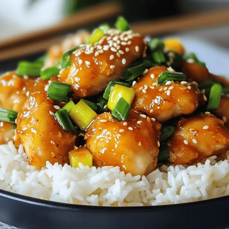 - 1 lb boneless chicken thighs, cut into bite-sized pieces - 3 tablespoons cornstarch - 3 tablespoons vegetable oil - 4 green onions, chopped - 3 cloves garlic, minced - 1 tablespoon fresh ginger, finely minced - 1/3 cup soy sauce - 1/4 cup brown sugar - 1 tablespoon rice vinegar - 1/2 teaspoon crushed red pepper flakes - Sesame seeds for garnish Gathering the right ingredients is key to making easy Mongolian chicken. You will need boneless chicken thighs for a juicy texture. Cornstarch helps create a crispy coating. Vegetable oil is perfect for frying. For flavor, use fresh green onions, garlic, and ginger. Soy sauce gives a savory taste, while brown sugar adds sweetness. Rice vinegar provides a slight tang. Adjust the heat with crushed red pepper flakes. Lastly, sesame seeds are great for finishing touches. This list is simple, yet it creates a dish full of flavor. You can find all these items at your local store. Check out the Full Recipe for more details! - Coat chicken pieces with cornstarch. - Heat oil in skillet. - Cook chicken until golden brown. Start by placing the chicken pieces in a bowl. Sprinkle the cornstarch over the chicken. Toss gently until each piece gets coated. This helps create a crispy texture. Next, heat vegetable oil in a large skillet over medium-high heat. You want it hot enough to make the chicken sizzle. Once the oil is ready, add the chicken in a single layer. Cook it for about 5 to 7 minutes. Turn the pieces occasionally. You want them to be golden brown and fully cooked. Once done, transfer the chicken to a plate and set it aside. - Add green onions, garlic, and ginger. - Sauté until fragrant. In the same skillet, pour in the remaining oil. This adds flavor to your dish. Now, add the chopped green onions, minced garlic, and finely minced ginger. Sauté them for about 2 to 3 minutes. Stir often. You can smell the lovely aroma as they cook. The green onions should start to soften. This step builds a base of flavor in your dish. - Whisk together soy sauce, brown sugar, rice vinegar, and red pepper flakes. - Pour sauce into the skillet. While the aromatics cook, grab a small bowl. In it, whisk together the soy sauce, brown sugar, rice vinegar, and red pepper flakes. You want the sugar to dissolve completely. Once mixed, pour this sauce into your skillet. Increase the heat slightly and bring it to a gentle simmer. This will combine all the flavors nicely. - Return chicken to the skillet. - Stir and simmer for flavor melding. - Garnish with sesame seeds before serving. Now, add the cooked chicken back into the skillet. Stir well to coat each piece in the sauce. Let everything simmer together for another 2 to 3 minutes. This helps the flavors meld beautifully. Finally, remove the skillet from heat. Sprinkle sesame seeds over the top before you serve. This adds a lovely crunch and a nice touch to your dish. For a complete meal, serve your easy Mongolian chicken over jasmine rice or noodles. Enjoy your culinary creation! For the full recipe, refer to the earlier section. - Ensure chicken is in a single layer for even cooking. This helps the chicken brown nicely. - Adjust spice level by varying red pepper flakes. Add more for heat or less for mildness. - Best served over jasmine rice or noodles. This adds a nice base to soak up the sauce. - Top with extra green onions and sesame seeds for a fresh crunch and great look. - Use colorful dishes for visual appeal. Bright plates make the meal pop and look inviting. - Create height with layered rice or noodles. This makes your dish look more gourmet and fun to eat. {{image_4}} You can switch out some ingredients to suit your taste. For a lighter option, use chicken breast instead of thighs. Chicken breast has less fat and cooks quickly. If you want a sweeter taste, substitute honey for brown sugar. Honey adds a nice flavor and keeps the dish moist. If you prefer a meatless meal, try using tofu or seitan. Both options provide great protein and soak up flavors well. For those needing gluten-free options, swap soy sauce with tamari. Tamari gives a similar taste without gluten. You can elevate your dish by adding more vegetables. Try bell peppers or broccoli for a pop of color and nutrition. Both veggies add crunch and flavor. For an extra layer of taste, incorporate a splash of sesame oil. This oil brings a nutty depth that complements the dish beautifully. For the full recipe, check out the details above. - Store leftovers in an airtight container. - Consume within 3-4 days for best quality. After cooking, let the Mongolian chicken cool down a bit. Place it in a container that seals tight. This helps keep it fresh. Eating it within a few days ensures it tastes great. - Freeze portion servings in freezer-safe bags. - Thaw overnight in the refrigerator before reheating. If you want to save some for later, freezing is a good option. Divide the chicken into meal-sized portions. This way, you can take out just what you need. To heat, move it to the fridge the night before. - Use a skillet to reheat on low heat. - Add a splash of water to avoid drying out. When it's time to eat again, I recommend using a skillet. Heat it on low to warm up evenly. If it seems dry, add a little water. This will keep the chicken juicy and tasty. Enjoy your meal! Yes, you can prepare it in advance. Just store it in the fridge. When you're ready, reheat it in a pan. This saves time on busy days. Plus, the flavors often get better overnight! The spice level can be changed easily. Just add more or fewer red pepper flakes. If you want it mild, use less. For more heat, add more. You control the spice! Mongolian Chicken pairs well with many sides. It’s excellent with steamed rice or noodles. You can also serve it with a fresh salad. These options enhance your meal’s flavor. Absolutely! This recipe works great with beef or pork. You can also try it with shrimp or tofu for a twist. Feel free to get creative with your protein choice! To thicken the sauce, mix a bit of cornstarch with water. Stir it into the sauce while it simmers. This will give you a nice, thick sauce to coat the chicken. This blog post offered a clear recipe for Easy Mongolian Chicken. You learned the main ingredients, step-by-step cooking, and helpful tips. Remember, you can adjust the spice level and swap ingredients to suit your taste. Also, this dish is perfect with rice or noodles. Store leftovers well for later enjoyment. With simple steps and variations, you can make it your own. Enjoy cooking this dish and share it with friends and family! Update your meals with these easy tips to create something special.