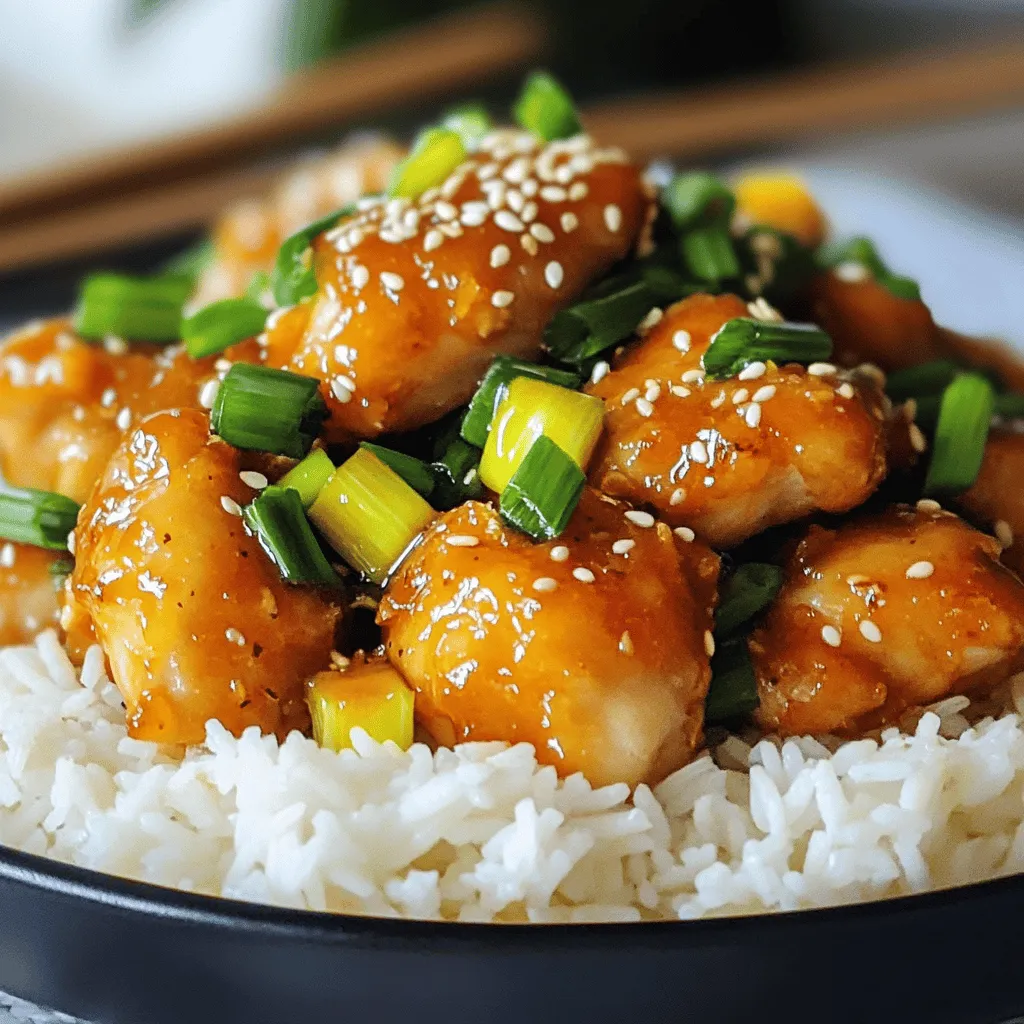 - 1 lb boneless chicken thighs, cut into bite-sized pieces - 3 tablespoons cornstarch - 3 tablespoons vegetable oil - 4 green onions, chopped - 3 cloves garlic, minced - 1 tablespoon fresh ginger, finely minced - 1/3 cup soy sauce - 1/4 cup brown sugar - 1 tablespoon rice vinegar - 1/2 teaspoon crushed red pepper flakes - Sesame seeds for garnish Gathering the right ingredients is key to making easy Mongolian chicken. You will need boneless chicken thighs for a juicy texture. Cornstarch helps create a crispy coating. Vegetable oil is perfect for frying. For flavor, use fresh green onions, garlic, and ginger. Soy sauce gives a savory taste, while brown sugar adds sweetness. Rice vinegar provides a slight tang. Adjust the heat with crushed red pepper flakes. Lastly, sesame seeds are great for finishing touches. This list is simple, yet it creates a dish full of flavor. You can find all these items at your local store. Check out the Full Recipe for more details! - Coat chicken pieces with cornstarch. - Heat oil in skillet. - Cook chicken until golden brown. Start by placing the chicken pieces in a bowl. Sprinkle the cornstarch over the chicken. Toss gently until each piece gets coated. This helps create a crispy texture. Next, heat vegetable oil in a large skillet over medium-high heat. You want it hot enough to make the chicken sizzle. Once the oil is ready, add the chicken in a single layer. Cook it for about 5 to 7 minutes. Turn the pieces occasionally. You want them to be golden brown and fully cooked. Once done, transfer the chicken to a plate and set it aside. - Add green onions, garlic, and ginger. - Sauté until fragrant. In the same skillet, pour in the remaining oil. This adds flavor to your dish. Now, add the chopped green onions, minced garlic, and finely minced ginger. Sauté them for about 2 to 3 minutes. Stir often. You can smell the lovely aroma as they cook. The green onions should start to soften. This step builds a base of flavor in your dish. - Whisk together soy sauce, brown sugar, rice vinegar, and red pepper flakes. - Pour sauce into the skillet. While the aromatics cook, grab a small bowl. In it, whisk together the soy sauce, brown sugar, rice vinegar, and red pepper flakes. You want the sugar to dissolve completely. Once mixed, pour this sauce into your skillet. Increase the heat slightly and bring it to a gentle simmer. This will combine all the flavors nicely. - Return chicken to the skillet. - Stir and simmer for flavor melding. - Garnish with sesame seeds before serving. Now, add the cooked chicken back into the skillet. Stir well to coat each piece in the sauce. Let everything simmer together for another 2 to 3 minutes. This helps the flavors meld beautifully. Finally, remove the skillet from heat. Sprinkle sesame seeds over the top before you serve. This adds a lovely crunch and a nice touch to your dish. For a complete meal, serve your easy Mongolian chicken over jasmine rice or noodles. Enjoy your culinary creation! For the full recipe, refer to the earlier section. - Ensure chicken is in a single layer for even cooking. This helps the chicken brown nicely. - Adjust spice level by varying red pepper flakes. Add more for heat or less for mildness. - Best served over jasmine rice or noodles. This adds a nice base to soak up the sauce. - Top with extra green onions and sesame seeds for a fresh crunch and great look. - Use colorful dishes for visual appeal. Bright plates make the meal pop and look inviting. - Create height with layered rice or noodles. This makes your dish look more gourmet and fun to eat. {{image_4}} You can switch out some ingredients to suit your taste. For a lighter option, use chicken breast instead of thighs. Chicken breast has less fat and cooks quickly. If you want a sweeter taste, substitute honey for brown sugar. Honey adds a nice flavor and keeps the dish moist. If you prefer a meatless meal, try using tofu or seitan. Both options provide great protein and soak up flavors well. For those needing gluten-free options, swap soy sauce with tamari. Tamari gives a similar taste without gluten. You can elevate your dish by adding more vegetables. Try bell peppers or broccoli for a pop of color and nutrition. Both veggies add crunch and flavor. For an extra layer of taste, incorporate a splash of sesame oil. This oil brings a nutty depth that complements the dish beautifully. For the full recipe, check out the details above. - Store leftovers in an airtight container. - Consume within 3-4 days for best quality. After cooking, let the Mongolian chicken cool down a bit. Place it in a container that seals tight. This helps keep it fresh. Eating it within a few days ensures it tastes great. - Freeze portion servings in freezer-safe bags. - Thaw overnight in the refrigerator before reheating. If you want to save some for later, freezing is a good option. Divide the chicken into meal-sized portions. This way, you can take out just what you need. To heat, move it to the fridge the night before. - Use a skillet to reheat on low heat. - Add a splash of water to avoid drying out. When it's time to eat again, I recommend using a skillet. Heat it on low to warm up evenly. If it seems dry, add a little water. This will keep the chicken juicy and tasty. Enjoy your meal! Yes, you can prepare it in advance. Just store it in the fridge. When you're ready, reheat it in a pan. This saves time on busy days. Plus, the flavors often get better overnight! The spice level can be changed easily. Just add more or fewer red pepper flakes. If you want it mild, use less. For more heat, add more. You control the spice! Mongolian Chicken pairs well with many sides. It’s excellent with steamed rice or noodles. You can also serve it with a fresh salad. These options enhance your meal’s flavor. Absolutely! This recipe works great with beef or pork. You can also try it with shrimp or tofu for a twist. Feel free to get creative with your protein choice! To thicken the sauce, mix a bit of cornstarch with water. Stir it into the sauce while it simmers. This will give you a nice, thick sauce to coat the chicken. This blog post offered a clear recipe for Easy Mongolian Chicken. You learned the main ingredients, step-by-step cooking, and helpful tips. Remember, you can adjust the spice level and swap ingredients to suit your taste. Also, this dish is perfect with rice or noodles. Store leftovers well for later enjoyment. With simple steps and variations, you can make it your own. Enjoy cooking this dish and share it with friends and family! Update your meals with these easy tips to create something special.