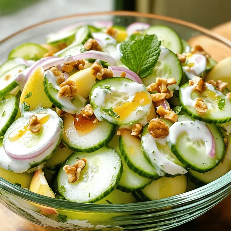 The main ingredients make this salad fresh and tasty. Here’s what you need: - 2 cups cucumbers, thinly sliced - 1 large tart apple (like Granny Smith), cored and diced - 1/2 cup red onion, thinly sliced - 1/4 cup fresh mint leaves, finely chopped - 1/4 cup plain Greek yogurt - 2 tablespoons honey - 1 tablespoon fresh lemon juice - Salt and black pepper, to taste Want to make your salad even better? You can add these extra ingredients: - 2 tablespoons toasted walnuts or pecans, chopped for crunch These add-ins give a nice texture and flavor boost. You can mix and match based on what you like. If you have specific dietary needs, don’t worry. Here are some easy swaps: - Use dairy-free yogurt instead of Greek yogurt. - Replace honey with maple syrup for a vegan option. - Try a different nut or seed if you're allergic to nuts. These substitutions help you enjoy this salad no matter your diet. For the full recipe, check the details above. Start by washing the cucumbers well. Use a sharp knife or a mandoline to slice them thinly. Place the slices in a large mixing bowl. Next, take a large tart apple, like a Granny Smith. Remove the core and cut it into small pieces. Add these apple pieces to the bowl with the cucumbers. Now, thinly slice the red onion and chop the fresh mint leaves. Toss the onion and mint into the bowl. Gently mix everything to combine the flavors. In a small bowl, whisk together the plain Greek yogurt, honey, and fresh lemon juice. Keep whisking until the mix is smooth and creamy. Add salt and black pepper to taste. This dressing will bring a nice tangy flavor to the salad. Drizzle the creamy dressing over the cucumber and apple mixture. Carefully toss everything together to coat the ingredients well. If you want extra crunch, fold in the toasted walnuts or pecans. This step adds a great texture to the salad. For the best flavor, cover the bowl and chill the salad in the fridge for 15-20 minutes. This allows the tastes to mix well. Serve it in a clear glass bowl to show off the colorful ingredients. Enjoy your fresh creation! When picking cucumbers, look for firm ones with smooth skin. They should feel heavy for their size. Avoid any that have soft spots or wrinkles. For apples, select ones that are bright and firm. Granny Smith apples work well as they add a tart taste. Check for any bruises or signs of spoilage. Fresh produce makes a big difference in taste. To save time, wash and slice your cucumbers and apples ahead of time. Store them in an airtight container in the fridge. This keeps them crisp and fresh. You can also make the dressing in advance. Store the yogurt mixture separately until you're ready to serve. This way, the salad stays crunchy and tasty. Serve your Cucumber Apple Salad in a clear bowl. This showcases the colorful layers of green and red. Garnish with extra mint leaves or a sprinkle of nuts for flair. Pair it with grilled chicken for a light lunch or serve it as a side at dinner. For a twist, try adding some feta cheese before serving. Enjoy your crisp and refreshing dish! {{image_4}} You can change the taste of your cucumber apple salad with different dressings. Try a balsamic vinaigrette for a tangy twist. A lemon-tahini dressing adds a nutty flavor. For a spicy kick, mix in some sriracha with yogurt. These dressings will keep things fresh and fun. To make your salad more filling, consider adding proteins. Grilled chicken or shrimp works well. You can also add chickpeas or black beans for a plant-based option. These additions will turn your salad into a complete meal. Feel free to mix in some quinoa for extra texture. Using seasonal ingredients can elevate your salad. In spring, add fresh peas or radishes. In summer, try ripe tomatoes or bell peppers for a colorful touch. Fall is perfect for diced pears or pomegranate seeds. In winter, use citrus fruits like oranges or grapefruits for a zesty flavor. Seasonal swaps keep your salad exciting all year round. For the full recipe, check out the Crisp Cucumber Apple Delight. After making the Cucumber Apple Salad, you might have some leftovers. To store it, place the salad in an airtight container. Make sure to keep it in the fridge. The cold will help keep it fresh for up to 2 days. If you notice any wilting, just toss those bits before eating. To keep your salad fresh, avoid mixing the dressing in until you are ready to eat. If you want to store the dressing separately, it will last longer. You can keep the yogurt dressing in a jar in the fridge for about a week. Also, store any leftover cucumbers and apples in their own containers to keep them crisp. This salad is best served cold. You do not need to reheat it. Simply take it out of the fridge and serve it as is. For a fun twist, you can add a few ice cubes to the salad bowl. This keeps it extra cool and refreshing, especially on warm days. Enjoy your Crisp Cucumber Apple Delight! For the full recipe, check out the earlier sections. Yes, you can make this salad ahead of time. I often prepare it a few hours before serving. Just remember to keep it in the fridge. The flavors blend nicely when it sits. However, avoid adding nuts until just before serving. This keeps them crispy. Cucumber Apple Salad offers many health benefits. Cucumbers are low in calories and high in water. They keep you hydrated. Apples add fiber and vitamins. The mint gives fresh taste and aids digestion. Greek yogurt provides protein and probiotics. This salad is a light and nutritious choice. You can easily adapt this salad for dietary needs. For a vegan option, swap Greek yogurt for a plant-based yogurt. If you are nut-free, skip the walnuts or pecans. You can also add protein like chickpeas or grilled chicken for a heartier meal. This salad is versatile and fits many diets. For the full recipe, check the section above. We explored the main ingredients and steps to make a refreshing Cucumber Apple Salad. You learned how to prepare, dress, and serve this dish along with helpful tips. Variations and storage advice ensure you can enjoy it fresh or later. Remember, you can customize it to fit any taste or diet. This salad is not just tasty; it’s also packed with nutrients. Try it out today and make it your own!