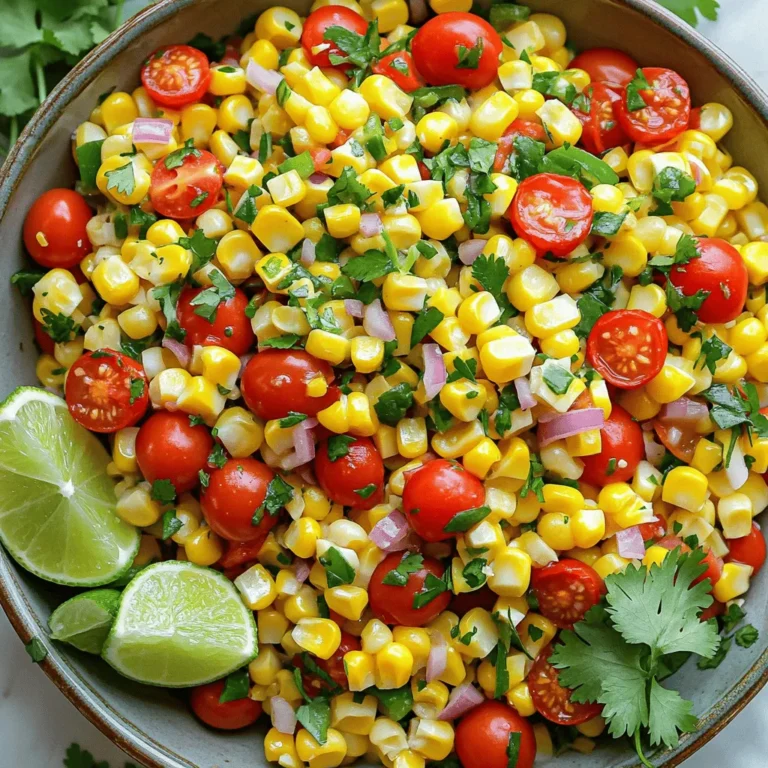 Fresh corn is the star of this salad. Use about 3 cups of corn kernels, which equals around 4 ears of corn. To get the best flavor, choose corn that is sweet and crisp. You can also use frozen corn, but fresh offers a better taste and texture. This salad needs vibrant veggies for color and crunch: - 1 cup cherry tomatoes, halved - 1 red bell pepper, diced - 1/2 red onion, finely chopped - 1 jalapeño pepper, minced (remove seeds for less heat) - 1/4 cup fresh cilantro, chopped These veggies add freshness and a mix of flavors. The tomatoes bring sweetness, while the jalapeño offers a nice kick. The dressing ties everything together. Here’s what you need: - 1/4 cup freshly squeezed lime juice (about 2 limes) - 2 tablespoons extra virgin olive oil - 1 teaspoon ground cumin - Salt and black pepper to taste This zesty dressing balances the sweet corn and veggies. The lime juice adds brightness, while cumin gives depth. Check out the [Full Recipe] for detailed instructions on making this delicious Zesty Corn Salad! To start, you need fresh corn. If you have fresh corn, fill a large pot with water. Bring it to a rolling boil. Once it boils, add the corn cobs and blanch them for about 3 minutes. After that, take them out and let them cool. When cool, cut the kernels off the cobs with a sharp knife. If you want to use frozen corn, just thaw it and drain any extra liquid. In a big mixing bowl, combine the corn kernels with cherry tomatoes, red bell pepper, and red onion. Make sure to mix them well. This way, you spread the flavors evenly throughout the salad. Take a small mixing bowl to prepare the dressing. Whisk together freshly squeezed lime juice, olive oil, ground cumin, and some salt and black pepper. Mix until all the ingredients blend together well. This zesty dressing will bring everything to life. Now, drizzle the dressing over your mixed vegetables. Gently toss everything together so that all the ingredients get coated in the dressing. This step is key for flavor. Taste the salad and adjust the seasoning if needed. If you want more zing, add more lime juice or salt. For the best flavor, let the salad sit for at least 15 minutes before serving. This wait helps the flavors mix well. You can find the full recipe for Zesty Corn Salad with a Kick! to guide you through the steps. To enhance the taste of your zesty corn salad, let it rest. After mixing, cover it and chill for at least 15 minutes. This time allows the flavors to blend. The lime juice and spices soak into the corn and veggies. You will notice a big difference in taste. If you have more time, letting it sit for an hour is even better. You can swap some ingredients based on your taste. Don’t have fresh corn? Use canned or frozen corn instead. If you want a milder flavor, skip the jalapeño or use a bell pepper. You can also replace cilantro with parsley or green onions if you prefer. For a tangy twist, try lemon juice instead of lime juice. Get creative with what you have on hand! A good-looking salad makes it more fun to eat. Serve your corn salad in a bright bowl. Top it with extra cilantro leaves for color. Add lime wedges on the side for a fresh touch. For a fun idea, layer the salad in mason jars. This not only looks nice but makes serving easy. Plus, it’s perfect for picnics or gatherings. Check out the Full Recipe for more ideas to impress your guests! {{image_4}} You can add protein to your zesty corn salad for more flavor and nutrition. Grilled chicken or shrimp works great. You can also use black beans for a plant-based option. Just rinse and drain a can of beans. Mix them in with the veggies for a hearty meal. Feel free to play with the veggies. You can use cucumbers for a cool crunch. Avocado adds creaminess and healthy fats. Try adding radishes for a peppery bite, or corn peppers for more heat. Any colorful veggie will brighten your dish and add taste. Switch up the dressing to keep things fresh. Try adding honey for sweetness or garlic for a kick. A splash of balsamic vinegar can bring a lovely tang. If you're feeling adventurous, mix in some salsa or a dash of hot sauce for extra zest. Explore the full recipe for more ideas! You can store Zesty Corn Salad in the fridge. Place it in an airtight container. This keeps the flavors fresh and vibrant. Make sure to eat it within three to five days. If you notice any changes in smell or color, it’s best to toss it out. You can freeze this salad, but it’s not ideal. Freezing changes the texture of the corn and veggies. If you want to freeze it, pack it tightly in a freezer-safe container. It can last up to three months. When you’re ready to eat it, thaw it in the fridge overnight. Reheating is not recommended for Zesty Corn Salad. It’s best enjoyed cold or at room temperature. If you must warm it, do so gently in a pan over low heat. Avoid overheating to keep the veggies crisp and fresh. For a quick fix, serve it on top of warm grains or proteins for a tasty twist. Yes, you can use frozen corn in this recipe. Just thaw the corn and drain any extra liquid. Frozen corn saves time, and it still tastes great. It’s a good option if fresh corn is not available. Try it out for a quick fix! The Zesty Corn Salad can last about 3 to 5 days in the fridge. Make sure to store it in an airtight container. If the salad starts to look watery, give it a quick stir. It’s best to eat it fresh, but leftovers make a tasty snack. This salad pairs well with many dishes. You can serve it with grilled meats, tacos, or fish. It also makes a great side for barbecues or picnics. Try it alongside some tortilla chips for a fun twist! Yes, Zesty Corn Salad is gluten-free! All the ingredients are naturally free of gluten. You can enjoy it safely if you have gluten intolerance. This salad is a light and tasty choice for everyone. This blog post covered the key ingredients, steps, tips, and variations for Zesty Corn Salad. You can use fresh corn, mix in your favorite vegetables, and create a tasty dressing. Remember to store it properly for the best flavor. Feel free to experiment with ingredients to suit your taste. Whether you add protein or unique dressings, enjoy this salad your way. Make it a staple for meals or gatherings. Embrace the freshness and flavor of this salad, and get creative!