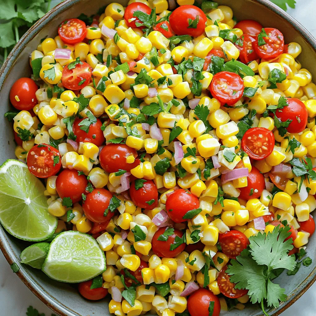 Fresh corn is the star of this salad. Use about 3 cups of corn kernels, which equals around 4 ears of corn. To get the best flavor, choose corn that is sweet and crisp. You can also use frozen corn, but fresh offers a better taste and texture. This salad needs vibrant veggies for color and crunch: - 1 cup cherry tomatoes, halved - 1 red bell pepper, diced - 1/2 red onion, finely chopped - 1 jalapeño pepper, minced (remove seeds for less heat) - 1/4 cup fresh cilantro, chopped These veggies add freshness and a mix of flavors. The tomatoes bring sweetness, while the jalapeño offers a nice kick. The dressing ties everything together. Here’s what you need: - 1/4 cup freshly squeezed lime juice (about 2 limes) - 2 tablespoons extra virgin olive oil - 1 teaspoon ground cumin - Salt and black pepper to taste This zesty dressing balances the sweet corn and veggies. The lime juice adds brightness, while cumin gives depth. Check out the [Full Recipe] for detailed instructions on making this delicious Zesty Corn Salad! To start, you need fresh corn. If you have fresh corn, fill a large pot with water. Bring it to a rolling boil. Once it boils, add the corn cobs and blanch them for about 3 minutes. After that, take them out and let them cool. When cool, cut the kernels off the cobs with a sharp knife. If you want to use frozen corn, just thaw it and drain any extra liquid. In a big mixing bowl, combine the corn kernels with cherry tomatoes, red bell pepper, and red onion. Make sure to mix them well. This way, you spread the flavors evenly throughout the salad. Take a small mixing bowl to prepare the dressing. Whisk together freshly squeezed lime juice, olive oil, ground cumin, and some salt and black pepper. Mix until all the ingredients blend together well. This zesty dressing will bring everything to life. Now, drizzle the dressing over your mixed vegetables. Gently toss everything together so that all the ingredients get coated in the dressing. This step is key for flavor. Taste the salad and adjust the seasoning if needed. If you want more zing, add more lime juice or salt. For the best flavor, let the salad sit for at least 15 minutes before serving. This wait helps the flavors mix well. You can find the full recipe for Zesty Corn Salad with a Kick! to guide you through the steps. To enhance the taste of your zesty corn salad, let it rest. After mixing, cover it and chill for at least 15 minutes. This time allows the flavors to blend. The lime juice and spices soak into the corn and veggies. You will notice a big difference in taste. If you have more time, letting it sit for an hour is even better. You can swap some ingredients based on your taste. Don’t have fresh corn? Use canned or frozen corn instead. If you want a milder flavor, skip the jalapeño or use a bell pepper. You can also replace cilantro with parsley or green onions if you prefer. For a tangy twist, try lemon juice instead of lime juice. Get creative with what you have on hand! A good-looking salad makes it more fun to eat. Serve your corn salad in a bright bowl. Top it with extra cilantro leaves for color. Add lime wedges on the side for a fresh touch. For a fun idea, layer the salad in mason jars. This not only looks nice but makes serving easy. Plus, it’s perfect for picnics or gatherings. Check out the Full Recipe for more ideas to impress your guests! {{image_4}} You can add protein to your zesty corn salad for more flavor and nutrition. Grilled chicken or shrimp works great. You can also use black beans for a plant-based option. Just rinse and drain a can of beans. Mix them in with the veggies for a hearty meal. Feel free to play with the veggies. You can use cucumbers for a cool crunch. Avocado adds creaminess and healthy fats. Try adding radishes for a peppery bite, or corn peppers for more heat. Any colorful veggie will brighten your dish and add taste. Switch up the dressing to keep things fresh. Try adding honey for sweetness or garlic for a kick. A splash of balsamic vinegar can bring a lovely tang. If you're feeling adventurous, mix in some salsa or a dash of hot sauce for extra zest. Explore the full recipe for more ideas! You can store Zesty Corn Salad in the fridge. Place it in an airtight container. This keeps the flavors fresh and vibrant. Make sure to eat it within three to five days. If you notice any changes in smell or color, it’s best to toss it out. You can freeze this salad, but it’s not ideal. Freezing changes the texture of the corn and veggies. If you want to freeze it, pack it tightly in a freezer-safe container. It can last up to three months. When you’re ready to eat it, thaw it in the fridge overnight. Reheating is not recommended for Zesty Corn Salad. It’s best enjoyed cold or at room temperature. If you must warm it, do so gently in a pan over low heat. Avoid overheating to keep the veggies crisp and fresh. For a quick fix, serve it on top of warm grains or proteins for a tasty twist. Yes, you can use frozen corn in this recipe. Just thaw the corn and drain any extra liquid. Frozen corn saves time, and it still tastes great. It’s a good option if fresh corn is not available. Try it out for a quick fix! The Zesty Corn Salad can last about 3 to 5 days in the fridge. Make sure to store it in an airtight container. If the salad starts to look watery, give it a quick stir. It’s best to eat it fresh, but leftovers make a tasty snack. This salad pairs well with many dishes. You can serve it with grilled meats, tacos, or fish. It also makes a great side for barbecues or picnics. Try it alongside some tortilla chips for a fun twist! Yes, Zesty Corn Salad is gluten-free! All the ingredients are naturally free of gluten. You can enjoy it safely if you have gluten intolerance. This salad is a light and tasty choice for everyone. This blog post covered the key ingredients, steps, tips, and variations for Zesty Corn Salad. You can use fresh corn, mix in your favorite vegetables, and create a tasty dressing. Remember to store it properly for the best flavor. Feel free to experiment with ingredients to suit your taste. Whether you add protein or unique dressings, enjoy this salad your way. Make it a staple for meals or gatherings. Embrace the freshness and flavor of this salad, and get creative!