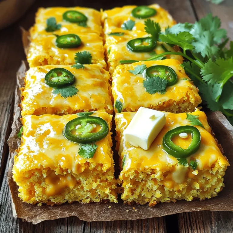 - 1 cup cornmeal - 1 cup all-purpose flour - 1 tablespoon baking powder - 1/2 teaspoon salt - 1/4 teaspoon cayenne pepper (optional) - 1 cup buttermilk - 2 large eggs - 1/4 cup unsalted butter, melted - 1 cup shredded sharp cheddar cheese - 1-2 fresh jalapeños, seeded and finely diced - 2 tablespoons honey (optional) When making jalapeño cheddar cornbread, I love the mix of flavors. The cornmeal gives it a great texture. The cheddar adds a rich taste. Jalapeños bring a nice kick. This simple list covers everything you need. You can switch the all-purpose flour for a gluten-free option. Almond flour or a gluten-free mix works well. For the buttermilk, use almond milk or soy milk with a splash of vinegar. This keeps the recipe creamy without dairy. Jalapeños can vary in heat. For a mild flavor, use a fresh poblano instead. If you want more heat, look for serrano peppers. You can also add spices like cumin or smoked paprika to boost the flavor even more. First, preheat your oven to 400°F (200°C). This step helps the cornbread rise well. Next, get your 8-inch square baking dish ready. You can grease it with butter or line it with parchment paper. This makes it easier to take out the cornbread later. In a large bowl, mix the dry ingredients. Combine 1 cup of cornmeal, 1 cup of all-purpose flour, 1 tablespoon of baking powder, 1/2 teaspoon of salt, and 1/4 teaspoon of cayenne pepper if you want some heat. Whisk these together until they are well blended. This ensures an even flavor in your cornbread. Now, in another bowl, whisk together your wet ingredients. Use 1 cup of buttermilk, 2 large eggs, and 1/4 cup of melted butter. Mix until smooth. If you like a hint of sweetness, add 2 tablespoons of honey and stir until it dissolves. This step brings all the flavors together. Pour the wet mixture into the dry ingredients. Stir gently until just combined. It’s okay if there are some lumps; avoid over-mixing. This keeps your cornbread fluffy. Next, fold in 1 cup of shredded sharp cheddar cheese and 1-2 finely diced jalapeños. Make sure they spread evenly throughout the batter. Transfer the batter to your prepared baking dish. Use a spatula to smooth the top. Bake in your preheated oven for 20-25 minutes. Watch for a golden brown top. To check if it’s done, insert a toothpick in the center. If it comes out clean, your cornbread is ready. Let it cool for a few minutes before cutting into squares. Enjoy your delicious Jalapeno Cheddar Cornbread! For the complete recipe, check out the Full Recipe section. To make cornbread fluffy, avoid over-mixing. When you mix the wet and dry ingredients, stir gently. A few lumps in the batter are fine. Over-mixing makes the cornbread dense. You want that nice, light texture. Use high-quality cheese and fresh ingredients. Sharp cheddar cheese adds depth of flavor. Fresh jalapeños give a bright, spicy kick. I always recommend grating your own cheese for the best taste. Store-bought cheese may not melt as well. You can use different baking dishes or sizes. A cast iron skillet adds a crispy edge. Muffin tins create individual servings. Adjust the baking time depending on the dish. Smaller pans may bake faster, while larger pans need more time. Always check for that golden top! For the full recipe, check out the details above. {{image_4}} You can make jalapeño cheddar cornbread even better with some fun extras. - Adding corn kernels: Toss in a cup of fresh or canned corn. It gives your cornbread a sweet bite and a nice texture. - Incorporating herbs or spices: Try adding fresh herbs like cilantro or chives. A sprinkle of smoked paprika can also add depth and warmth to the flavor. Think about how you serve your cornbread. It can elevate your meal. - Pairing cornbread with soups and stews: Cornbread goes well with chili or chicken soup. The warm bread soaks up the broth, making each bite delightful. - Serving with dips or spreads: Try it with honey butter or a spicy salsa. This adds a new layer of flavor, making every bite more exciting. Want to make this dish fit more diets? Here are some tips. - Vegan-friendly adaptations for the recipe: Substitute buttermilk with plant milk mixed with vinegar. Use flax eggs instead of regular eggs. This keeps the flavor while making it vegan. With these variations, you can cater to different tastes and needs while enjoying this delicious cornbread. For the full recipe, check the main section. After making your Jalapeño Cheddar Cornbread, let it cool. Once cooled, wrap the cornbread tightly in plastic wrap. This keeps it fresh for about 3 to 5 days. You can also store it in an airtight container. Place it in the fridge to maintain its flavor and texture. If you want to add a bit of moisture, consider placing a damp paper towel in the container. For long-term storage, freezing is your best friend. Cut the cornbread into squares. Wrap each piece in plastic wrap, then place them in a freezer bag. Remove as much air as you can before sealing. This helps prevent freezer burn. You can keep the cornbread in the freezer for up to 3 months. When you're ready to eat it, just thaw it overnight in the fridge. To reheat your cornbread, use the oven for the best results. Preheat your oven to 350°F (180°C). Place the cornbread on a baking sheet. For added moisture, cover it with foil. Heat for about 10 to 15 minutes. You can also use the microwave for a quick option. Place a piece of cornbread on a microwave-safe plate. Add a small bowl of water next to it. Heat for 30 seconds to 1 minute. This method helps keep the cornbread soft. Enjoy it warm, and don't forget to check out the Full Recipe for more tips! Your cornbread is done when it is golden brown on top. You can also test with a toothpick. Insert it into the center of the cornbread. If it comes out clean, it’s ready! Another sign is a slight spring when you touch the top. Yes, you can make cornbread ahead of time. Bake it and let it cool completely. Then wrap it tightly in plastic wrap or foil. It can stay in the fridge for up to three days. To serve, just reheat it in the oven. Jalapeno cheddar cornbread pairs well with many dishes. You can serve it with chili, soup, or barbecue. It also goes great with a fresh salad. For drinks, try it with iced tea or a light beer. For the full Jalapeno Cheddar Cornbread recipe, click [here](#). You learned how to make Jalapeno Cheddar Cornbread step by step. This recipe includes a complete ingredient list, tips for substitutions, and ways to adjust spice levels. You also discovered how to achieve the best texture and flavor. Finally, I shared variations, storage info, and answers to common questions. Now, enjoy this tasty cornbread at your next meal. It pairs well with soups or stews and is perfect for sharing. Happy baking!