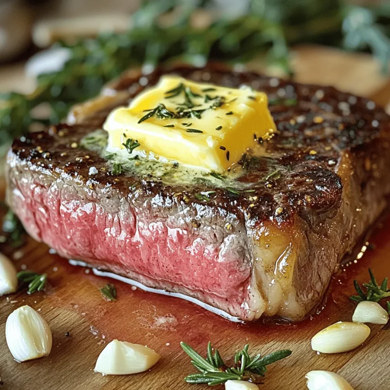 - 2 ribeye or sirloin steaks (1 inch thick) - 4 tablespoons unsalted butter, divided - 4 cloves garlic, finely minced - 2 tablespoons fresh rosemary leaves, finely chopped - 2 tablespoons fresh thyme leaves, finely chopped - Kosher salt and freshly cracked black pepper to taste - 1 tablespoon extra virgin olive oil The beauty of garlic herb butter steak lies in its simple yet rich flavors. Using high-quality cuts like ribeye or sirloin makes a big difference. They are tender and juicy, perfect for this dish. You will need unsalted butter for this recipe. It allows you to control the salt in the dish. Fresh garlic adds a punch of flavor that makes your steak shine. Herbs like rosemary and thyme bring an earthy taste that pairs well with beef. Chop them finely to mix easily into your butter. For seasoning, kosher salt and black pepper are key. They enhance the steak's natural flavors without overpowering them. A drizzle of extra virgin olive oil adds richness and helps the steak sear beautifully. This mix of ingredients makes the steak juicy and flavorful. Check out the Full Recipe for detailed steps on how to bring this dish to life. - Remove steaks from the refrigerator and let them reach room temperature. - Pat the steaks dry and season generously with salt and pepper. Starting with room temperature steaks helps them cook evenly. Use paper towels to pat them dry. This keeps them from steaming in the pan. Season both sides well with salt and pepper. This step adds great flavor. - Combine softened butter with minced garlic and chopped herbs. - Stir well and set aside. For the garlic herb butter, take softened butter and mix in minced garlic. Add chopped rosemary and thyme. Stir until all ingredients blend well. This mixture adds rich flavor to the finished dish. - Heat olive oil in a cast-iron skillet. - Sear steaks for 4-5 minutes on each side for medium-rare. Heat olive oil in your skillet until it shimmers. Carefully add the seasoned steaks. Sear them for about 4-5 minutes on each side for medium-rare. Adjust the time for your desired doneness. - Add remaining butter during last minute of cooking. - Baste steaks continuously for enhanced flavor. In the last minute, add the remaining butter to the pan. Use a spoon to baste the steaks with the melting butter. This step enhances the flavor and makes the meat tender. - Transfer cooked steaks to a cutting board. - Allow to rest for 5-10 minutes before slicing. Once cooked, move the steaks to a cutting board. Let them rest for 5-10 minutes. This helps the juices redistribute, ensuring every bite stays juicy. - Slice steaks against the grain. - Top with garlic herb butter and any remaining skillet butter. After resting, slice the steaks against the grain for tenderness. Serve them topped with the garlic herb butter and any butter left in the skillet. For extra flavor, add fresh herbs on top. Enjoy this savory dish with your favorite sides! For the full recipe, check out the Full Recipe section. When picking a steak, consider ribeye and sirloin. Ribeye is rich and tender. It has a lot of fat, which adds flavor. Sirloin is leaner and firmer but still tasty. Thickness matters too. A steak that is 1 inch thick cooks evenly. Thicker cuts take longer to cook, so watch them closely. To check if your steak is done, use a thermometer. For medium-rare, aim for 130°F. Insert the probe into the thickest part. If you prefer it more cooked, adjust your timing. Each degree counts. Remember, the steak will keep cooking after you take it off the heat. You can change the flavors with substitutes. If you don’t have garlic, try shallots or onion. Fresh herbs like parsley or basil also work well. For a kick, add spices like paprika or chili flakes. Hot sauce can boost the flavor too. Experiment with what you like to make your steak special. For the full recipe, check out Garlic Herb Butter Steak. {{image_4}} You can use many cuts for this garlic herb butter steak. Ribeye and sirloin work great, but tenderloin is a real treat. Tenderloin is very soft and melts in your mouth. Flank steak is another choice. It offers a leaner option with a nice flavor. If you want to save some cash, flank steak is budget-friendly. You can still enjoy tasty steak without spending too much. Herb butter is key to this dish's flavor. You can add a variety of herbs or spices. Try mixing in parsley or chives for a fresh twist. If you like a kick, add red pepper flakes. You can also infuse your butter with lemon zest. The bright citrus flavor adds a lovely touch. Smoked paprika can give your butter a nice smoky taste. Both options bring new life to your garlic herb butter. You can cook your garlic herb butter steak in several ways. Grilling gives a great smoky flavor. Just make sure your grill is hot before adding the steak. Pan-searing is another easy method. A cast-iron skillet gives a nice crust. If you prefer, you can bake your steak in the oven. Bake it at 400°F for a juicy steak that’s easy to cook. Each method brings out different flavors and textures, so choose what you like best! To keep your garlic herb butter steak fresh, refrigerate it right away. Place the steak in an airtight container. This helps keep the meat juicy and full of flavor. You can store it for up to three days. For the garlic herb butter, use a small jar or wrap it well in plastic wrap. This prevents it from absorbing other smells in the fridge. When reheating your steak, avoid using a microwave. Microwaves can dry out the meat. Instead, use a skillet over low heat. Add a splash of water or broth to keep it moist. Cover the skillet with a lid to trap steam. This method helps keep your steak tender and flavorful. For the garlic herb butter, you can melt it gently in a small pan when ready to use. Yes, you can freeze garlic herb butter steak! Wrap it tightly in foil or freezer bags. This keeps out air and prevents freezer burn. It can last up to three months in the freezer. For the garlic herb butter, scoop it into ice cube trays and freeze. Once frozen, pop the cubes into a freezer bag. This way, you can use just what you need later. The best temperature for cooking steak varies by how you like it. Here are the ideal internal temperatures for different doneness levels: - Rare: 125°F (52°C) - Medium Rare: 135°F (57°C) - Medium: 145°F (63°C) - Medium Well: 150°F (66°C) - Well Done: 160°F (71°C) Use a meat thermometer for accuracy. Insert it into the thickest part of the steak for the best reading. To know if your steak is done, watch for these signs: - Color: The outside should be browned. - Touch: Press the steak; it should feel firm but not hard. - Juices: The juices should run clear when you cut into it. - Thermometer: Use a meat thermometer for exact doneness. These signs help you cook steak perfectly every time. Yes, you can make garlic herb butter ahead of time. Here’s how: - Mix and Store: Combine the butter, garlic, and herbs and store it in an airtight container. - Refrigerate: Keep it in the fridge for up to one week. - Freeze: For longer storage, freeze it in small portions. Wrap it tightly in plastic wrap. This makes cooking easy when you're short on time. Many side dishes pair nicely with garlic herb butter steak. Here are some tasty options: - Roasted Vegetables: Carrots, Brussels sprouts, or asparagus. - Mashed Potatoes: Creamy and rich, they complement the steak. - Green Salad: A fresh salad with vinaigrette adds crunch. - Rice Pilaf: Fluffy rice with herbs balances the meal. These sides enhance the steak's flavors and create a complete meal. For the full recipe, check out the Garlic Herb Butter Steak section! In this post, we explored how to cook a delicious garlic herb butter steak. We shared key ingredients, step-by-step cooking instructions, and helpful tips. You learned how to choose the right cut and achieve your preferred doneness. The variations also offer creative ideas for steak lovers. Finally, we discussed proper storage and reheating methods to keep your steak tasty. With this knowledge, you can impress anyone at your table with a mouthwatering meal. Enjoy your cooking journey!