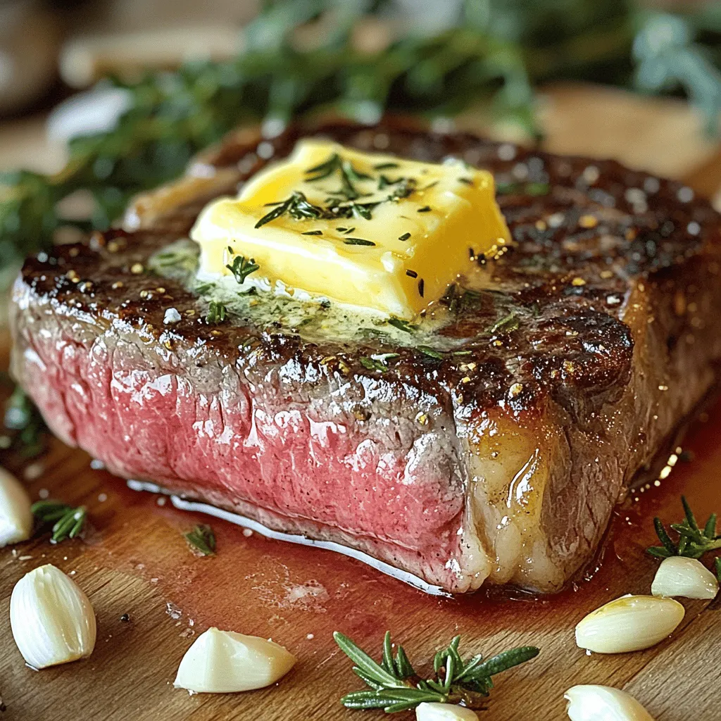- 2 ribeye or sirloin steaks (1 inch thick) - 4 tablespoons unsalted butter, divided - 4 cloves garlic, finely minced - 2 tablespoons fresh rosemary leaves, finely chopped - 2 tablespoons fresh thyme leaves, finely chopped - Kosher salt and freshly cracked black pepper to taste - 1 tablespoon extra virgin olive oil The beauty of garlic herb butter steak lies in its simple yet rich flavors. Using high-quality cuts like ribeye or sirloin makes a big difference. They are tender and juicy, perfect for this dish. You will need unsalted butter for this recipe. It allows you to control the salt in the dish. Fresh garlic adds a punch of flavor that makes your steak shine. Herbs like rosemary and thyme bring an earthy taste that pairs well with beef. Chop them finely to mix easily into your butter. For seasoning, kosher salt and black pepper are key. They enhance the steak's natural flavors without overpowering them. A drizzle of extra virgin olive oil adds richness and helps the steak sear beautifully. This mix of ingredients makes the steak juicy and flavorful. Check out the Full Recipe for detailed steps on how to bring this dish to life. - Remove steaks from the refrigerator and let them reach room temperature. - Pat the steaks dry and season generously with salt and pepper. Starting with room temperature steaks helps them cook evenly. Use paper towels to pat them dry. This keeps them from steaming in the pan. Season both sides well with salt and pepper. This step adds great flavor. - Combine softened butter with minced garlic and chopped herbs. - Stir well and set aside. For the garlic herb butter, take softened butter and mix in minced garlic. Add chopped rosemary and thyme. Stir until all ingredients blend well. This mixture adds rich flavor to the finished dish. - Heat olive oil in a cast-iron skillet. - Sear steaks for 4-5 minutes on each side for medium-rare. Heat olive oil in your skillet until it shimmers. Carefully add the seasoned steaks. Sear them for about 4-5 minutes on each side for medium-rare. Adjust the time for your desired doneness. - Add remaining butter during last minute of cooking. - Baste steaks continuously for enhanced flavor. In the last minute, add the remaining butter to the pan. Use a spoon to baste the steaks with the melting butter. This step enhances the flavor and makes the meat tender. - Transfer cooked steaks to a cutting board. - Allow to rest for 5-10 minutes before slicing. Once cooked, move the steaks to a cutting board. Let them rest for 5-10 minutes. This helps the juices redistribute, ensuring every bite stays juicy. - Slice steaks against the grain. - Top with garlic herb butter and any remaining skillet butter. After resting, slice the steaks against the grain for tenderness. Serve them topped with the garlic herb butter and any butter left in the skillet. For extra flavor, add fresh herbs on top. Enjoy this savory dish with your favorite sides! For the full recipe, check out the Full Recipe section. When picking a steak, consider ribeye and sirloin. Ribeye is rich and tender. It has a lot of fat, which adds flavor. Sirloin is leaner and firmer but still tasty. Thickness matters too. A steak that is 1 inch thick cooks evenly. Thicker cuts take longer to cook, so watch them closely. To check if your steak is done, use a thermometer. For medium-rare, aim for 130°F. Insert the probe into the thickest part. If you prefer it more cooked, adjust your timing. Each degree counts. Remember, the steak will keep cooking after you take it off the heat. You can change the flavors with substitutes. If you don’t have garlic, try shallots or onion. Fresh herbs like parsley or basil also work well. For a kick, add spices like paprika or chili flakes. Hot sauce can boost the flavor too. Experiment with what you like to make your steak special. For the full recipe, check out Garlic Herb Butter Steak. {{image_4}} You can use many cuts for this garlic herb butter steak. Ribeye and sirloin work great, but tenderloin is a real treat. Tenderloin is very soft and melts in your mouth. Flank steak is another choice. It offers a leaner option with a nice flavor. If you want to save some cash, flank steak is budget-friendly. You can still enjoy tasty steak without spending too much. Herb butter is key to this dish's flavor. You can add a variety of herbs or spices. Try mixing in parsley or chives for a fresh twist. If you like a kick, add red pepper flakes. You can also infuse your butter with lemon zest. The bright citrus flavor adds a lovely touch. Smoked paprika can give your butter a nice smoky taste. Both options bring new life to your garlic herb butter. You can cook your garlic herb butter steak in several ways. Grilling gives a great smoky flavor. Just make sure your grill is hot before adding the steak. Pan-searing is another easy method. A cast-iron skillet gives a nice crust. If you prefer, you can bake your steak in the oven. Bake it at 400°F for a juicy steak that’s easy to cook. Each method brings out different flavors and textures, so choose what you like best! To keep your garlic herb butter steak fresh, refrigerate it right away. Place the steak in an airtight container. This helps keep the meat juicy and full of flavor. You can store it for up to three days. For the garlic herb butter, use a small jar or wrap it well in plastic wrap. This prevents it from absorbing other smells in the fridge. When reheating your steak, avoid using a microwave. Microwaves can dry out the meat. Instead, use a skillet over low heat. Add a splash of water or broth to keep it moist. Cover the skillet with a lid to trap steam. This method helps keep your steak tender and flavorful. For the garlic herb butter, you can melt it gently in a small pan when ready to use. Yes, you can freeze garlic herb butter steak! Wrap it tightly in foil or freezer bags. This keeps out air and prevents freezer burn. It can last up to three months in the freezer. For the garlic herb butter, scoop it into ice cube trays and freeze. Once frozen, pop the cubes into a freezer bag. This way, you can use just what you need later. The best temperature for cooking steak varies by how you like it. Here are the ideal internal temperatures for different doneness levels: - Rare: 125°F (52°C) - Medium Rare: 135°F (57°C) - Medium: 145°F (63°C) - Medium Well: 150°F (66°C) - Well Done: 160°F (71°C) Use a meat thermometer for accuracy. Insert it into the thickest part of the steak for the best reading. To know if your steak is done, watch for these signs: - Color: The outside should be browned. - Touch: Press the steak; it should feel firm but not hard. - Juices: The juices should run clear when you cut into it. - Thermometer: Use a meat thermometer for exact doneness. These signs help you cook steak perfectly every time. Yes, you can make garlic herb butter ahead of time. Here’s how: - Mix and Store: Combine the butter, garlic, and herbs and store it in an airtight container. - Refrigerate: Keep it in the fridge for up to one week. - Freeze: For longer storage, freeze it in small portions. Wrap it tightly in plastic wrap. This makes cooking easy when you're short on time. Many side dishes pair nicely with garlic herb butter steak. Here are some tasty options: - Roasted Vegetables: Carrots, Brussels sprouts, or asparagus. - Mashed Potatoes: Creamy and rich, they complement the steak. - Green Salad: A fresh salad with vinaigrette adds crunch. - Rice Pilaf: Fluffy rice with herbs balances the meal. These sides enhance the steak's flavors and create a complete meal. For the full recipe, check out the Garlic Herb Butter Steak section! In this post, we explored how to cook a delicious garlic herb butter steak. We shared key ingredients, step-by-step cooking instructions, and helpful tips. You learned how to choose the right cut and achieve your preferred doneness. The variations also offer creative ideas for steak lovers. Finally, we discussed proper storage and reheating methods to keep your steak tasty. With this knowledge, you can impress anyone at your table with a mouthwatering meal. Enjoy your cooking journey!