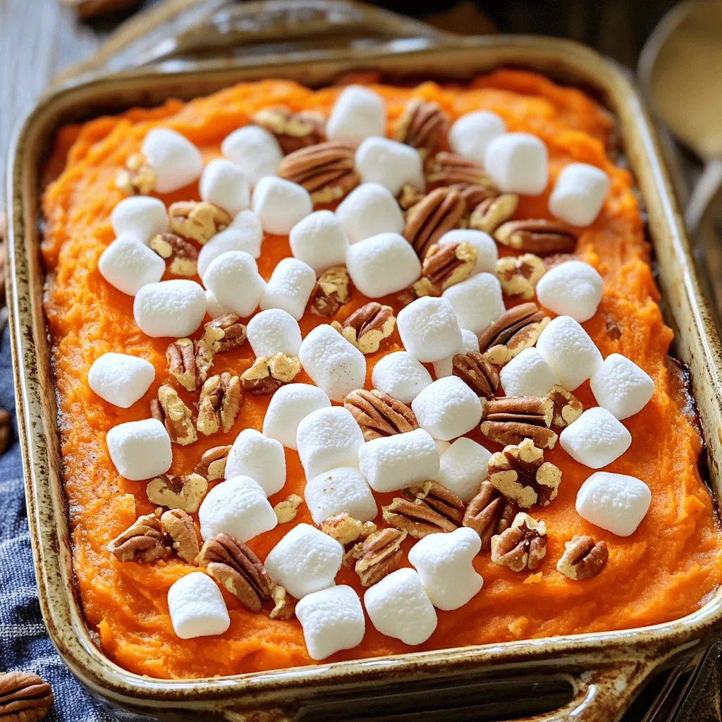 - 4 medium sweet potatoes, peeled and cut into 1-inch cubes - 1/2 cup brown sugar, packed - 1/4 cup unsalted butter, melted and slightly cooled - 1/2 cup whole milk Sweet potatoes are the star of this dish. They bring a natural sweetness and creamy texture. I choose medium sweet potatoes for even cooking and a nice balance of flavor. Brown sugar adds a rich sweetness. It complements the sweet potatoes well. The unsalted butter helps create a smooth, velvety base. Whole milk makes the filling creamy and rich. - 1/2 teaspoon ground cinnamon - 1/4 teaspoon ground nutmeg - 1/4 teaspoon sea salt - 1 teaspoon pure vanilla extract The seasonings elevate the dish. Ground cinnamon and nutmeg add warmth and depth. Sea salt balances the sweetness, bringing out the flavors. Pure vanilla extract adds a lovely aroma and taste. - 1 cup mini marshmallows - 1/2 cup chopped pecans Mini marshmallows are a must for that gooey topping. They melt beautifully and caramelize to create a sugary crust. Chopped pecans add a nice crunch and nutty flavor. You can mix them in or sprinkle them on top. For the full recipe, check out Sweet Potato Bliss Casserole. 1. Start by boiling water in a large pot. Add salt for flavor. 2. Cut four medium sweet potatoes into 1-inch cubes. 3. Carefully add the sweet potatoes to the boiling water. 4. Cook for 15-20 minutes or until they are tender. 5. Drain the sweet potatoes and let them cool slightly. 6. Transfer the sweet potatoes to a mixing bowl. 7. Use a potato masher or fork to mash them until smooth and creamy. 1. Add the following to your mashed sweet potatoes: - 1/2 cup packed brown sugar - 1/4 cup melted unsalted butter - 1/2 cup whole milk - 1/2 teaspoon ground cinnamon - 1/4 teaspoon ground nutmeg - 1/4 teaspoon sea salt - 1 teaspoon pure vanilla extract 2. Stir everything together until well combined. Aim for a smooth mixture with no lumps. 1. Preheat your oven to 350°F (175°C). 2. Lightly grease a 9x13 inch baking dish with cooking spray or butter. 3. Pour the sweet potato mixture into the baking dish. Spread it evenly. 4. Generously sprinkle 1 cup of mini marshmallows over the top. 5. If you like, add 1/2 cup of chopped pecans for a nice crunch. 6. Bake for 25-30 minutes. Look for golden brown marshmallows on top. 7. Remove the casserole from the oven. Let it cool for about 5 minutes before serving. For the full recipe, check out the Sweet Potato Bliss Casserole! To make your sweet potato casserole just right, focus on sweetness. Use less brown sugar if you prefer a less sweet dish. For a richer taste, consider adding a touch of maple syrup. This gives a nice balance to the sweet potatoes. For a creamy texture, mash your sweet potatoes well. You want them smooth, with no lumps. Adding whole milk helps, but you can use cream for extra richness. If you want to lighten it up, use almond milk instead. How you serve matters! A simple garnish can make your dish pop. Try a light dusting of cinnamon on top. This adds color and a hint of spice. You can also add whole pecans for a rustic look. Serve the casserole warm from the baking dish. This makes it feel cozy and inviting. Pair it with roasted turkey or green beans for a full meal. The blend of flavors will delight your guests. Want to save time? Use pre-cooked sweet potatoes or canned alternatives. This cuts down on cooking time. Just mash and mix with your other ingredients. For holidays, prep ahead! You can make the casserole the night before. Store it in the fridge and bake it the next day. This helps you enjoy time with family while the dish cooks. For the full recipe, visit the section above. {{image_4}} You can make sweet potato casserole even better! Adding spices like ginger or cloves gives it a warm kick. These spices blend well with sweet potatoes and make each bite exciting. Using maple syrup instead of brown sugar is another option. It adds a rich, natural sweetness. The syrup enhances the overall flavor and makes the dish feel special. If you need dairy-free or vegan options, swap the milk and butter for plant-based versions. Almond milk or coconut milk works great. For butter, use vegan butter or coconut oil. This way, everyone can enjoy the casserole. Making it gluten-free is easy too. Most ingredients are naturally gluten-free. Just check labels for any hidden gluten. This makes the dish safe for those with gluten sensitivities. You can also get creative with unique ingredients. Adding fruits like apples or cranberries adds a nice twist. They bring a sweet and tart flavor that brightens the dish. For extra crunch and flavor, add different nuts or seeds. Chopped pecans or walnuts work well. They add texture and a nutty taste that complements the sweet potatoes nicely. For more details, check out the Full Recipe to explore these variations! To store leftovers, let the casserole cool first. Transfer it to an airtight container. You can also cover the dish tightly with plastic wrap. Make sure no air gets in. This keeps your casserole fresh and tasty. You can freeze the casserole before or after baking. If freezing before, prepare it as normal but skip baking. Wrap it well in plastic wrap and foil. If you want to freeze it after baking, let it cool first. Then, cover it in the same way. To thaw, move it to the fridge overnight. Reheat in the oven at 350°F until warm. This keeps the flavors intact. The casserole lasts about 3-5 days in the fridge. If frozen, it can last up to 3 months. Just remember to check for any off smells or weird textures before eating. Following these tips will help keep your sweet potato casserole with marshmallows delightful! For the full recipe, check the link. Baking sweet potato casserole with marshmallows takes about 25-30 minutes at 350°F (175°C). This time ensures that the marshmallows puff up and turn golden brown, adding a delicious topping to your sweet potatoes. Yes, you can prepare the casserole ahead of time. Cook the sweet potatoes and mix them with the other ingredients. Place the mixture in your baking dish but do not add the marshmallows yet. Cover it and store it in the fridge. When you are ready, add the marshmallows and bake as directed. If you want a different topping, consider using crushed graham crackers for a s'mores vibe. You can also use a mix of chopped nuts and a drizzle of maple syrup. These alternatives give a unique twist while keeping the dish sweet and crunchy. Yes, this casserole is gluten-free. It uses sweet potatoes, which are naturally gluten-free. Just ensure that any added ingredients, like marshmallows, are also gluten-free. Always check labels to be sure. In this blog post, we explored how to make a delicious sweet potato casserole. We discussed the key ingredients, like sweet potatoes and spices, that create a flavorful dish. You learned the steps to prepare, combine, and bake the casserole to perfection. Tips were shared for making it creamier and more appealing. Remember, variations and storage options can keep this dish fresh and exciting. With these insights, you can enjoy and share this classic recipe with friends and family. Happy cooking!