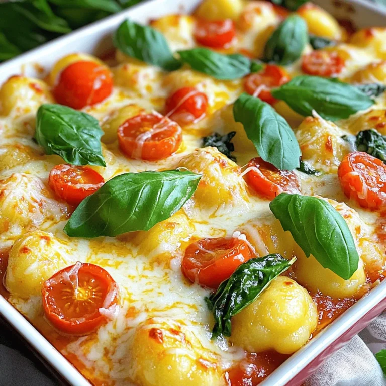 - 1 pound (450g) potato gnocchi - 2 cups marinara sauce - 1 cup ricotta cheese - 1 cup shredded mozzarella cheese - 1/2 cup grated Parmesan cheese - 1 cup baby spinach, roughly chopped - 1/2 cup cherry tomatoes, halved - 1 tablespoon olive oil - 1 teaspoon garlic powder - Salt and pepper to taste - Fresh basil leaves for garnish Cooking gnocchi is simple. You only need a few key ingredients to make this dish shine. Start with potato gnocchi. It gives a soft, fluffy texture. Marinara sauce adds a rich flavor. Ricotta cheese adds creaminess. Mozzarella and Parmesan bring that cheesy goodness. Don’t forget the fresh spinach. It adds color and nutrition. Cherry tomatoes offer a juicy burst in each bite. Olive oil helps everything meld together. Garlic powder adds depth. Finally, you can season with salt and pepper to your liking. - Alternative cheeses for different flavors: You can swap ricotta for cottage cheese. Use provolone or gouda instead of mozzarella for a twist. - Gluten-free gnocchi options: Look for gnocchi made with rice or corn flour. They work just as well! - Seasonal vegetables to replace spinach or tomatoes: Try bell peppers or zucchini in place of spinach. Fresh asparagus or roasted squash can replace tomatoes too. These substitutions keep the dish fresh and exciting. You can adjust based on what you have or what is in season. Check out the Full Recipe for more details on how to create this loaded baked gnocchi dish! - Preheat the oven to 400°F (200°C). - In a large pot, bring salted water to a boil. - Carefully add the potato gnocchi to the boiling water. - Cook until the gnocchi float, about 2-3 minutes. - Use a slotted spoon to transfer them to a colander. - In a big mixing bowl, combine the drained gnocchi with marinara sauce. - Add ricotta cheese, chopped baby spinach, and garlic powder. - Season with a pinch of salt and pepper. - Gently fold the mixture so all gnocchi get coated. - Take a baking dish and grease it with olive oil. - Transfer the gnocchi mixture to the dish, spreading it evenly. - Top the mix with mozzarella and Parmesan cheese. - Scatter halved cherry tomatoes over the cheese layer. - Drizzle olive oil on top for a nice glaze. - Bake in the preheated oven for 20-25 minutes. - Look for bubbly and golden cheese. - Once baked, remove the dish and let it cool. - Garnish with fresh basil leaves before serving. This loaded baked gnocchi dish is a savory delight that brings comfort and joy. For the full recipe, check out the detailed instructions. Enjoy your cooking! To get that perfect gooey cheese texture, use a mix of cheeses. I like ricotta for creaminess and mozzarella for stretch. Bake the dish until the cheese bubbles and starts to brown. Keep an eye on it to avoid burning. For an even golden-brown top, spread the cheese evenly. A light drizzle of olive oil helps too. You can customize this dish for different diets. For a vegan version, swap the cheese with plant-based options. Low-carb eaters can use cauliflower gnocchi instead of potato gnocchi. Try adding different seasonings. Red pepper flakes add heat, while Italian herbs bring freshness. You can also toss in cooked meats for more flavor. Serve the loaded gnocchi in colorful bowls for a nice look. This helps show off the melted cheese and bright tomatoes. Garnish with fresh basil leaves for a pop of color. A sprinkle of cracked black pepper can add an extra touch. For an elegant finish, drizzle a bit of olive oil on top. For the full recipe, check out the [Full Recipe]. {{image_4}} You can change up the flavor by using different sauces. Pesto sauce gives a fresh taste. It pairs well with the gnocchi's soft texture. Spinach-based sauces add a nice green color and taste. They also boost the nutrition. You can also try a cream or Alfredo sauce. This makes the dish rich and creamy. Each sauce brings its own twist to the meal. Adding proteins makes your loaded baked gnocchi heartier. You can use chicken for a classic touch. Sliced sausage adds a nice zing. If you want a plant-based option, mushrooms work great. They soak up flavors and add depth. Tofu is another good choice for a vegetarian boost. These proteins will fill you up and keep the dish exciting. Want to spice things up? You can add heat with red pepper flakes or jalapeños. They give the dish a nice kick. If you prefer smoky flavors, try smoked paprika or bacon bits. These flavors create a unique twist. You might even consider adding a sweet element, like caramelized onions. This balances the savory notes and adds depth. Each of these enhancements can make your dish special. To keep your loaded baked gnocchi fresh, let it cool. Then, place it in an airtight container. This helps prevent moisture loss. You can also use a glass dish with a lid. Make sure to store it in the fridge. This way, it stays safe to eat for later. When reheating, use the oven for the best results. Preheat it to 350°F (175°C). Place the gnocchi in an oven-safe dish, cover it with foil, and heat for about 15-20 minutes. You can also use a microwave, but it may not keep the texture. If you want to freeze it, do so before baking. Wrap it tightly in plastic wrap, then in foil. It can last up to three months in the freezer. In the fridge, loaded baked gnocchi lasts about three to four days. Check for any changes in smell or color to spot spoilage. If you see mold or it smells off, it’s best to throw it away. Enjoy your delicious meal, and don’t hesitate to check out the Full Recipe for more on this tasty dish! Baked gnocchi is done when the cheese is bubbly and golden. It should smell amazing too! Check the edges for a nice brown color. The dish usually takes 20-25 minutes in the oven. Yes, you can make Loaded Baked Gnocchi ahead! Prepare it and store it in the fridge. Just cover it well. When ready to eat, bake it straight from the fridge. You may need to add a few extra minutes to the cooking time. Great side dishes include a simple green salad or garlic bread. You can also serve roasted veggies for a healthy touch. Pairing with a light soup can make it a cozy meal too. Absolutely! Frozen gnocchi works well for this recipe. Just cook it according to the package instructions. Then, follow the steps in the Full Recipe to make it tasty. Yes, Loaded Baked Gnocchi is perfect for meal prep! You can portion it out for easy lunches or dinners. Just store it in airtight containers in the fridge. Enjoy it throughout the week! Loaded Baked Gnocchi is a fun dish you can easily make. You learned about the great ingredients, simple steps to prepare, and ways to customize it. Remember to enjoy experimenting with flavors and textures. You can adapt it to fit your taste. Whether you're storing leftovers or reheating, you can keep it fresh. This dish not only warms your belly but also sparks creativity in your kitchen. Dive in and enjoy making this delicious meal!