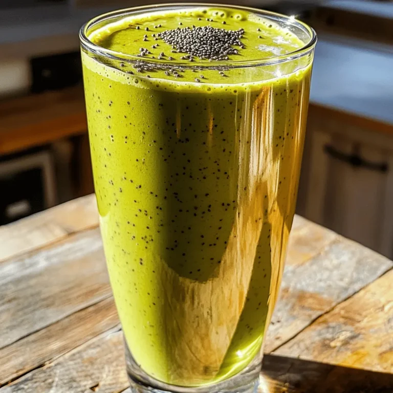 To make your Honey Matcha Protein Shake, gather these key ingredients: - 1 cup unsweetened almond milk - 1 ripe banana, peeled and sliced - 1 tablespoon matcha green tea powder - 1 tablespoon honey (or use maple syrup for a vegan choice) - 1 scoop vanilla protein powder - 1 tablespoon chia seeds - 1/2 teaspoon pure vanilla extract - Ice cubes (optional, for a colder shake) You can swap some ingredients to fit your taste or dietary needs: - Use coconut milk instead of almond milk for a richer flavor. - Maple syrup can replace honey if you want a vegan option. - Choose chocolate protein powder for a sweeter taste. - Add spinach or kale for extra nutrients without changing the flavor much. This shake packs a punch of nutrition! Here’s what you can expect from one serving: - Calories: About 350 - Protein: Roughly 20 grams - Fiber: 7 grams - Vitamins: High in vitamins C and A from the banana and matcha. - Antioxidants: Matcha offers strong antioxidants that help fight free radicals. The honey adds natural sweetness and energy, while the chia seeds provide omega-3 fatty acids. This shake fuels you for the day. The protein helps build and repair muscles, making it perfect after a workout. Enjoy this energizing treat as a meal or snack! For the full recipe, check out [Full Recipe]. To make your Honey Matcha Protein Shake, follow these simple steps. First, gather all your ingredients. You will need unsweetened almond milk, a ripe banana, matcha green tea powder, honey, vanilla protein powder, chia seeds, pure vanilla extract, and ice cubes if you like it cold. 1. In a high-speed blender, add the almond milk. 2. Next, toss in the sliced banana. 3. Add the matcha green tea powder. 4. Pour in the honey or maple syrup if you prefer. 5. Scoop in the vanilla protein powder. 6. Sprinkle in the chia seeds. 7. Finally, add the pure vanilla extract. Blend on high speed until the mix is smooth and creamy. If you want a colder shake, add ice cubes and blend again until it’s just right. Remember to taste your shake. If it's not sweet enough, add more honey or syrup. For the best shake, ensure your banana is ripe. A ripe banana adds natural sweetness. If your blender struggles, add more almond milk a little at a time. This helps blend everything well. To make your shake even creamier, consider adding a bit of yogurt. When serving, pour your shake into a tall glass or shaker bottle. For a fun touch, sprinkle some matcha powder on top. You can also add a few whole chia seeds as a garnish. This makes your shake look great and adds a nice texture. Enjoy your energizing and nutritious Honey Matcha Protein Shake as a quick breakfast or a post-workout treat! For the complete recipe, check the [Full Recipe]. When picking matcha powder, look for vibrant green color. A bright hue shows high quality. Choose organic options when possible for better taste and health. The texture should be fine and smooth. Coarse or grainy powders may not blend well. Read labels and avoid added sugars or fillers. Taste matters too; try a small sample if you can. If you want to swap out honey, try maple syrup. It gives a nice flavor and is vegan. Agave nectar is another option. It’s sweet and smooth, perfect for drinks. Stevia or monk fruit can also work. These are low-calorie and natural. Just remember to adjust to your taste; some are sweeter than honey. To make your shake more exciting, add a pinch of cinnamon. It adds warmth and depth. You can also include a spoon of nut butter for creaminess and protein. A handful of spinach gives extra nutrients without changing the taste. If you love chocolate, try adding cocoa powder. It pairs well with matcha and adds a rich flavor. For more freshness, toss in a few mint leaves. The options are endless, so feel free to experiment! For the full recipe, check the detailed instructions above. {{image_4}} To make a vegan version, swap honey for maple syrup. This keeps it sweet and plant-based. Use unsweetened almond milk to maintain creaminess. The matcha flavor shines through, giving you energy without dairy. It’s a great option if you avoid animal products. You can add fruits to your shake for extra flavor and nutrition. Try adding berries like strawberries or blueberries. They add natural sweetness and vibrant color. You can also use mango or peach for a tropical twist. These fruits mix well and enhance the shake’s taste. If you want to switch up your protein, there are great alternatives. Pea protein offers a similar texture and boosts plant protein. Hemp protein adds healthy fats, and it has a nutty flavor. Soy protein is another option that blends well. Each type can change the shake’s taste and nutrition profile. If you have leftover Honey Matcha Protein Shake, store it in the fridge. Pour it into a container with a tight lid. This keeps it fresh and tasty for later. Always try to drink it within 24 hours for the best flavor. I suggest using glass jars or BPA-free plastic containers. Glass helps keep the shake cool and does not absorb flavors. If you prefer plastic, make sure it is safe for food storage. Choose a container that fits your shake well, so it won’t spill. The shake lasts about one day in the fridge. After that, the texture may change. The chia seeds can absorb water and make it thick. If you want to enjoy it later, consider blending a fresh batch. This shake is best enjoyed fresh to keep all the flavors bright and lively. For more ideas, check out the Full Recipe. Yes, you can use regular milk. If you prefer cow's milk, it works great. It adds creaminess and a rich taste. However, almond milk is lighter and has fewer calories. Choose what fits your taste and diet best. To make this shake dairy-free, stick with almond milk. You can also use other plant-based milks. Options include oat milk, coconut milk, or soy milk. These alternatives let you enjoy a creamy shake without dairy. Matcha is packed with antioxidants. It helps boost your energy and supports your focus. Studies show it can improve metabolism and burn fat. Plus, it offers calming effects, which can help reduce stress. Adding matcha to your shake makes it a healthy choice. Yes, you can prepare this shake in advance. Just blend all the ingredients and store it in the fridge. Use an airtight container to keep it fresh. Enjoy it within 24 hours for the best taste and nutrition. Absolutely! You can use any protein powder you like. Options include pea protein, hemp protein, or whey protein. Each type has a different flavor and texture, so choose what suits your needs. For a great shake, just mix it into the recipe. For the complete recipe, refer to the Honey Matcha Protein Shake Delight section. This article covered how to make a delicious matcha protein shake. We explored key ingredients, including substitutes and their health perks. You learned step-by-step instructions for easy preparation and tips for perfect blending. Variations suited to your diet were discussed, along with storage advice to keep your leftovers fresh. Finally, I answered common questions about milk choices, dairy-free options, and prep tips. Enjoy your shake journey! Stick to these tips for tasty results.