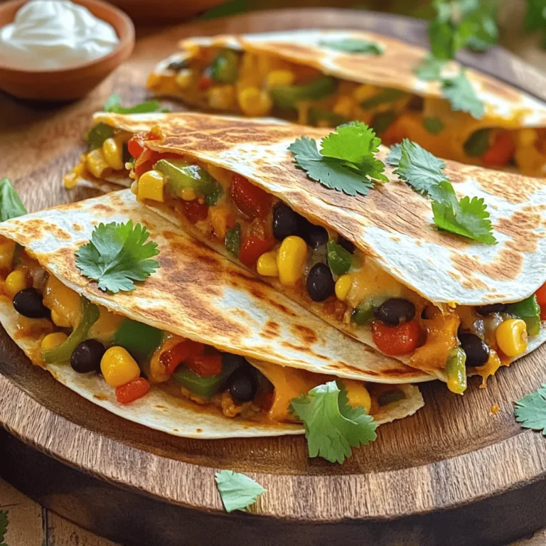 - 1 cup black beans, drained and rinsed - 1 red bell pepper, diced - 1 green bell pepper, diced - 1 small red onion, finely chopped - 1 cup corn kernels The heart of loaded veggie quesadillas lies in the veggies. Black beans add protein and fiber. They make your meal filling and hearty. Bell peppers bring color and crunch. Red and green peppers give a nice mix of flavors. Corn adds sweetness and texture. You can use fresh or frozen corn, and both work well! - 1 cup shredded cheese (cheddar or a tasty blend) - 1 tablespoon olive oil - 1 teaspoon ground cumin - 1 teaspoon smoked paprika - 1 teaspoon garlic powder - Salt and black pepper to taste Cheese is a must. It melts beautifully and ties it all together. Cheddar is a classic choice, but you could use any cheese you love. Olive oil keeps the veggies from sticking and adds flavor. Seasoning is key; cumin and smoked paprika give a warm, smoky taste. A pinch of salt and pepper enhances every bite. - Fresh cilantro leaves, for garnish - Sour cream or Greek yogurt, for serving - Salsa Garnishes can elevate your dish. Fresh cilantro adds a burst of freshness. It brightens up the quesadillas. Sour cream or Greek yogurt brings creaminess. Salsa adds zest and a bit of heat. Arrange everything on a colorful platter for a feast that looks as good as it tastes! For the full recipe, check it out [here](Full Recipe). 1. Heat olive oil in a large skillet over medium heat. 2. Add finely chopped red onion to the skillet. 3. Sauté the onion for 2-3 minutes until it becomes soft. 4. Now, add diced red and green bell peppers to the skillet. 5. Cook for 3-4 minutes until the peppers soften. 6. Stir in corn kernels and black beans. 7. Season with ground cumin, smoked paprika, garlic powder, salt, and pepper. 8. Mix well and cook for 5 more minutes until hot. 1. Heat another skillet over medium heat. 2. Place a tortilla in the skillet and sprinkle ¼ cup of cheese on it. 3. Layer ½ cup of the veggie mixture over the cheese. 4. Top with another ¼ cup of cheese for extra flavor. 5. Fold the tortilla in half, covering the filling. 6. Cook for 3-4 minutes until golden brown on one side. 7. Flip the quesadilla gently using a spatula. 8. Cook for another 3-4 minutes until crispy and cheese melts. - Keep the heat at medium for a crispy texture. - Use a spatula to flip the quesadilla easily. - Check for doneness by ensuring both sides are golden brown. These simple steps make it easy to create loaded veggie quesadillas at home. For the full recipe, refer to the recipe section above. Enjoy the process! Choosing the right cheese is key. I love a mix of cheddar and mozzarella. This mix melts well and adds great flavor. You want the cheese to stretch and pull when you take a bite. Balancing spices and seasonings is also important. Start with the basics like salt and pepper. Then, add spices like cumin and smoked paprika. Adjust them to fit your taste. A little heat can come from red pepper flakes if you like it spicy. Day-to-day storage tips help keep your quesadillas fresh. Place leftovers in an airtight container. Keep them in the fridge for up to three days. You can also wrap them tightly in foil or plastic wrap. Reheating suggestions for best flavor include using the oven or skillet. For the oven, preheat to 350°F. Heat the quesadillas for about 10 minutes. In a skillet, cook them over medium heat. This method keeps them crispy and delicious. Plating ideas can make your meal pop. Arrange the quesadillas in a fan shape on a colorful plate. This makes them look fun and inviting. Adding colorful garnishes like fresh cilantro adds a nice touch. You can also sprinkle some diced tomatoes or avocado on top. These small changes make your meal look gourmet. Enjoy your loaded veggie quesadillas! For the full recipe, check out the Loaded Veggie Quesadillas 🥑 section. {{image_4}} You can make loaded veggie quesadillas even more fun. Here are some easy ideas. Want some extra protein? You can add grilled chicken or tofu. Just cook them first, then slice and add to your quesadilla mix. If you like seafood, try shrimp. Cook them quickly and toss them in for a tasty twist. Spices can change the game. Try different spices like chili powder or oregano. They add depth and warmth. You can also add sauces or marinades. A dash of hot sauce or a sprinkle of lime juice can elevate your quesadillas. Need gluten-free options? Use gluten-free tortillas. They work great and taste just as good. If you're vegan, swap out the cheese for a plant-based version. There are many tasty dairy-free cheeses out there that melt well. You can find the full recipe for loaded veggie quesadillas to get started on these variations. To keep your uncooked quesadillas fresh, wrap them tightly in plastic wrap. This keeps out moisture and air. You can also place them in an airtight container. If you want to freeze them, stack the quesadillas with parchment paper in between. This prevents them from sticking together. Uncooked quesadillas can stay in the freezer for up to three months. After cooking, let the quesadillas cool completely. Then, wrap them in foil or place them in a container. Store them in the fridge for up to four days. I find they taste best within the first two days. If you notice any odd smell or mold, it’s best to toss them. To reheat, use an oven or a skillet. For the oven, preheat to 350°F (175°C). Place the quesadilla on a baking sheet and heat for about 10 minutes. If using a skillet, add a little oil and heat over medium heat for about 3-4 minutes on each side. Leftover quesadillas can also become a fun breakfast. Chop them up and add them to scrambled eggs for a tasty twist. For more ideas, check out the Full Recipe. Making loaded veggie quesadillas is quick and easy. It takes about 10 minutes to prep. Cooking them takes around 15 minutes. In total, you can make them in about 25 minutes. This makes them a great choice for busy days or quick meals. Yes, you can prep loaded veggie quesadillas in advance. To do this, cook the veggie mixture and let it cool. Then, assemble the quesadillas but do not cook them. Store them in an airtight container in the fridge for up to two days. You can also freeze them for a month. When ready to eat, just cook them straight from the fridge or freezer. This makes meal prepping super easy! You can mix and match many veggies in quesadillas. Some great options include: - Spinach or kale for a green boost - Mushrooms for a savory taste - Zucchini or squash for extra texture - Jalapeños for a spicy kick - Tomatoes for freshness Feel free to get creative! Each veggie adds its own flavor and texture. You can make quesadillas that fit your taste perfectly. For more ideas, check out the Full Recipe. These loaded veggie quesadillas are fun and easy to make. We explored essential ingredients like black beans, bell peppers, and corn. I’ve shared tips for perfect texture, storing leftovers, and creative garnishes. Remember, you can customize them with protein or spices to suit your taste. In the end, these quesadillas are more than just food; they bring flavor and joy. Enjoy making them your own!
