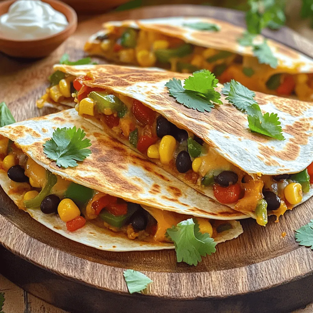 - 1 cup black beans, drained and rinsed - 1 red bell pepper, diced - 1 green bell pepper, diced - 1 small red onion, finely chopped - 1 cup corn kernels The heart of loaded veggie quesadillas lies in the veggies. Black beans add protein and fiber. They make your meal filling and hearty. Bell peppers bring color and crunch. Red and green peppers give a nice mix of flavors. Corn adds sweetness and texture. You can use fresh or frozen corn, and both work well! - 1 cup shredded cheese (cheddar or a tasty blend) - 1 tablespoon olive oil - 1 teaspoon ground cumin - 1 teaspoon smoked paprika - 1 teaspoon garlic powder - Salt and black pepper to taste Cheese is a must. It melts beautifully and ties it all together. Cheddar is a classic choice, but you could use any cheese you love. Olive oil keeps the veggies from sticking and adds flavor. Seasoning is key; cumin and smoked paprika give a warm, smoky taste. A pinch of salt and pepper enhances every bite. - Fresh cilantro leaves, for garnish - Sour cream or Greek yogurt, for serving - Salsa Garnishes can elevate your dish. Fresh cilantro adds a burst of freshness. It brightens up the quesadillas. Sour cream or Greek yogurt brings creaminess. Salsa adds zest and a bit of heat. Arrange everything on a colorful platter for a feast that looks as good as it tastes! For the full recipe, check it out [here](Full Recipe). 1. Heat olive oil in a large skillet over medium heat. 2. Add finely chopped red onion to the skillet. 3. Sauté the onion for 2-3 minutes until it becomes soft. 4. Now, add diced red and green bell peppers to the skillet. 5. Cook for 3-4 minutes until the peppers soften. 6. Stir in corn kernels and black beans. 7. Season with ground cumin, smoked paprika, garlic powder, salt, and pepper. 8. Mix well and cook for 5 more minutes until hot. 1. Heat another skillet over medium heat. 2. Place a tortilla in the skillet and sprinkle ¼ cup of cheese on it. 3. Layer ½ cup of the veggie mixture over the cheese. 4. Top with another ¼ cup of cheese for extra flavor. 5. Fold the tortilla in half, covering the filling. 6. Cook for 3-4 minutes until golden brown on one side. 7. Flip the quesadilla gently using a spatula. 8. Cook for another 3-4 minutes until crispy and cheese melts. - Keep the heat at medium for a crispy texture. - Use a spatula to flip the quesadilla easily. - Check for doneness by ensuring both sides are golden brown. These simple steps make it easy to create loaded veggie quesadillas at home. For the full recipe, refer to the recipe section above. Enjoy the process! Choosing the right cheese is key. I love a mix of cheddar and mozzarella. This mix melts well and adds great flavor. You want the cheese to stretch and pull when you take a bite. Balancing spices and seasonings is also important. Start with the basics like salt and pepper. Then, add spices like cumin and smoked paprika. Adjust them to fit your taste. A little heat can come from red pepper flakes if you like it spicy. Day-to-day storage tips help keep your quesadillas fresh. Place leftovers in an airtight container. Keep them in the fridge for up to three days. You can also wrap them tightly in foil or plastic wrap. Reheating suggestions for best flavor include using the oven or skillet. For the oven, preheat to 350°F. Heat the quesadillas for about 10 minutes. In a skillet, cook them over medium heat. This method keeps them crispy and delicious. Plating ideas can make your meal pop. Arrange the quesadillas in a fan shape on a colorful plate. This makes them look fun and inviting. Adding colorful garnishes like fresh cilantro adds a nice touch. You can also sprinkle some diced tomatoes or avocado on top. These small changes make your meal look gourmet. Enjoy your loaded veggie quesadillas! For the full recipe, check out the Loaded Veggie Quesadillas 🥑 section. {{image_4}} You can make loaded veggie quesadillas even more fun. Here are some easy ideas. Want some extra protein? You can add grilled chicken or tofu. Just cook them first, then slice and add to your quesadilla mix. If you like seafood, try shrimp. Cook them quickly and toss them in for a tasty twist. Spices can change the game. Try different spices like chili powder or oregano. They add depth and warmth. You can also add sauces or marinades. A dash of hot sauce or a sprinkle of lime juice can elevate your quesadillas. Need gluten-free options? Use gluten-free tortillas. They work great and taste just as good. If you're vegan, swap out the cheese for a plant-based version. There are many tasty dairy-free cheeses out there that melt well. You can find the full recipe for loaded veggie quesadillas to get started on these variations. To keep your uncooked quesadillas fresh, wrap them tightly in plastic wrap. This keeps out moisture and air. You can also place them in an airtight container. If you want to freeze them, stack the quesadillas with parchment paper in between. This prevents them from sticking together. Uncooked quesadillas can stay in the freezer for up to three months. After cooking, let the quesadillas cool completely. Then, wrap them in foil or place them in a container. Store them in the fridge for up to four days. I find they taste best within the first two days. If you notice any odd smell or mold, it’s best to toss them. To reheat, use an oven or a skillet. For the oven, preheat to 350°F (175°C). Place the quesadilla on a baking sheet and heat for about 10 minutes. If using a skillet, add a little oil and heat over medium heat for about 3-4 minutes on each side. Leftover quesadillas can also become a fun breakfast. Chop them up and add them to scrambled eggs for a tasty twist. For more ideas, check out the Full Recipe. Making loaded veggie quesadillas is quick and easy. It takes about 10 minutes to prep. Cooking them takes around 15 minutes. In total, you can make them in about 25 minutes. This makes them a great choice for busy days or quick meals. Yes, you can prep loaded veggie quesadillas in advance. To do this, cook the veggie mixture and let it cool. Then, assemble the quesadillas but do not cook them. Store them in an airtight container in the fridge for up to two days. You can also freeze them for a month. When ready to eat, just cook them straight from the fridge or freezer. This makes meal prepping super easy! You can mix and match many veggies in quesadillas. Some great options include: - Spinach or kale for a green boost - Mushrooms for a savory taste - Zucchini or squash for extra texture - Jalapeños for a spicy kick - Tomatoes for freshness Feel free to get creative! Each veggie adds its own flavor and texture. You can make quesadillas that fit your taste perfectly. For more ideas, check out the Full Recipe. These loaded veggie quesadillas are fun and easy to make. We explored essential ingredients like black beans, bell peppers, and corn. I’ve shared tips for perfect texture, storing leftovers, and creative garnishes. Remember, you can customize them with protein or spices to suit your taste. In the end, these quesadillas are more than just food; they bring flavor and joy. Enjoy making them your own!