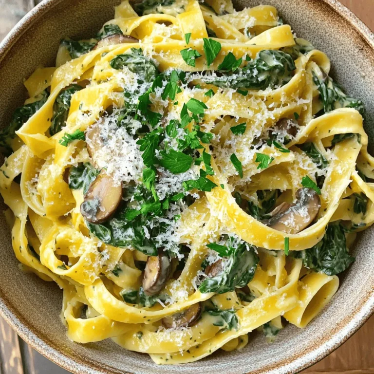 To make a delicious creamy spinach and mushroom pasta, gather the following ingredients: - 8 oz fettuccine or your preferred pasta - 2 tablespoons olive oil - 1 medium onion, diced finely - 3 cloves garlic, minced - 8 oz mushrooms, sliced (use button or cremini for best flavor) - 4 cups fresh spinach, roughly chopped - 1 cup heavy cream (or substitute with coconut cream for a dairy-free alternative) - ½ cup grated parmesan cheese (or nutritional yeast for a vegan option) - Salt and freshly cracked black pepper, to taste - 1 teaspoon dried thyme for aroma - 1 teaspoon crushed red pepper flakes (optional for heat) - Fresh parsley, chopped for a burst of color and flavor These ingredients come together to create a rich and creamy dish. The fettuccine gives a nice base, while the spinach and mushrooms add texture and flavor. Olive oil helps cook the aromatics, and cream makes the sauce smooth. Parmesan cheese adds a lovely umami note. You can adjust the spices to fit your taste. For a dairy-free twist, try coconut cream and nutritional yeast. Happy cooking! Don't forget to check the Full Recipe for detailed steps! Start by boiling a large pot of salted water. Once the water is at a rolling boil, add 8 oz of fettuccine. Cook it as per the package instructions until it is al dente. When done, drain the pasta and keep ½ cup of the starchy water for later. Set the pasta aside. In a large skillet, heat 2 tablespoons of olive oil over medium heat. Add 1 finely diced medium onion and sauté it for about 3-4 minutes. Stir it until it turns soft and translucent. Next, add 3 minced cloves of garlic and cook for another minute. Then, toss in 8 oz of sliced mushrooms. Stir them often for 5-7 minutes until they are browned and have released their moisture. Now, add 4 cups of roughly chopped fresh spinach to the skillet. Stir until the spinach wilts, which should take about 2-3 minutes. After that, pour in 1 cup of heavy cream. Let the cream simmer gently and mix in ½ cup of grated parmesan cheese. Season with salt, black pepper, 1 teaspoon of dried thyme, and crushed red pepper flakes, if you like heat. Stir until the cheese melts and the sauce becomes creamy. Gently add the drained fettuccine to the skillet. Toss everything together so the pasta gets coated in the creamy sauce. If the sauce seems too thick, use a bit of the reserved pasta water to adjust the consistency. Taste your dish and adjust the seasoning as needed. You can add more salt, pepper, or cheese to suit your taste. Plate the creamy pasta, sprinkling freshly chopped parsley on top for color and flavor. Enjoy your meal! For the full details and instructions, check the Full Recipe. To get the best creamy texture, start with high-quality heavy cream. This gives you a rich, smooth sauce. If you want a lighter option, try coconut cream. It adds a nice flavor, too. Always remember to stir the sauce well as you add the cream and cheese. This helps everything blend nicely. If the sauce is too thick, use some reserved pasta water to loosen it. A little goes a long way! Fettuccine is my go-to for this dish because its flat shape holds sauce well. You can also use other pastas like penne or spaghetti. Just make sure they are cooked al dente. This gives you the best texture and bite. Remember, the pasta should mix well with the sauce, creating a perfect balance. You can boost flavor with a few simple tweaks. Add some crushed red pepper flakes for a bit of heat. Fresh herbs, like basil or thyme, also work well. If you want to make this dish vegan, use nutritional yeast instead of parmesan. It gives a cheesy flavor without dairy. You can also add protein like chicken or shrimp for extra heartiness. This dish is versatile, so feel free to play around with flavors. For the full recipe, check out the detailed steps above. {{image_4}} To make a vegan version of this dish, swap the cream and cheese for plant-based options. Use coconut cream for a rich texture. For cheese, try nutritional yeast. This gives a cheesy flavor without dairy. You can also add cashew cream for extra creaminess. The result is a creamy spinach and mushroom pasta that everyone can enjoy. If you need a gluten-free meal, choose gluten-free pasta. There are many great options, like chickpea or brown rice pasta. These options hold up well in the creamy sauce. Just be sure to cook them according to the package directions. The flavor and texture remain satisfying while keeping the dish gluten-free. For a heartier meal, you can add protein. Sauté diced chicken or shrimp with the onions and garlic. Cook until they are fully done before adding mushrooms. If you prefer tofu, use firm tofu. Press and cube it, then sauté until golden. Adding protein makes the dish more filling and adds new flavors. For the full recipe, see the Creamy Spinach and Mushroom Pasta section above. To store leftovers, let the pasta cool first. Then, place it in an airtight container. This keeps it fresh. You can store it in the fridge for up to three days. If you want to enjoy it later, make sure to check for any signs of spoilage. Reheating is simple. You can use a microwave or a skillet. If using a microwave, heat in short bursts. Stir it often to heat evenly. If using a skillet, add a splash of water. Heat over low heat until warmed through. This helps keep the sauce creamy. You can freeze this creamy dish too! Place it in a freezer-safe container. Leave some space at the top for expansion. It can last up to three months in the freezer. To eat, thaw it overnight in the fridge. Then, reheat as mentioned above. Enjoy your meal later without any fuss! Creamy spinach and mushroom pasta lasts about 3 to 5 days in the fridge. Store it in an airtight container. Always let it cool before sealing. This keeps it fresh and tasty for your next meal. Yes, you can use frozen spinach! Just make sure to thaw and drain it well. Frozen spinach has a lot of water. Removing the excess water helps avoid a soggy dish. It’s a great time saver too! To make this pasta dairy-free, swap heavy cream for coconut cream. Use nutritional yeast instead of parmesan cheese. This gives you a rich flavor without dairy. You can also add a splash of lemon juice for some extra zest! To make this dish without cream, try using a cashew cream or blended silken tofu. Both options create a smooth texture. Blend soaked cashews with water until creamy. This keeps the dish deliciously rich! This blog post shared easy steps to make creamy spinach and mushroom pasta. You learned about key ingredients, cooking methods, and helpful tips. I hope the variations inspire you to get creative in the kitchen. Remember, you can store leftovers and even freeze them for later. With these insights, you can enjoy a delicious meal anytime. Try the recipe and make it your own! Happy cooking!