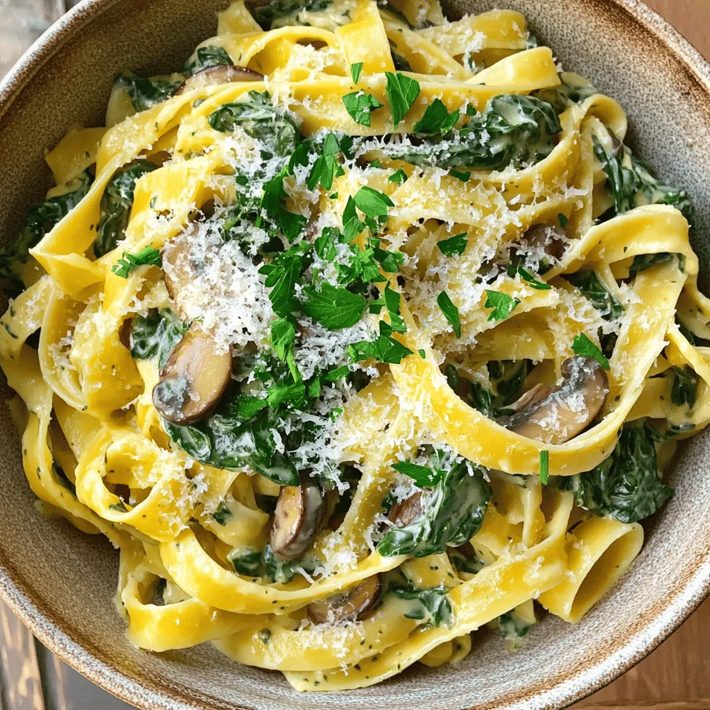 To make a delicious creamy spinach and mushroom pasta, gather the following ingredients: - 8 oz fettuccine or your preferred pasta - 2 tablespoons olive oil - 1 medium onion, diced finely - 3 cloves garlic, minced - 8 oz mushrooms, sliced (use button or cremini for best flavor) - 4 cups fresh spinach, roughly chopped - 1 cup heavy cream (or substitute with coconut cream for a dairy-free alternative) - ½ cup grated parmesan cheese (or nutritional yeast for a vegan option) - Salt and freshly cracked black pepper, to taste - 1 teaspoon dried thyme for aroma - 1 teaspoon crushed red pepper flakes (optional for heat) - Fresh parsley, chopped for a burst of color and flavor These ingredients come together to create a rich and creamy dish. The fettuccine gives a nice base, while the spinach and mushrooms add texture and flavor. Olive oil helps cook the aromatics, and cream makes the sauce smooth. Parmesan cheese adds a lovely umami note. You can adjust the spices to fit your taste. For a dairy-free twist, try coconut cream and nutritional yeast. Happy cooking! Don't forget to check the Full Recipe for detailed steps! Start by boiling a large pot of salted water. Once the water is at a rolling boil, add 8 oz of fettuccine. Cook it as per the package instructions until it is al dente. When done, drain the pasta and keep ½ cup of the starchy water for later. Set the pasta aside. In a large skillet, heat 2 tablespoons of olive oil over medium heat. Add 1 finely diced medium onion and sauté it for about 3-4 minutes. Stir it until it turns soft and translucent. Next, add 3 minced cloves of garlic and cook for another minute. Then, toss in 8 oz of sliced mushrooms. Stir them often for 5-7 minutes until they are browned and have released their moisture. Now, add 4 cups of roughly chopped fresh spinach to the skillet. Stir until the spinach wilts, which should take about 2-3 minutes. After that, pour in 1 cup of heavy cream. Let the cream simmer gently and mix in ½ cup of grated parmesan cheese. Season with salt, black pepper, 1 teaspoon of dried thyme, and crushed red pepper flakes, if you like heat. Stir until the cheese melts and the sauce becomes creamy. Gently add the drained fettuccine to the skillet. Toss everything together so the pasta gets coated in the creamy sauce. If the sauce seems too thick, use a bit of the reserved pasta water to adjust the consistency. Taste your dish and adjust the seasoning as needed. You can add more salt, pepper, or cheese to suit your taste. Plate the creamy pasta, sprinkling freshly chopped parsley on top for color and flavor. Enjoy your meal! For the full details and instructions, check the Full Recipe. To get the best creamy texture, start with high-quality heavy cream. This gives you a rich, smooth sauce. If you want a lighter option, try coconut cream. It adds a nice flavor, too. Always remember to stir the sauce well as you add the cream and cheese. This helps everything blend nicely. If the sauce is too thick, use some reserved pasta water to loosen it. A little goes a long way! Fettuccine is my go-to for this dish because its flat shape holds sauce well. You can also use other pastas like penne or spaghetti. Just make sure they are cooked al dente. This gives you the best texture and bite. Remember, the pasta should mix well with the sauce, creating a perfect balance. You can boost flavor with a few simple tweaks. Add some crushed red pepper flakes for a bit of heat. Fresh herbs, like basil or thyme, also work well. If you want to make this dish vegan, use nutritional yeast instead of parmesan. It gives a cheesy flavor without dairy. You can also add protein like chicken or shrimp for extra heartiness. This dish is versatile, so feel free to play around with flavors. For the full recipe, check out the detailed steps above. {{image_4}} To make a vegan version of this dish, swap the cream and cheese for plant-based options. Use coconut cream for a rich texture. For cheese, try nutritional yeast. This gives a cheesy flavor without dairy. You can also add cashew cream for extra creaminess. The result is a creamy spinach and mushroom pasta that everyone can enjoy. If you need a gluten-free meal, choose gluten-free pasta. There are many great options, like chickpea or brown rice pasta. These options hold up well in the creamy sauce. Just be sure to cook them according to the package directions. The flavor and texture remain satisfying while keeping the dish gluten-free. For a heartier meal, you can add protein. Sauté diced chicken or shrimp with the onions and garlic. Cook until they are fully done before adding mushrooms. If you prefer tofu, use firm tofu. Press and cube it, then sauté until golden. Adding protein makes the dish more filling and adds new flavors. For the full recipe, see the Creamy Spinach and Mushroom Pasta section above. To store leftovers, let the pasta cool first. Then, place it in an airtight container. This keeps it fresh. You can store it in the fridge for up to three days. If you want to enjoy it later, make sure to check for any signs of spoilage. Reheating is simple. You can use a microwave or a skillet. If using a microwave, heat in short bursts. Stir it often to heat evenly. If using a skillet, add a splash of water. Heat over low heat until warmed through. This helps keep the sauce creamy. You can freeze this creamy dish too! Place it in a freezer-safe container. Leave some space at the top for expansion. It can last up to three months in the freezer. To eat, thaw it overnight in the fridge. Then, reheat as mentioned above. Enjoy your meal later without any fuss! Creamy spinach and mushroom pasta lasts about 3 to 5 days in the fridge. Store it in an airtight container. Always let it cool before sealing. This keeps it fresh and tasty for your next meal. Yes, you can use frozen spinach! Just make sure to thaw and drain it well. Frozen spinach has a lot of water. Removing the excess water helps avoid a soggy dish. It’s a great time saver too! To make this pasta dairy-free, swap heavy cream for coconut cream. Use nutritional yeast instead of parmesan cheese. This gives you a rich flavor without dairy. You can also add a splash of lemon juice for some extra zest! To make this dish without cream, try using a cashew cream or blended silken tofu. Both options create a smooth texture. Blend soaked cashews with water until creamy. This keeps the dish deliciously rich! This blog post shared easy steps to make creamy spinach and mushroom pasta. You learned about key ingredients, cooking methods, and helpful tips. I hope the variations inspire you to get creative in the kitchen. Remember, you can store leftovers and even freeze them for later. With these insights, you can enjoy a delicious meal anytime. Try the recipe and make it your own! Happy cooking!