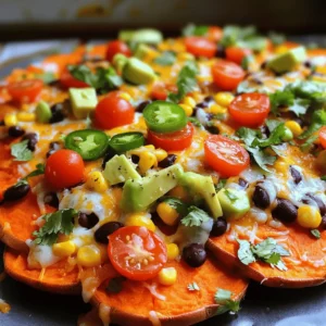 - 2 large sweet potatoes, sliced into thin rounds - 2 tablespoons olive oil - 1 teaspoon smoked paprika - 1 teaspoon garlic powder - Salt and pepper to taste - 1 cup black beans, drained and rinsed - 1 cup corn kernels (fresh, frozen, or canned) - 1 avocado, diced - 1 cup cherry tomatoes, halved - 1 cup shredded cheese (cheddar or a dairy-free alternative) These ingredients form the base of my loaded sweet potato nachos. The sweet potatoes bring a natural sweetness, while the beans and corn add protein and texture. The cheese melts into a gooey layer, making each bite a delight. - ¼ cup Greek yogurt or sour cream - Fresh cilantro, chopped - Jalapeños, sliced These toppings are not just for looks; they add layers of flavor. The Greek yogurt or sour cream adds creaminess. Fresh cilantro brings a burst of brightness, and jalapeños can spice things up if you like heat. - Baking sheet - Mixing bowl - Knife - Cutting board You don't need fancy gear to make these nachos. Just a few basic tools will do. A baking sheet helps with even cooking, and a good knife makes slicing sweet potatoes easy. For the full recipe, check out the detailed steps to create this meal! - Preheat the oven to 425°F (220°C). - Slice sweet potatoes into thin rounds. Start by preheating your oven. This step is key for crispy sweet potatoes. Next, grab your sweet potatoes. Cut them into thin rounds. This helps them cook evenly and get that nice crunch. - Drizzle olive oil and sprinkle seasonings on sweet potatoes. - Toss to coat and arrange in a single layer on the baking sheet. Now, take a large bowl. Drizzle olive oil over the sweet potato slices. Add smoked paprika, garlic powder, salt, and pepper. Toss well to coat each slice. Once coated, spread them out in a single layer on a baking sheet. This spacing helps them roast perfectly. - Roast sweet potatoes for 20-25 minutes, flipping halfway. - Add toppings and return to oven until cheese melts. Place the baking sheet in the oven. Roast the sweet potatoes for 20 to 25 minutes. Flip them halfway through to ensure they cook evenly. After roasting, take them out and add your toppings. Spread black beans, corn, and shredded cheese evenly. Then, return the baking sheet to the oven. Bake until the cheese is melted and bubbly. This adds that delicious, gooey goodness to your nachos. For the full recipe, you can refer to the section above. Enjoy your loaded sweet potato nachos! To get that nice crunch, slice the sweet potatoes evenly. This helps them cook the same way. Space them out well on the baking sheet. If they touch, they will steam and not crisp. I recommend a baking time of 20-25 minutes. Flipping them halfway ensures they turn golden and crisp around the edges. Mixing different cheeses can really change the taste. Try using cheddar, pepper jack, or even a dairy-free option. Each cheese brings a unique flavor. You can also add spices like cumin or chili powder to kick things up. These spices add depth and make each bite exciting. How you serve the nachos matters! Use a large, flat plate for an attractive look. Layer the toppings evenly for a colorful feast. Fresh herbs add a pop of green. Cilantro or green onions work great. You can also sprinkle some extra cheese on top for a beautiful finish. For a fun twist, add colorful toppings like diced peppers or radishes. These make the dish more inviting and fun to eat. {{image_4}} You can easily make these nachos vegetarian or vegan. For cheese, use dairy-free alternatives. Many brands offer tasty vegan cheese that melts well. This way, you keep all the flavor without animal products. Adding unique veggies can boost flavor and nutrition. Try bell peppers, zucchini, or mushrooms. These add texture and color, making your dish pop. You can roast or sauté these vegetables before topping your nachos for extra taste. Want to add more protein? Grilled chicken or ground turkey works great. Cook the meat and sprinkle it on top of your nachos. This makes them heartier and more filling. You can also use protein toppings like black beans, chickpeas, or lentils. These options enhance the nutritional value of your nachos. They also add fiber, making your meal more balanced. Get creative with international twists! Use salsa to add a fresh kick or guacamole for creaminess. Hot sauce can spice things up for those who enjoy heat. You might also try using ingredients from different cuisines. For example, add taco seasoning for a Mexican flair or use pesto for an Italian touch. This keeps your loaded sweet potato nachos exciting and full of new tastes. For the full recipe, check the section above. To keep your loaded nachos fresh, store them in the fridge. First, let them cool down. Then, use an airtight container. These containers help seal in moisture and flavor. I recommend glass containers for better preservation. They keep your nachos tasting great for up to three days. When you reheat nachos, you want to keep them crispy. The best way is to use an oven. Preheat your oven to 350°F (175°C). Place the nachos on a baking sheet. Heat for about 10 minutes. This method will refresh the texture. If you want a quick option, use a microwave. Just be aware that they may get a bit soggy. To avoid this, place a paper towel on top. This will help absorb extra moisture. Yes, you can prep ingredients in advance. Start by slicing the sweet potatoes. Store them in a bowl of water. This keeps them fresh and stops browning. You can also mix the spices and set them aside. Before serving, just roast the sweet potatoes. This saves time and keeps flavors bright. To avoid soggy sweet potatoes, slice them thinly. Thin slices cook faster and get crispier. Make sure to spread them out on the baking sheet. Giving space helps hot air circulate. Roasting at a high temperature also aids in crispiness. Don’t skip flipping them halfway through. This ensures even cooking. If you want a cheese substitute, try nutritional yeast. It gives a nice cheesy flavor. You can also use a store-bought dairy-free cheese. There are many tasty options out there. For a creamy touch, add guacamole or a cashew cream. These add richness without dairy. This post covered loaded sweet potato nachos, from key ingredients to helpful tips. You learned how to create a tasty dish with options for personal flair. Remember to choose your toppings wisely and cut sweet potatoes evenly for the best crunch. Whether you're a fan of spicy or mild, there's a version here for you. Enjoy experimenting with different flavors and share your creations. With a bit of practice, you'll master this crowd-pleasing snack. Happy cooking!