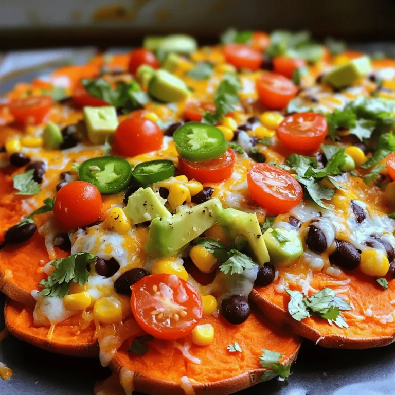 - 2 large sweet potatoes, sliced into thin rounds - 2 tablespoons olive oil - 1 teaspoon smoked paprika - 1 teaspoon garlic powder - Salt and pepper to taste - 1 cup black beans, drained and rinsed - 1 cup corn kernels (fresh, frozen, or canned) - 1 avocado, diced - 1 cup cherry tomatoes, halved - 1 cup shredded cheese (cheddar or a dairy-free alternative) These ingredients form the base of my loaded sweet potato nachos. The sweet potatoes bring a natural sweetness, while the beans and corn add protein and texture. The cheese melts into a gooey layer, making each bite a delight. - ¼ cup Greek yogurt or sour cream - Fresh cilantro, chopped - Jalapeños, sliced These toppings are not just for looks; they add layers of flavor. The Greek yogurt or sour cream adds creaminess. Fresh cilantro brings a burst of brightness, and jalapeños can spice things up if you like heat. - Baking sheet - Mixing bowl - Knife - Cutting board You don't need fancy gear to make these nachos. Just a few basic tools will do. A baking sheet helps with even cooking, and a good knife makes slicing sweet potatoes easy. For the full recipe, check out the detailed steps to create this meal! - Preheat the oven to 425°F (220°C). - Slice sweet potatoes into thin rounds. Start by preheating your oven. This step is key for crispy sweet potatoes. Next, grab your sweet potatoes. Cut them into thin rounds. This helps them cook evenly and get that nice crunch. - Drizzle olive oil and sprinkle seasonings on sweet potatoes. - Toss to coat and arrange in a single layer on the baking sheet. Now, take a large bowl. Drizzle olive oil over the sweet potato slices. Add smoked paprika, garlic powder, salt, and pepper. Toss well to coat each slice. Once coated, spread them out in a single layer on a baking sheet. This spacing helps them roast perfectly. - Roast sweet potatoes for 20-25 minutes, flipping halfway. - Add toppings and return to oven until cheese melts. Place the baking sheet in the oven. Roast the sweet potatoes for 20 to 25 minutes. Flip them halfway through to ensure they cook evenly. After roasting, take them out and add your toppings. Spread black beans, corn, and shredded cheese evenly. Then, return the baking sheet to the oven. Bake until the cheese is melted and bubbly. This adds that delicious, gooey goodness to your nachos. For the full recipe, you can refer to the section above. Enjoy your loaded sweet potato nachos! To get that nice crunch, slice the sweet potatoes evenly. This helps them cook the same way. Space them out well on the baking sheet. If they touch, they will steam and not crisp. I recommend a baking time of 20-25 minutes. Flipping them halfway ensures they turn golden and crisp around the edges. Mixing different cheeses can really change the taste. Try using cheddar, pepper jack, or even a dairy-free option. Each cheese brings a unique flavor. You can also add spices like cumin or chili powder to kick things up. These spices add depth and make each bite exciting. How you serve the nachos matters! Use a large, flat plate for an attractive look. Layer the toppings evenly for a colorful feast. Fresh herbs add a pop of green. Cilantro or green onions work great. You can also sprinkle some extra cheese on top for a beautiful finish. For a fun twist, add colorful toppings like diced peppers or radishes. These make the dish more inviting and fun to eat. {{image_4}} You can easily make these nachos vegetarian or vegan. For cheese, use dairy-free alternatives. Many brands offer tasty vegan cheese that melts well. This way, you keep all the flavor without animal products. Adding unique veggies can boost flavor and nutrition. Try bell peppers, zucchini, or mushrooms. These add texture and color, making your dish pop. You can roast or sauté these vegetables before topping your nachos for extra taste. Want to add more protein? Grilled chicken or ground turkey works great. Cook the meat and sprinkle it on top of your nachos. This makes them heartier and more filling. You can also use protein toppings like black beans, chickpeas, or lentils. These options enhance the nutritional value of your nachos. They also add fiber, making your meal more balanced. Get creative with international twists! Use salsa to add a fresh kick or guacamole for creaminess. Hot sauce can spice things up for those who enjoy heat. You might also try using ingredients from different cuisines. For example, add taco seasoning for a Mexican flair or use pesto for an Italian touch. This keeps your loaded sweet potato nachos exciting and full of new tastes. For the full recipe, check the section above. To keep your loaded nachos fresh, store them in the fridge. First, let them cool down. Then, use an airtight container. These containers help seal in moisture and flavor. I recommend glass containers for better preservation. They keep your nachos tasting great for up to three days. When you reheat nachos, you want to keep them crispy. The best way is to use an oven. Preheat your oven to 350°F (175°C). Place the nachos on a baking sheet. Heat for about 10 minutes. This method will refresh the texture. If you want a quick option, use a microwave. Just be aware that they may get a bit soggy. To avoid this, place a paper towel on top. This will help absorb extra moisture. Yes, you can prep ingredients in advance. Start by slicing the sweet potatoes. Store them in a bowl of water. This keeps them fresh and stops browning. You can also mix the spices and set them aside. Before serving, just roast the sweet potatoes. This saves time and keeps flavors bright. To avoid soggy sweet potatoes, slice them thinly. Thin slices cook faster and get crispier. Make sure to spread them out on the baking sheet. Giving space helps hot air circulate. Roasting at a high temperature also aids in crispiness. Don’t skip flipping them halfway through. This ensures even cooking. If you want a cheese substitute, try nutritional yeast. It gives a nice cheesy flavor. You can also use a store-bought dairy-free cheese. There are many tasty options out there. For a creamy touch, add guacamole or a cashew cream. These add richness without dairy. This post covered loaded sweet potato nachos, from key ingredients to helpful tips. You learned how to create a tasty dish with options for personal flair. Remember to choose your toppings wisely and cut sweet potatoes evenly for the best crunch. Whether you're a fan of spicy or mild, there's a version here for you. Enjoy experimenting with different flavors and share your creations. With a bit of practice, you'll master this crowd-pleasing snack. Happy cooking!