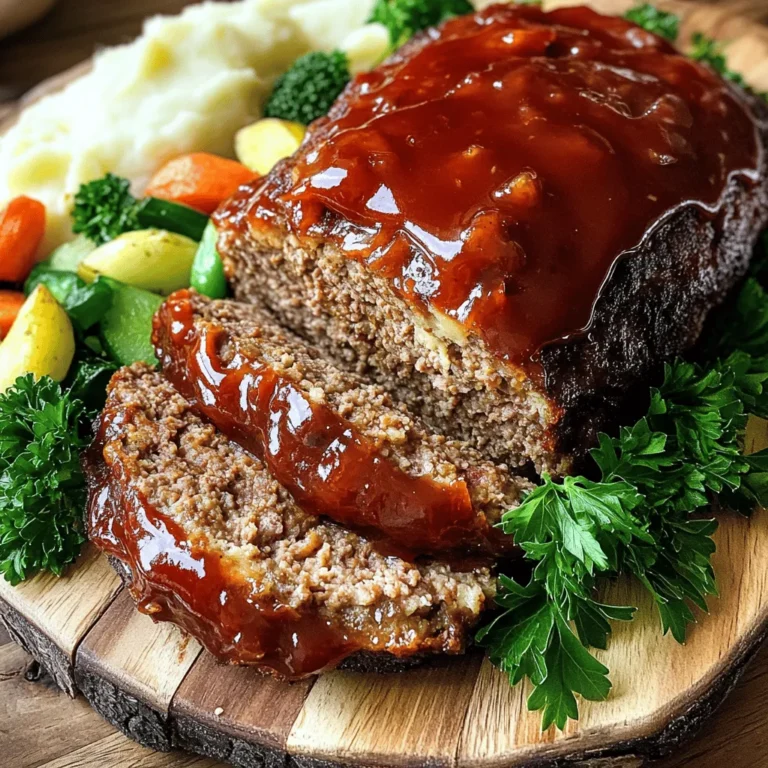 To make a great meatloaf, you need a few key ingredients. Here is what you will need: - 1 ½ lbs ground beef - 1 cup breadcrumbs - 1 small onion, finely chopped - 2 cloves garlic, minced - 2 large eggs - ½ cup milk - 2 tablespoons Worcestershire sauce - ½ cup ketchup (plus extra for topping) These ingredients form the base of a flavorful meatloaf. The ground beef gives it a rich taste, while the breadcrumbs help bind it together. Onions and garlic add depth and aroma. Eggs and milk keep it moist and tender. Spices make your meatloaf shine. Here are the must-have spices: - 1 teaspoon dried oregano - 1 teaspoon dried thyme - ½ teaspoon black pepper - ½ teaspoon salt - 1 tablespoon brown sugar These spices add warmth and character. Oregano and thyme bring a hint of earthiness. Black pepper and salt enhance flavor, while brown sugar gives a sweet touch to the glaze. You can adjust the recipe based on what you have. Here are some ideas: - Use ground turkey instead of beef for a lighter option. - Swap breadcrumbs with crushed crackers for a different texture. - Replace milk with beef broth for added flavor. Feel free to get creative! These substitutions can lead to fun variations and flavors. For a complete recipe, check out the Full Recipe. Start by preheating your oven to 350°F (175°C). This step is key for even cooking. While the oven heats, gather your ingredients. You will need ground beef, breadcrumbs, onion, and garlic. Having everything ready makes the process smooth. In a large mixing bowl, combine the ground beef, breadcrumbs, chopped onion, and minced garlic. Mix gently with your hands or a wooden spoon. Avoid mashing the meat to keep it tender. In a separate bowl, whisk together the eggs, milk, Worcestershire sauce, oregano, thyme, black pepper, and salt. Pour this mixture into the meat. Mix until just combined. Be careful not to overwork it, or your meatloaf may become tough. Now, shape the meat mixture into a loaf. Place it in a lightly greased dish or lined loaf pan. This gives it a nice form. In a small bowl, mix ketchup and brown sugar to create a sweet glaze. Spread this glaze generously over the top of the meatloaf. It adds a lovely flavor. Place the loaf in the oven and bake for about 1 hour until it reaches an internal temperature of 160°F (71°C). After baking, let it rest for 10 minutes. This helps keep it juicy. For the full recipe, check the section above. To make a juicy meatloaf, start with quality meat. I recommend using ground beef with 80% lean meat and 20% fat. This blend adds moisture and flavor. Mix your ingredients gently. Overmixing can make the meatloaf tough. Adding milk helps keep it moist. You can also include grated vegetables like zucchini or carrots for added moisture and flavor without changing the taste. One big mistake is cooking at too high a temperature. Always bake at 350°F (175°C). This helps the meatloaf cook evenly. Avoid skipping the resting time after baking. Letting it rest for 10 minutes keeps the juices inside. Don’t forget to check the internal temperature. It should reach 160°F (71°C) for safe eating. A good mixing bowl is key for combining ingredients. I like to use a large glass bowl to see the mixing process. A loaf pan helps shape the meatloaf, but a baking dish works too. Use a meat thermometer to check the temperature. A sharp knife is great for slicing. Lastly, a set of measuring cups and spoons helps keep your ingredients precise. For the full recipe, check out Mama's Savory Meatloaf. {{image_4}} If you want a lighter option, try turkey meatloaf. Ground turkey makes a great swap for beef. It keeps the meal lean while still being tasty. Use the same ingredients as Mama's Savory Meatloaf. Just replace the beef with 1 ½ lbs of ground turkey. The mix stays juicy if you add a bit more milk. Bake the turkey meatloaf the same way. It should also reach 160°F (71°C) inside. For gluten-free meatloaf, you can use gluten-free breadcrumbs. They work just like regular breadcrumbs. Most stores carry gluten-free options now. You can also use oats instead of breadcrumbs. Just make sure to pulse them in a blender first. The rest of the recipe stays the same. You will still get that juicy flavor. This gluten-free meatloaf will please everyone at the table. If you're going meatless, try a vegetarian meatloaf. You can use lentils or black beans. Mash them up to form a base. Combine with vegetables like finely chopped carrots and bell peppers. Use 1 ½ cups of cooked lentils or beans. Add the same spices and sauces from the meatloaf recipe. Bake it like the other versions. This veggie meatloaf is filling and packed with flavor. It’s a fun twist on a classic dish. For the full recipe, check out Mama's Savory Meatloaf. To store leftover meatloaf, let it cool first. Place it in an airtight container. You can keep it in the fridge for up to four days. If you want to save it longer, freezing is best. When you reheat meatloaf, use the oven for best results. Preheat your oven to 250°F (120°C). Slice the meatloaf and place it in a baking dish. Cover it with foil to keep it moist. Heat for about 25 minutes or until warm. You can also use a microwave. Place slices on a microwave-safe plate. Heat for one minute, check, then heat more if needed. To freeze meatloaf, let it cool completely. Wrap it tightly in plastic wrap. Then, place it in a freezer bag or container. Label it with the date. You can freeze it for up to three months. When ready to eat, thaw it in the fridge overnight. Then reheat as mentioned above. For the best taste, enjoy it within a month. For the full recipe, check out Mama's Savory Meatloaf. The best temperature to cook meatloaf is 350°F (175°C). This heat cooks the meat evenly and helps it stay moist. At this temperature, your meatloaf will take about an hour to reach the safe internal temperature of 160°F (71°C). Using a meat thermometer is a smart way to check for doneness. Meatloaf should rest for about 10 minutes before you slice it. This time allows the juices to settle back into the meat. If you cut it too soon, the juices will run out, and your meatloaf may become dry. Letting it rest ensures each slice is juicy and full of flavor. Yes, you can make meatloaf in advance. You can prepare it a day ahead and store it in the fridge. Just shape the meatloaf, cover it well, and pop it in your fridge. When you’re ready to eat, bake it straight from the fridge. This method saves time and helps the flavors meld beautifully. For the full recipe, check out Mama's Savory Meatloaf. You learned how to make a great meatloaf today. We covered the key ingredients and spices. I shared step-by-step instructions to guide you. You now know tips for a juicy meatloaf and common mistakes to avoid. I even offered tasty variations and smart storage tips. Remember, practice makes perfect. Keep trying different flavors and techniques. Soon, you’ll have a meatloaf that everyone loves! Enjoy your cooking journey.