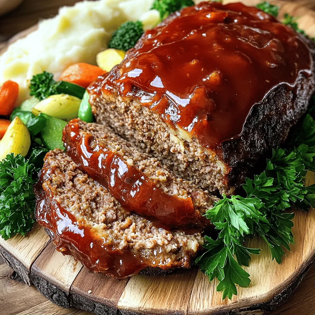 To make a great meatloaf, you need a few key ingredients. Here is what you will need: - 1 ½ lbs ground beef - 1 cup breadcrumbs - 1 small onion, finely chopped - 2 cloves garlic, minced - 2 large eggs - ½ cup milk - 2 tablespoons Worcestershire sauce - ½ cup ketchup (plus extra for topping) These ingredients form the base of a flavorful meatloaf. The ground beef gives it a rich taste, while the breadcrumbs help bind it together. Onions and garlic add depth and aroma. Eggs and milk keep it moist and tender. Spices make your meatloaf shine. Here are the must-have spices: - 1 teaspoon dried oregano - 1 teaspoon dried thyme - ½ teaspoon black pepper - ½ teaspoon salt - 1 tablespoon brown sugar These spices add warmth and character. Oregano and thyme bring a hint of earthiness. Black pepper and salt enhance flavor, while brown sugar gives a sweet touch to the glaze. You can adjust the recipe based on what you have. Here are some ideas: - Use ground turkey instead of beef for a lighter option. - Swap breadcrumbs with crushed crackers for a different texture. - Replace milk with beef broth for added flavor. Feel free to get creative! These substitutions can lead to fun variations and flavors. For a complete recipe, check out the Full Recipe. Start by preheating your oven to 350°F (175°C). This step is key for even cooking. While the oven heats, gather your ingredients. You will need ground beef, breadcrumbs, onion, and garlic. Having everything ready makes the process smooth. In a large mixing bowl, combine the ground beef, breadcrumbs, chopped onion, and minced garlic. Mix gently with your hands or a wooden spoon. Avoid mashing the meat to keep it tender. In a separate bowl, whisk together the eggs, milk, Worcestershire sauce, oregano, thyme, black pepper, and salt. Pour this mixture into the meat. Mix until just combined. Be careful not to overwork it, or your meatloaf may become tough. Now, shape the meat mixture into a loaf. Place it in a lightly greased dish or lined loaf pan. This gives it a nice form. In a small bowl, mix ketchup and brown sugar to create a sweet glaze. Spread this glaze generously over the top of the meatloaf. It adds a lovely flavor. Place the loaf in the oven and bake for about 1 hour until it reaches an internal temperature of 160°F (71°C). After baking, let it rest for 10 minutes. This helps keep it juicy. For the full recipe, check the section above. To make a juicy meatloaf, start with quality meat. I recommend using ground beef with 80% lean meat and 20% fat. This blend adds moisture and flavor. Mix your ingredients gently. Overmixing can make the meatloaf tough. Adding milk helps keep it moist. You can also include grated vegetables like zucchini or carrots for added moisture and flavor without changing the taste. One big mistake is cooking at too high a temperature. Always bake at 350°F (175°C). This helps the meatloaf cook evenly. Avoid skipping the resting time after baking. Letting it rest for 10 minutes keeps the juices inside. Don’t forget to check the internal temperature. It should reach 160°F (71°C) for safe eating. A good mixing bowl is key for combining ingredients. I like to use a large glass bowl to see the mixing process. A loaf pan helps shape the meatloaf, but a baking dish works too. Use a meat thermometer to check the temperature. A sharp knife is great for slicing. Lastly, a set of measuring cups and spoons helps keep your ingredients precise. For the full recipe, check out Mama's Savory Meatloaf. {{image_4}} If you want a lighter option, try turkey meatloaf. Ground turkey makes a great swap for beef. It keeps the meal lean while still being tasty. Use the same ingredients as Mama's Savory Meatloaf. Just replace the beef with 1 ½ lbs of ground turkey. The mix stays juicy if you add a bit more milk. Bake the turkey meatloaf the same way. It should also reach 160°F (71°C) inside. For gluten-free meatloaf, you can use gluten-free breadcrumbs. They work just like regular breadcrumbs. Most stores carry gluten-free options now. You can also use oats instead of breadcrumbs. Just make sure to pulse them in a blender first. The rest of the recipe stays the same. You will still get that juicy flavor. This gluten-free meatloaf will please everyone at the table. If you're going meatless, try a vegetarian meatloaf. You can use lentils or black beans. Mash them up to form a base. Combine with vegetables like finely chopped carrots and bell peppers. Use 1 ½ cups of cooked lentils or beans. Add the same spices and sauces from the meatloaf recipe. Bake it like the other versions. This veggie meatloaf is filling and packed with flavor. It’s a fun twist on a classic dish. For the full recipe, check out Mama's Savory Meatloaf. To store leftover meatloaf, let it cool first. Place it in an airtight container. You can keep it in the fridge for up to four days. If you want to save it longer, freezing is best. When you reheat meatloaf, use the oven for best results. Preheat your oven to 250°F (120°C). Slice the meatloaf and place it in a baking dish. Cover it with foil to keep it moist. Heat for about 25 minutes or until warm. You can also use a microwave. Place slices on a microwave-safe plate. Heat for one minute, check, then heat more if needed. To freeze meatloaf, let it cool completely. Wrap it tightly in plastic wrap. Then, place it in a freezer bag or container. Label it with the date. You can freeze it for up to three months. When ready to eat, thaw it in the fridge overnight. Then reheat as mentioned above. For the best taste, enjoy it within a month. For the full recipe, check out Mama's Savory Meatloaf. The best temperature to cook meatloaf is 350°F (175°C). This heat cooks the meat evenly and helps it stay moist. At this temperature, your meatloaf will take about an hour to reach the safe internal temperature of 160°F (71°C). Using a meat thermometer is a smart way to check for doneness. Meatloaf should rest for about 10 minutes before you slice it. This time allows the juices to settle back into the meat. If you cut it too soon, the juices will run out, and your meatloaf may become dry. Letting it rest ensures each slice is juicy and full of flavor. Yes, you can make meatloaf in advance. You can prepare it a day ahead and store it in the fridge. Just shape the meatloaf, cover it well, and pop it in your fridge. When you’re ready to eat, bake it straight from the fridge. This method saves time and helps the flavors meld beautifully. For the full recipe, check out Mama's Savory Meatloaf. You learned how to make a great meatloaf today. We covered the key ingredients and spices. I shared step-by-step instructions to guide you. You now know tips for a juicy meatloaf and common mistakes to avoid. I even offered tasty variations and smart storage tips. Remember, practice makes perfect. Keep trying different flavors and techniques. Soon, you’ll have a meatloaf that everyone loves! Enjoy your cooking journey.
