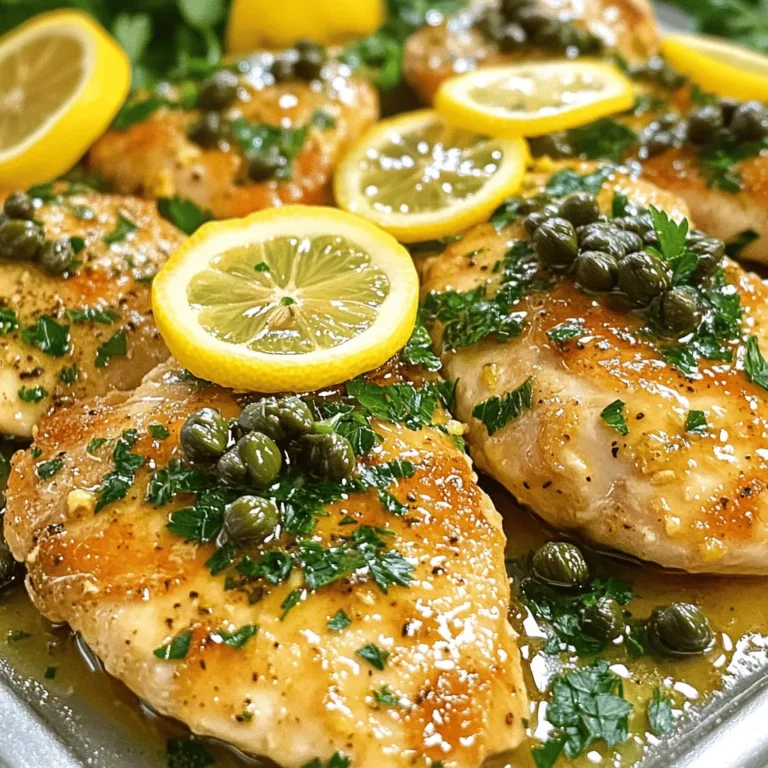 To make Simple Chicken Piccata, gather these fresh ingredients: - 4 boneless, skinless chicken breasts - Salt and freshly cracked black pepper, to taste - 1/2 cup all-purpose flour, for dredging - 4 tablespoons extra virgin olive oil - 2 tablespoons unsalted butter - 2 cloves garlic, finely minced - 1 cup low-sodium chicken broth - Juice of 1 large lemon (about 3-4 tablespoons) - 2 tablespoons capers, thoroughly rinsed and drained - Fresh parsley, finely chopped (for garnish) If you need to make swaps, here are some ideas: - Use chicken thighs instead of breasts for a juicier dish. - Swap all-purpose flour with gluten-free flour for a gluten-free option. - Use vegetable broth instead of chicken broth for a vegetarian version. - If you lack capers, try using chopped green olives for a similar taste. - Lemon juice can be replaced with vinegar in a pinch, but it will change the flavor. Choosing fresh ingredients makes a big difference. Here are my tips: - Look for chicken breasts that are pink and firm with no bad smell. - Always check the sell-by date on the packaging. - Choose bright, unblemished lemons, as they will have the best juice. - Capers should be plump and not dry; check the jar for freshness. - Fresh parsley should be vibrant green and not wilted. Using great ingredients raises your dish to a new level. Enjoy cooking this Simple Chicken Piccata! You can find the Full Recipe above to help guide you. 1. Start by seasoning the chicken breasts. Use salt and pepper on both sides. This simple step brings out the chicken's flavor. 2. Next, dredge the seasoned chicken in flour. Make sure to shake off any extra flour. This helps the chicken get a nice crust. 1. Heat a large skillet over medium-high heat. Add 2 tablespoons of olive oil and let it warm up. 2. Carefully place the chicken in the skillet. Cook for 4-5 minutes on each side until golden brown. Check that the chicken is cooked through; it should reach 165°F. 3. Once done, take the chicken out and place it on a plate. Cover it with foil to keep it warm. 4. In the same skillet, add the remaining 2 tablespoons of olive oil and the butter. Let the butter melt, then add the minced garlic. Sauté for about 30 seconds. 5. Pour in the chicken broth and lemon juice. Use a wooden spoon to scrape the bottom of the skillet. This adds great flavor to the sauce. 6. Stir in the capers and let the sauce simmer for 2-3 minutes. This will help the sauce thicken. 7. Place the cooked chicken back in the skillet. Make sure each piece is coated in the sauce. Heat through for one more minute. 1. Remove the skillet from the heat. Garnish the chicken piccata with fresh parsley. This adds color and freshness. 2. For a great presentation, serve the chicken on a platter. Drizzle sauce over the top. Add lemon slices and more parsley if you like. This meal is sure to impress! For all the steps in one place, check the Full Recipe. To make the best chicken piccata, focus on a few key steps. Start with fresh chicken breasts. They should be thick and firm. Season them well with salt and pepper before cooking. This simple step enhances the flavor. When you dredge the chicken in flour, shake off any extra. A light coat is perfect. This gives you a nice, golden crust. Cook the chicken in a hot skillet to get that perfect sear. Make sure not to overcrowd the pan. This keeps the heat high and helps it cook evenly. The sauce should be bright and tangy. Use fresh lemon juice for the best taste. After cooking the chicken, deglaze the pan with broth and lemon juice. This step adds flavor and lifts those tasty bits from the pan. Let the sauce simmer for a few minutes to thicken. If it’s too thin, simmer longer. If it’s too thick, add a splash of broth. Stir in the capers at the end for a salty bite. You don’t need many tools to make chicken piccata. Here are some essentials: - Large skillet - Tongs - Wooden spoon - Meat mallet (for pounding the chicken) - Measuring cups and spoons These tools help streamline the cooking process. Each one plays a role in creating a delicious meal. For the full recipe, follow the link and enjoy your cooking adventure! {{image_4}} You can easily swap some ingredients in chicken piccata. If you want a lighter dish, use chicken thighs instead of breasts. They stay juicy and add great flavor. For a gluten-free option, use almond flour instead of all-purpose flour. You can also try using vegetable broth instead of chicken broth for a vegetarian twist. Chicken piccata is versatile in cooking methods. You can bake, grill, or pan-fry the chicken. If you bake it, cook at 375°F for about 25 minutes. For grilling, marinate the chicken in the lemon juice, then grill for about 6-8 minutes per side. Each method gives a different taste and texture. Want to spice things up? Add some red pepper flakes to the sauce for heat. Fresh herbs like thyme or basil can enhance the flavor too. For a creamy version, mix in heavy cream or Greek yogurt. These additions can make your chicken piccata unique and exciting. Store leftover chicken piccata in an airtight container. Let it cool to room temperature first. Place it in the fridge for up to three days. Always label the container with the date. This helps you keep track of freshness. You can freeze chicken piccata for longer storage. Use freezer-safe bags or containers. Make sure to remove as much air as possible before sealing. It will stay good for up to three months. When you're ready to eat, thaw it in the fridge overnight. Reheat chicken piccata gently to keep it juicy. Use a skillet over low heat. Add a splash of chicken broth to keep it moist. You can also use the microwave. Heat it in short bursts, stirring in between. Always check the temperature reaches 165°F before serving. For the best taste, serve it with fresh lemon juice and parsley from the Full Recipe. The best side dish for Chicken Piccata is something light and fresh. I recommend serving it with steamed vegetables. Broccoli, asparagus, or green beans work well. You can also pair it with pasta. A simple lemon garlic pasta complements the dish nicely. Yes, you can make Chicken Piccata ahead of time. Cook the chicken and sauce fully. Cool them down and store in the fridge. When ready to serve, reheat gently on the stove. Add a splash of broth to keep the sauce moist. This way, your meal stays flavorful and delicious. To make Chicken Piccata gluten-free, swap the all-purpose flour for a gluten-free blend. Many brands offer great options that work well for dredging. Also, check your chicken broth for gluten-free labels. This small change lets everyone enjoy this tasty dish without worry. For the full recipe, check here. In this post, I shared how to make Chicken Piccata, covering key ingredients, cooking steps, and storage tips. You learned about ingredient substitutes and how to pick fresh items. I also shared tips for the best cooking techniques and variations to try. My goal was to simplify this dish for everyone. Remember, cooking should be fun and tasty. You can now create a wonderful meal with confidence. Enjoy your Chicken Piccata journey!