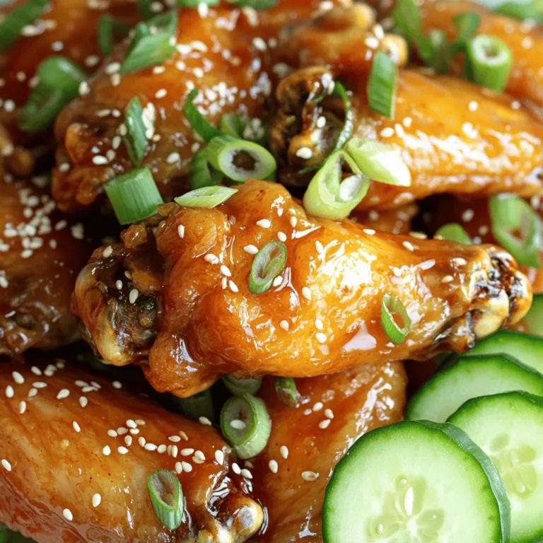 To make these tasty wings, you'll need a few key items. Here’s what to gather: - 2 pounds chicken wings - 1/4 cup honey - 1/4 cup low-sodium soy sauce - 4 cloves garlic, finely minced - 1 tablespoon sriracha (adjust for desired heat level) - 1 teaspoon freshly grated ginger - 1 tablespoon rice vinegar - 1 tablespoon sesame oil - Salt and black pepper to taste These ingredients create the perfect blend of sweet and spicy flavors. Garnishes can elevate your dish. Here are some fun options: - Toasted sesame seeds - Chopped green onions Adding these garnishes not only enhances the look but also adds texture and flavor. Don't have everything? No worries! Here are some easy swaps: - Use maple syrup instead of honey for a different sweetness. - If you're out of soy sauce, try tamari or coconut aminos. - For a milder kick, use less sriracha or substitute with mild chili sauce. These substitutions can still keep the essence of spicy honey garlic wings, making them just as delicious. For the complete recipe, check out the Full Recipe. To start, preheat your oven to 400°F (200°C). This step is very important for crispy wings. Next, take your chicken wings and pat them dry with paper towels. Removing moisture is key. Place the dry wings in a large bowl. Season them with salt and black pepper. Toss lightly to coat each wing evenly. Now, let’s make the sauce. In a medium bowl, mix together the honey, low-sodium soy sauce, minced garlic, sriracha, freshly grated ginger, rice vinegar, and sesame oil. Whisk these ingredients until they blend well. This sauce will give your wings a sweet and spicy kick. Pour the honey garlic sauce over the chicken wings. Use tongs or your hands to toss them gently. Make sure every wing is coated in that tasty sauce. Next, line a baking sheet with parchment paper to prevent sticking. Lay the wings in a single layer. Avoid overcrowding for even cooking. Place the baking sheet in the oven and bake for 30-35 minutes. Halfway through, turn the wings so they cook evenly. They should come out crispy and golden. For a stickier finish, save a bit of the sauce. Brush this on the wings during the last 5 minutes of baking. Once done, remove the wings from the oven. Let them rest for a few minutes. Transfer them to a serving platter. Top with toasted sesame seeds and chopped green onions for color and flavor. You can find the Full Recipe above to follow these steps easily! To get those wings nice and crispy, start by drying them well. Use paper towels to remove moisture. This step is key. If the wings are wet, they will steam instead of crisp up. Next, season with salt and pepper before baking. Space the wings on the baking sheet. If they touch, they won’t get crispy. Bake them at 400°F for 30-35 minutes. Flip them halfway to cook evenly. You can easily adjust the heat in your wings. Start with one tablespoon of sriracha for mild heat. If you like it spicy, add more sriracha. Another option is to blend in red pepper flakes for extra kick. You can also make a separate spicy dip if you want. This lets everyone control their own spice level while enjoying the wings. Marinating the wings boosts their flavor. Mix honey, soy sauce, and garlic for a great base. You can add ginger for warmth and rice vinegar for tang. Let the wings soak in this mixture for at least 30 minutes. For even more flavor, marinate them overnight. This step allows the flavors to penetrate deeply. For a fun twist, try adding citrus zest or fresh herbs to the marinade. For the full recipe, check out the detailed instructions above. {{image_4}} You can change the flavor of your spicy honey garlic wings easily. Try using different sauces. For a sweet twist, swap honey for maple syrup. If you love heat, add more sriracha or use a spicy chili sauce. For a tangy kick, include some lime juice or tamarind paste in the mix. You can even try a teriyaki glaze for a fun twist. Each sauce gives a unique taste and makes your wings special. Cooking methods can change the texture of your wings. The air fryer is fantastic for crispy wings. It cooks them fast and uses less oil. Just toss the wings in the sauce and place them in the air fryer basket. Cook at 380°F for about 25 minutes. If you prefer grilling, it's a great option too. Grill the wings over medium heat for about 20 minutes, turning often. This method gives them a smoky flavor everyone loves. You can explore many types of wings. Buffalo wings are spicy and tangy, perfect for those who love heat. BBQ wings have a sweet and smoky flavor, great for fans of a milder taste. You could also try Asian-style wings with soy sauce and sesame oil. Each variation can change how you enjoy your meal. It’s fun to mix and match flavors. Check out the Full Recipe for the best results! To keep your spicy honey garlic wings fresh, store them right. First, let the wings cool to room temperature. Then, place them in an airtight container. Make sure to separate layers with parchment paper. This helps prevent sticking. Store the container in the fridge. These wings will stay tasty for up to four days. Reheating your wings properly keeps them crispy. Preheat your oven to 375°F (190°C). Lay the wings on a baking sheet. Make sure they are in a single layer. Bake them for about 10-15 minutes. Check them often to avoid drying out. This method makes the skin crisp again. If you want to save wings for later, freezing works well. Place cooled wings in a freezer-safe bag. Remove as much air as possible before sealing. Label the bag with the date. You can freeze them for up to three months. When ready to eat, thaw in the fridge overnight. Then, reheat as mentioned above for the best results. For more details on making these delicious wings, check the full recipe. You can change the heat by adjusting the sriracha. Add more for extra spice. If you prefer milder wings, reduce the sriracha or use a sweet chili sauce instead. I like to start with one tablespoon of sriracha and taste the sauce. You can always add more heat later. This way, you keep control over the flavor. Yes, chicken drumsticks work great! They may need a bit more time to cook. Drumsticks have more meat, which some people love. Just ensure they reach an internal temperature of 165°F (74°C). This keeps them safe to eat. Follow the same steps as the wings for coating and baking. Pairing sides with wings enhances your meal. Here are some tasty options: - Crispy fries: They provide a nice crunch. - Coleslaw: The coolness balances the spice. - Veggie sticks: Carrots and celery add freshness. - Rice: Fluffy rice soaks up the sauce well. - Dips: Ranch or blue cheese dips cool down the heat. These sides make your meal more enjoyable and complete. In this blog post, we covered the key ingredients for spicy honey garlic wings and offered great tips for preparation. I shared step-by-step instructions for making delicious sauce, baking the wings, and achieving that crispy texture. We explored variations in cooking methods and sauces, plus storage tips to enjoy leftovers later. Now, embrace your creativity and make these wings your own. Enjoy your tasty creation and share it with friends!