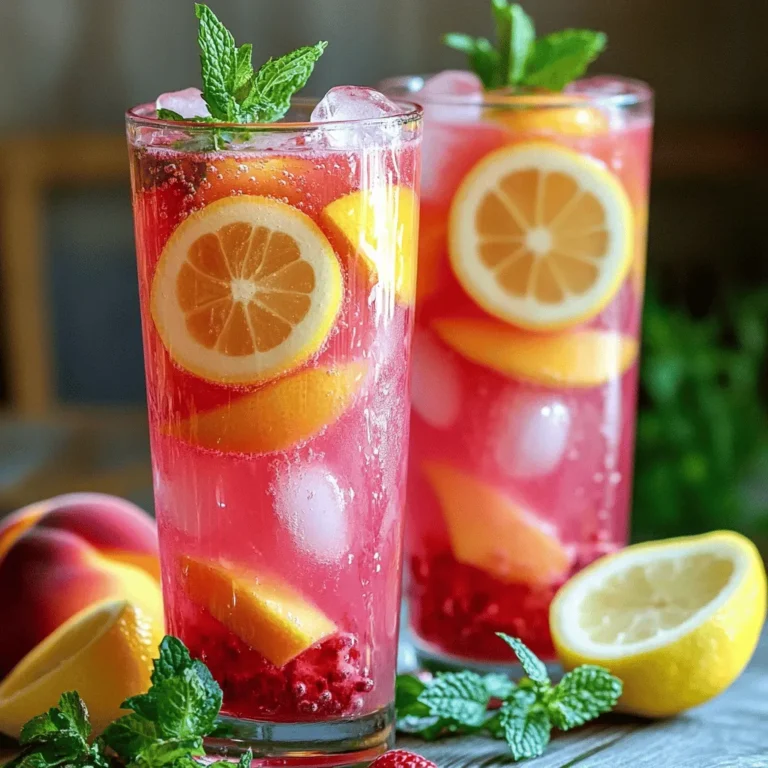 Fresh raspberries give this drink its bright color and sweet-tart flavor. You need 1 cup of ripe, juicy raspberries. Look for plump ones without any mushy spots. Ripe peaches bring a sweet and fragrant note to the mix. Use 2 ripe peaches, pitted and thinly sliced. Choose peaches that feel slightly soft but not overripe. Lemon juice adds the perfect zing to balance the sweetness. You will need 1 cup, which comes from about 4 to 6 lemons. Squeeze them fresh for the best taste. Granulated sugar sweetens the lemonade and makes it refreshing. Start with 1 cup, but you can add more or less based on your taste. Water is essential to dilute the lemonade and help it taste just right. Use 4 cups of cold water for a refreshing drink. Garnishes make your drink look great and add flavor. Use ice cubes to chill it. Fresh mint leaves and lemon slices add a lovely touch and a hint of freshness. This combination creates a flavorful and vibrant drink to cool you down on hot summer days. For the complete recipe, check out the [Full Recipe]. - Blender Method Start by placing 1 cup of fresh raspberries and 2 ripe peaches, pitted and sliced, into a blender. Blend on high until smooth. This step brings out all the sweet flavors. - Straining for Smoothness If you want a silky texture, pour the mixture through a fine-mesh sieve. This removes seeds and pulp, giving you a smooth raspberry-peach puree. - Combining Fruits with Lemon Juice In a large pitcher, combine the raspberry-peach puree with 1 cup of freshly squeezed lemon juice. Adjust the lemon juice based on your taste. - Dissolving Sugar Add 1 cup of granulated sugar to the pitcher. Stir until all the sugar dissolves. This creates a balanced sweet and tart lemonade base. - Refrigeration Time Cover the pitcher and place it in the fridge for at least 30 minutes. This lets the flavors meld nicely, enhancing your drink. - Serving Suggestions When you're ready to serve, fill tall glasses with ice cubes. Pour the chilled raspberry peach lemonade over the ice. For a pretty touch, garnish with lemon slices and fresh mint leaves. Enjoy your refreshing drink! - To make your lemonade sweeter, add more sugar. Start with a little and mix well. - If it gets too sweet, add water to balance it out. Taste test as you go. - Always choose fresh raspberries and peaches. Look for ripe, juicy fruits. - Fresh lemon juice is key. It adds bright flavor that bottled juice can’t match. - Garnish your drink with mint leaves. They add color and fresh aroma. - Lemon slices on the rim of your glass look pretty and add zest. - Try serving in clear glasses to show off the beautiful color of the drink. {{image_4}} You can easily switch up the flavors in your raspberry peach lemonade. Adding strawberries or other berries can boost the taste. Try mixing in blueberries or blackberries for a fun twist. Experimenting with other citrus fruits can also enhance your drink. Try lime or orange juice for a new flavor profile. Each fruit adds its unique zing, making your lemonade special. If you want a fun twist, make a raspberry peach lemonade cocktail! You can mix in vodka for a light drink or rum for something a bit sweeter. You can also try gin for a more herbal taste. Each spirit pairs well with the fruity flavors. You may want to cut sugar for health reasons. Using honey, agave, or stevia gives you options. Honey adds a floral note while agave keeps it light. When using these alternatives, adjust your measurements. Start with a smaller amount and taste. You can always add more to get it just right! To keep your raspberry peach lemonade fresh, store it in a clean pitcher. Cover it tightly with plastic wrap or a lid. This prevents the lemonade from absorbing other smells in the fridge. - Best Practices for Refrigeration: Always place your lemonade in the coldest part of the fridge. This helps maintain its flavor and freshness. - Shelf Life of Raspberry Peach Lemonade: It lasts about 3 to 5 days in the fridge. If you notice any change in smell or taste, it’s best to discard it. Planning a picnic or a party? You can make this lemonade ahead of time. - Preparing in Advance for Events: Mix the puree and lemon juice a day before. Just add water and ice right before serving. This keeps it fresh and bubbly. - Freezing Options for Puree: You can freeze the raspberry-peach puree in ice cube trays. This way, you can blend the cubes with water later for a quick drink. Don’t waste any of those lovely fruits. Find creative ways to use them up. - Ideas for Using Remaining Fruits: Leftover peaches and raspberries can go into smoothies, yogurt, or oatmeal. They add a sweet touch and fiber. - Other Recipes Utilizing Leftover Lemonade: Use your lemonade for marinades or dressings. It can brighten up salads or grilled meats. For the full recipe, check out the details above! You can make Raspberry Peach Lemonade by mashing the fruits with a fork. Use a bowl to mash the raspberries and peaches until they are juicy. Then, mix the fruit mash with lemon juice and sugar in a pitcher. Add cold water and stir well. This method gives you a chunky but tasty drink. Yes, you can use frozen raspberries and peaches. Just thaw them before using. The flavor will still be great, and it can make your drink even colder. This is a smart choice if fresh fruit is hard to find. A good ratio is 4 cups of water to 1 cup of lemon juice. This balance gives the lemonade a nice tartness without being too sour. You can always adjust it to your taste. If you like it sweeter, add more water. You can add herbs like basil or mint for a fresh taste. Try using sparkling water instead of plain water for fizz. You could also add a splash of ginger ale for a fun twist. Each of these can boost the flavor and make your drink unique. You can find pre-made Raspberry Peach Lemonade at many grocery stores. Look in the juice aisle or the refrigerated section. Some local shops or cafes might also offer their own version. Just check the labels for quality ingredients. Raspberries are high in fiber and full of vitamins. They help support your immune system. Peaches provide hydration and vitamins A and C. Lemon juice is great for digestion and adds vitamin C. Together, they make a refreshing drink that can be good for your health. To make a zero-sugar Raspberry Peach Lemonade, use a sugar substitute like stevia. You can also try using fresh fruit for natural sweetness. Adjust the amounts to find what you like best. This way, you enjoy a tasty drink without the added sugar. To sum up, making Raspberry Peach Lemonade is simple and rewarding. You combine fresh fruits, lemon juice, and sugar for a tasty drink. Follow the steps to prepare the puree and mix your lemonade base. Don’t forget the tips for adjusting sweetness and enhancing presentation. If you want to be creative, try different fruits or make a cocktail version. Store leftovers wisely, and enjoy this refreshing drink anytime. Taste and enjoy this easy, homemade lemonade!