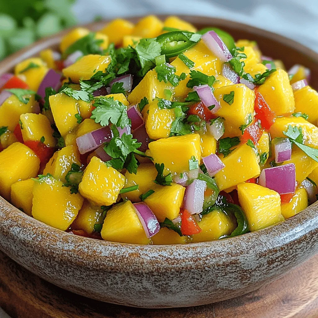 To make easy mango salsa, gather these fresh ingredients: - 2 ripe mangoes, peeled and diced - 1 small red onion, finely chopped - 1 red bell pepper, diced - 1 jalapeño pepper, minced - 1/4 cup fresh cilantro leaves, chopped - Juice of 2 fresh limes - Salt and pepper to taste Each ingredient adds a unique flavor to the salsa. The ripe mangoes bring sweetness, and the red onion adds a mild bite. The red bell pepper adds crunch and color. The jalapeño gives a spicy kick, but you can adjust it to your taste. Fresh cilantro adds a burst of herb flavor, while lime juice brightens everything up. Don't forget to season with salt and pepper to enhance the taste. Using fresh ingredients makes all the difference. You’ll notice the vibrant colors and fresh scents when you chop and mix everything. This salsa is not just tasty; it’s also a feast for the eyes. For the full recipe, check out the details in the article. - Peel and dice mangoes - Chop red onion and red bell pepper - Mince jalapeño pepper First, you need to prepare your ingredients. Take ripe mangoes and peel them carefully. Next, cut the mangoes into small, even cubes. This makes sure every bite is sweet and juicy. After that, chop a small red onion finely. You want the pieces to be small, so they mix well with the mango. Then, take a red bell pepper, and dice it into tiny pieces. This adds color and crunch to your salsa. Finally, grab a jalapeño pepper. Remove the seeds, then mince it for a zesty kick. - Mix mango, onion, bell pepper, and jalapeño - Add cilantro and lime juice Now it’s time to combine everything in a large bowl. Start by adding the diced mango, red onion, bell pepper, and minced jalapeño. This mix should look bright and colorful! Next, add chopped cilantro. This herb brings a fresh taste that works great with mango. Squeeze the juice of two fresh limes over the mix. The lime adds a tangy flavor that brightens everything up. - Season with salt and pepper - Gently fold and let sit To finish, season your salsa with salt and freshly cracked black pepper. This enhances all the flavors. Then, gently fold everything together using a spatula or wooden spoon. Be careful not to mash the mango pieces. After mixing, let the salsa sit at room temperature for about 15 minutes. This waiting time allows the flavors to blend beautifully. For the full recipe, check out the details above. - Choosing ripe mangoes Look for mangoes that yield slightly when you press them. Their skin should have a nice mix of green and yellow. A ripe mango smells sweet at the stem end. Avoid hard or overly bruised mangoes. - Properly chopping vegetables Use a sharp knife for clean cuts. This helps keep the flavors fresh. Cut all the veggies to a similar size for even mixing. Uniform pieces make for a better texture in your salsa. - Additional spices or ingredients You can add spices like cumin or garlic powder to boost flavor. These spices give the salsa a unique twist. Fresh herbs like mint can also add a fresh touch. - Adjusting spice level with jalapeño For a mild salsa, use less jalapeño or remove the seeds. For a kick, add more minced jalapeño. Always taste as you go to find your perfect heat level. - Ideal accompaniments Serve mango salsa with tortilla chips for a crunchy snack. It pairs well with grilled chicken or fish, too. Try it as a topping for tacos or burritos. - Creative serving ideas Use small cups to serve salsa at a party. Garnish with lime wedges or cilantro sprigs for a colorful display. You can also layer it in a clear bowl for a beautiful effect. For the full recipe, check the section above! {{image_4}} You can make your mango salsa even more exciting by adding extra ingredients. Black beans or corn add a nice crunch and protein. They also make the salsa heartier. If you want a creamy touch, try adding avocado. It pairs well with mango and gives a smooth texture. Another way to change the flavor is by adding sauces. A splash of balsamic vinegar can bring a sweet and tangy kick. You can also experiment with different citrus juices. Lemon or orange juice can create a fresh twist to your salsa. If you like spice, you can adjust the heat levels. Try using different peppers like serrano or habanero for more heat. If you want less spice, reduce the amount of jalapeño. This way, you can enjoy the salsa just the way you like it. To keep mango salsa fresh, use airtight containers. Glass or plastic containers work well. Short-term storage means keeping your salsa in the fridge. It stays fresh for about 3 to 5 days. For long-term storage, you can freeze it. Use freezer-safe bags or containers. Just make sure to leave some space for it to expand as it freezes. In the fridge, mango salsa lasts 3 to 5 days. If you want to freeze it, consume it within 2 to 3 months. When thawing, place it in the fridge overnight. This keeps the texture nice. Avoid refreezing once thawed, as it may lose its flavor. You can use leftover salsa in many tasty ways. Add it to grilled chicken or fish for a burst of flavor. Mix it into a salad for a fresh twist. You can even use it as a topping for tacos or nachos. Be creative! The options are endless. For the full recipe, check the previous sections. To ripen mangoes fast, place them in a paper bag. This traps the natural gases they give off. You can add a banana to speed things up even more. Check the mangoes daily. They should be soft but not mushy when ready. Yes, you can make mango salsa ahead of time. Prepare it and store it in the fridge. Make sure to add lime juice just before serving. This keeps the salsa fresh and bright. It tastes best if you let it sit for a few hours. This allows the flavors to mix well. If you don't like cilantro, try parsley or basil instead. These herbs add a fresh taste. You can also use green onions for a mild flavor. Each of these options brings its own twist to the salsa. Experiment to see which one you like best! Mango salsa is simple and fun to make. You learned how to prepare fresh ingredients, mix flavors, and add your own twist. Remember, you can enhance spice levels and try new ingredients for variety. Proper storage helps maintain its freshness, giving it a longer shelf life. Use leftovers creatively in other dishes. Overall, this salsa adds zest to any meal. Enjoy creating your own delicious versions and sharing them with family and friends. Let your tastes guide you as you make this tasty treat.