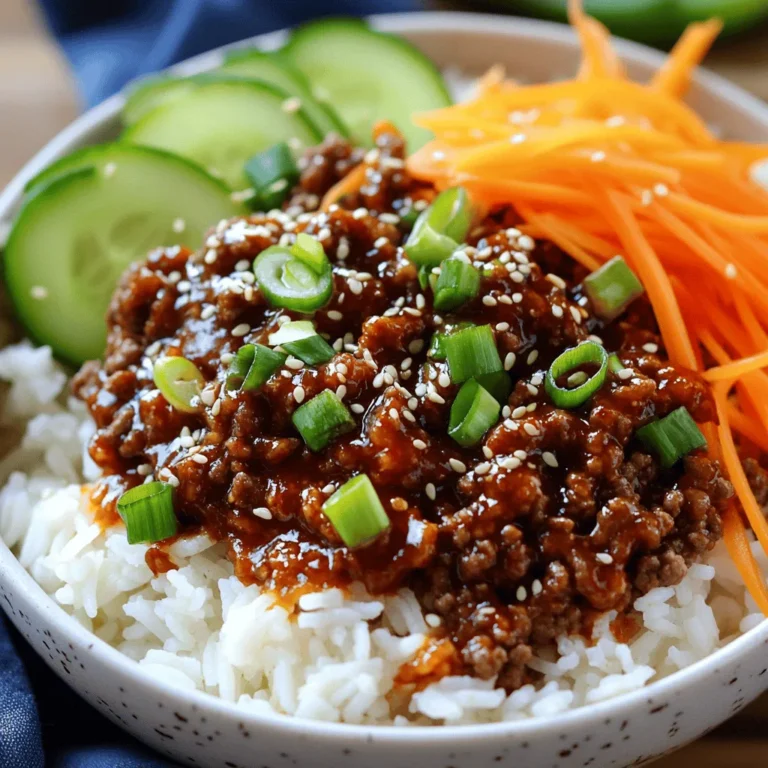 - 1 lb ground beef (85% lean for optimal flavor) - 1 tablespoon sesame oil for sautéing - 3 cloves garlic, minced finely - 1 teaspoon fresh ginger, grated or minced These main ingredients create a rich and hearty base for your dish. Ground beef gives a juicy texture, while sesame oil adds depth. Garlic and ginger bring warmth, making each bite flavorful. - 1/4 cup low sodium soy sauce for balanced seasoning - 2 tablespoons brown sugar for sweetness - 2 tablespoons gochujang (Korean chili paste) for heat These flavorful additions elevate the beef. Soy sauce provides umami, while brown sugar balances the heat from gochujang. The gochujang also brings a lovely kick, making the dish exciting. - 2 green onions, sliced thinly for garnish - 1 cup shredded carrots for crunch - 1 cup cucumber, thinly sliced for freshness Fresh toppings brighten the meal. Green onions add a mild bite, and shredded carrots bring color and crunch. Cucumber slices offer a refreshing contrast to the spicy beef. You can find the Full Recipe for these Spicy Korean Beef Bowls to create this vibrant dish. - Prepare the skillet: First, heat the sesame oil in a large skillet over medium-high heat. Wait until it shimmers, which means it’s ready. - Sauté garlic and ginger: Add the minced garlic and grated ginger. Cook them for about 1 minute until they smell great. Make sure to watch closely so they don’t burn. - Brown the ground beef: Next, put the ground beef in the skillet. Break it apart with a spatula. Cook for 5-7 minutes until it turns brown. Stir it occasionally. If there is extra fat, drain it away. - Combine sauce ingredients: In a small bowl, mix the soy sauce, brown sugar, gochujang, and rice vinegar. - Whisk until smooth: Use a whisk to blend everything well. Make sure the sugar dissolves and the mixture is even. - Prepare the rice: Warm up your jasmine rice. Spoon a good amount into each bowl as the base. - Layer the beef mixture and toppings: On top of the rice, add a big scoop of the spicy beef. Next, layer on shredded carrots and fresh cucumber slices for added crunch. - Final garnishing techniques: For the finishing touch, sprinkle sliced green onions, sesame seeds, and fresh cilantro on top. This makes your dish look bright and fresh. For more details on each step, check the Full Recipe. Enjoy making your Spicy Korean Beef Bowls! - Optimal cooking temperatures: Cook your beef over medium-high heat. This temperature helps brown the meat and lock in flavor. Avoid low heat, as it can make the beef greasy and chewy. - Preventing garlic from burning: Add garlic after the oil shimmers. Cook for only one minute. If it burns, it will taste bitter and ruin your dish. - Adjusting spice levels: Want more heat? Add more gochujang or a pinch of red pepper flakes. If you're sensitive to spice, start with less and taste as you go. You can always add more later. - Balancing sweetness and heat: Use brown sugar to balance the spice. If your dish tastes too spicy, add a bit more sugar. This balance will make each bite delicious. - Arranging ingredients for visual appeal: Layer your bowls in colorful sections. Place rice at the bottom, then the beef mixture, and top with bright veggies. This makes for a feast for the eyes, too! - Using vibrant garnishes: Add sliced green onions and sesame seeds on top. Fresh cilantro also brightens the dish. These garnishes add flavor and make your meal look stunning. For the full recipe, check out the detailed instructions above! {{image_4}} You can easily change this recipe to fit your needs. For a leaner option, use ground turkey or chicken instead of beef. These meats have less fat but still offer great flavor. If you want a vegetarian choice, swap the beef for tofu. Firm tofu works best. Press it to remove extra water, then cube and sauté until golden. The heat of gochujang can vary a lot. For a milder bowl, use less gochujang or find a milder brand. If you love spice, try a spicy version. You can also add more vegetables for extra flavor and nutrition. Bell peppers, mushrooms, or snap peas add a nice crunch and color to your dish. These bowls are great on their own, but you can pair them with side dishes. Try kimchi or pickled vegetables for a tangy kick. You can also customize your bowl. Add toppings like avocado, radishes, or even fried eggs for extra flair. The beauty of Spicy Korean Beef Bowls is that you can make them your own! For the full recipe, visit the earlier section. To keep your Spicy Korean Beef Bowls fresh, you should refrigerate them right away. Use an airtight container. This helps prevent any odors from the fridge affecting your meal. Make sure the beef mixture and rice cool down to room temperature before sealing. For reheating, the best method is in a skillet. Heat it on medium until warm. If you prefer the microwave, use a microwave-safe dish. Heat in short bursts, stirring in between. This keeps the food from drying out. If you want to save some for later, freezing works well. First, let the beef mixture cool completely. Then, transfer it to a freezer-safe bag or container. Try to remove as much air as possible to avoid freezer burn. When you are ready to eat, thaw the beef mixture overnight in the fridge. You can reheat it in a skillet or microwave. For the rice, thaw it in the fridge too. Reheat it in the microwave with a splash of water to keep it moist. In the fridge, your Spicy Korean Beef Bowls will stay good for about 3 to 4 days. If you freeze the beef mixture, it can last for up to 3 months. However, for the best taste, eat it within a month. The rice will hold up well for about 4 to 6 months in the freezer. Just remember, the sooner you eat it, the better the flavor! Spicy Korean Beef Bowls come from Korean cuisine. This dish reflects the bold and vibrant flavors of Korea. It features gochujang, a famous Korean chili paste that adds heat and depth. Korean cooking often balances spicy, sweet, and savory tastes. This balance is key to making the dish so enjoyable. Yes, you can make this recipe in advance. Preparing the beef mixture ahead of time saves you effort on busy days. You can cool it and store it in the fridge for up to three days. Just reheat it when you are ready to eat. Cook the rice fresh for the best texture. This way, you enjoy a warm and tasty meal. If you don't have gochujang, you can use chili paste or sriracha instead. These options provide heat but may lack the same depth of flavor. Mix some sugar with your substitute to mimic the sweetness of gochujang. You can also adjust the amount to fit your spice level. This makes it easier for beginners to enjoy a great meal. For the full recipe, check out the details above. You now have a clear path to make Spicy Korean Beef Bowls. We covered the main ingredients, from ground beef to fresh toppings. I shared simple steps for cooking, sauce-making, and assembling. We explored tips for flavor and presentation that will impress anyone. You learned about variations for different diets and ways to store leftovers. Enjoy creating this dish, making it your own. Your kitchen will smell fantastic, and your taste buds will thank you!