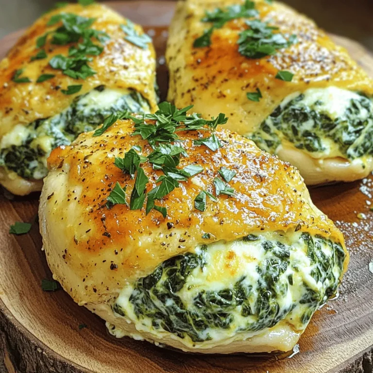 To make Creamy Spinach Stuffed Chicken, gather these ingredients: - 4 boneless, skinless chicken breasts - 2 cups fresh spinach, finely chopped - 1 cup cream cheese, softened - 1/2 cup grated Parmesan cheese - 1/2 cup shredded mozzarella cheese - 2 cloves garlic, minced - 1 teaspoon onion powder - 1/2 teaspoon salt - 1/4 teaspoon black pepper - 1 tablespoon olive oil - 1 tablespoon fresh lemon juice - 1/4 teaspoon red pepper flakes (optional for a kick) - Fresh parsley, chopped (for garnish) If you need to swap some items, here are a few ideas: - Use ricotta cheese instead of cream cheese for a lighter taste. - If you don’t have fresh spinach, frozen spinach works too. Just make sure to drain it well. - For a different cheese flavor, try using feta or goat cheese. - You can replace olive oil with butter for a richer taste. - Add cooked chicken sausage or bacon to the stuffing for extra flavor. This dish is not only tasty but also offers good nutrition. Here’s a quick breakdown (per serving): - Calories: 400 - Protein: 40g - Carbohydrates: 4g - Fat: 25g - Fiber: 1g - Sugar: 2g This creamy spinach stuffed chicken is a delight. It combines protein and greens in a flavorful dish. You can enjoy it with a side salad or your favorite veggies. For the full recipe, look for the steps below. Start by preheating your oven to 375°F (190°C). This step is key to getting a perfectly cooked chicken. While the oven heats up, you can prepare the stuffing and chicken. In a medium bowl, mix the following ingredients: - 2 cups fresh spinach, finely chopped - 1 cup cream cheese, softened - 1/2 cup grated Parmesan cheese - 1/2 cup shredded mozzarella cheese - 2 cloves garlic, minced - 1 teaspoon onion powder - 1/2 teaspoon salt - 1/4 teaspoon black pepper - 1 tablespoon fresh lemon juice - 1/4 teaspoon red pepper flakes (optional) Stir everything together until you get a creamy and smooth mixture. This is the heart of your dish. Take each boneless, skinless chicken breast. Carefully cut a pocket into each one by slicing horizontally through the thickest part. Make sure not to cut all the way through. This creates a space to hold your creamy spinach mixture. Generously fill each pocket with the stuffing you prepared. If necessary, use toothpicks to secure the edges, ensuring the filling stays inside during cooking. Heat 1 tablespoon of olive oil in a large oven-safe skillet over medium-high heat. Once the oil is hot and shimmering, gently place the stuffed chicken breasts in the skillet. Sear each side for about 4-5 minutes until they are golden brown. After that, transfer the skillet to your preheated oven. Bake the chicken for another 20-25 minutes. Check that the internal temperature reaches 165°F (74°C) to ensure it’s fully cooked. After baking, remove the skillet from the oven. Let the chicken rest for about 5 minutes. This step helps keep the chicken juicy and flavorful. Finally, take out any toothpicks used to secure the chicken. Garnish with freshly chopped parsley before serving warm. For a full recipe, visit the recipe section above. Enjoy your delicious Creamy Spinach Stuffed Chicken dish! Searing chicken is key to getting a great crust. Start with a hot pan. Use medium-high heat for the olive oil. Wait until the oil shimmers before adding the chicken. This helps seal in the juices. Sear each side for about four to five minutes. Look for a golden-brown color. This adds flavor and visual appeal. Avoid overcrowding the pan to keep the heat steady. If you have leftovers, store them right away. Let the chicken cool down first. Then place it in an airtight container. It will stay fresh in the fridge for up to three days. If you want to keep it longer, freeze it. Wrap the chicken tightly in plastic wrap, then place it in a freezer bag. It can last for up to three months. Just remember to label it! To check if chicken is fully cooked, use a meat thermometer. Insert it into the thickest part of the chicken. It should read 165°F (74°C). If you don’t have a thermometer, cut into the chicken. The juices should run clear, not pink. Always ensure your chicken is cooked through for safety and taste. {{image_4}} You can switch things up by adding feta cheese. Feta adds a tangy taste. Simply mix it with the spinach and cream cheese. The flavor blends well with the chicken. This variation gives you a Mediterranean twist. Want more flavor? Try adding sun-dried tomatoes or chopped artichokes. These ingredients add depth to your filling. A sprinkle of Italian herbs can also enhance the taste. Experiment and find what you love most. Grilling gives the chicken a nice smoky flavor. Preheat your grill to medium-high. Cook each side for about 6-8 minutes until done. If you prefer air frying, set it to 375°F. Cook for 15-20 minutes, checking the internal temperature. Both methods result in juicy, flavorful chicken. You can enjoy this dish with the full recipe for guidance. Store leftover stuffed chicken in an airtight container. Make sure the chicken is cool before sealing. Place it in the fridge. It will stay fresh for up to three days. To keep the flavors, avoid stacking the pieces. Reheat your chicken in the oven or microwave. For the oven, set it to 350°F (175°C). Place the chicken in a baking dish, cover it with foil, and heat for about 15-20 minutes. If using a microwave, heat it on medium power for 2-3 minutes. Check that it is hot all the way through before eating. You can freeze the stuffed chicken for later. Wrap each piece tightly in plastic wrap. Then, place them in a freezer-safe bag. They can stay in the freezer for up to three months. When ready to eat, thaw in the fridge overnight. Reheat as mentioned above for the best taste. For the full recipe, check the Creamy Spinach Stuffed Chicken Delight section above. Yes, you can make this dish ahead. Prepare the chicken and stuff it. Cover it and store in the fridge for up to 24 hours. When you are ready, bake it as usual. This saves time on busy evenings. This stuffed chicken pairs well with many sides. Here are some great options: - Roasted vegetables - Garlic mashed potatoes - A fresh green salad - Quinoa or rice These sides balance the creamy flavor and add texture to your meal. Yes, you can create a dairy-free version. Use dairy-free cream cheese and non-dairy cheeses. You can also substitute the Parmesan with nutritional yeast for a cheesy flavor. This way, you still enjoy all the taste without dairy. In this blog post, I shared how to make Creamy Spinach Stuffed Chicken. We covered the key ingredients, step-by-step cooking instructions, and useful tips. Varieties and storage methods help you get the most out of this dish. Remember, you can customize the recipe to fit your taste. With these tips, you’ll create a delicious meal every time. Enjoy your cooking and share the joy with others!
