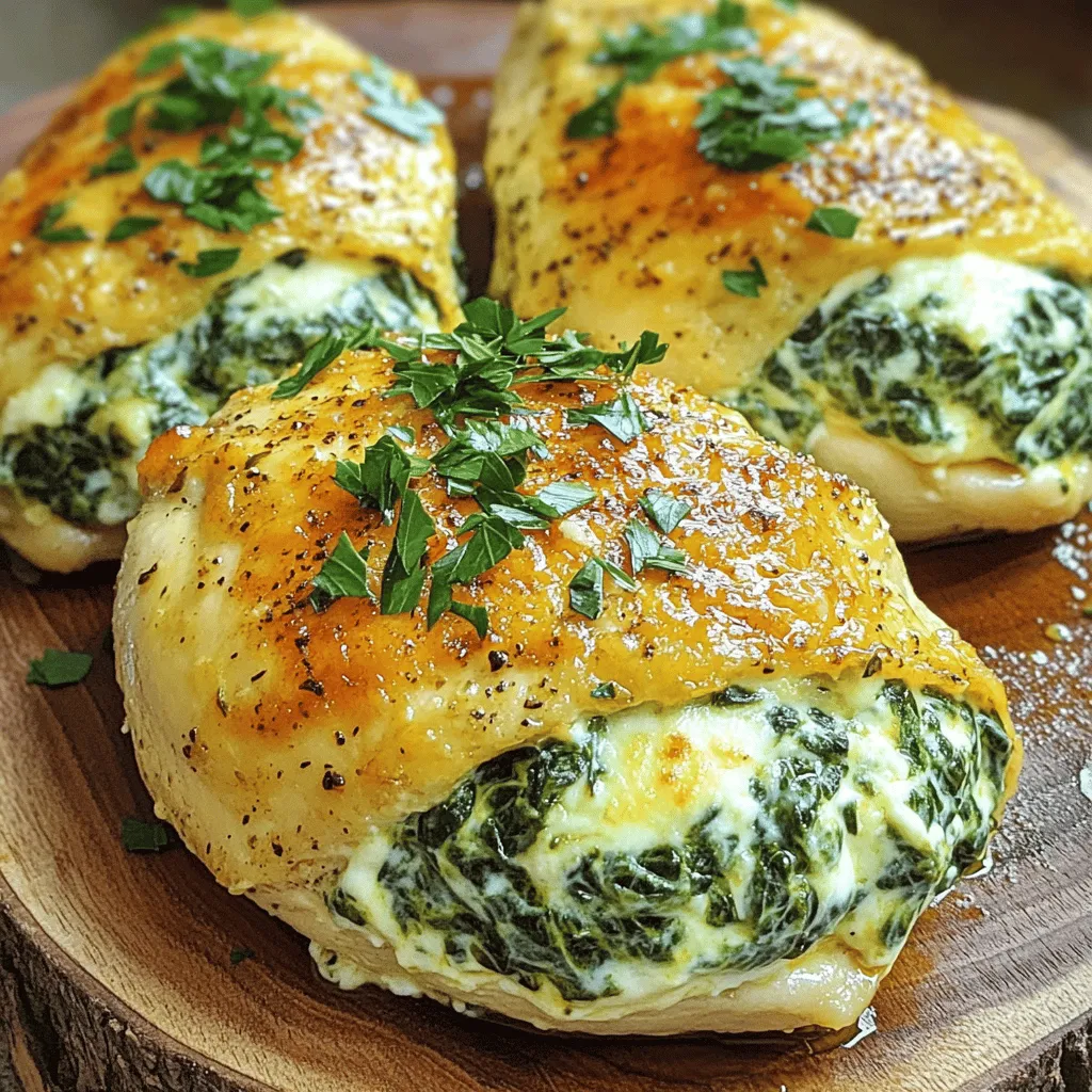 To make Creamy Spinach Stuffed Chicken, gather these ingredients: - 4 boneless, skinless chicken breasts - 2 cups fresh spinach, finely chopped - 1 cup cream cheese, softened - 1/2 cup grated Parmesan cheese - 1/2 cup shredded mozzarella cheese - 2 cloves garlic, minced - 1 teaspoon onion powder - 1/2 teaspoon salt - 1/4 teaspoon black pepper - 1 tablespoon olive oil - 1 tablespoon fresh lemon juice - 1/4 teaspoon red pepper flakes (optional for a kick) - Fresh parsley, chopped (for garnish) If you need to swap some items, here are a few ideas: - Use ricotta cheese instead of cream cheese for a lighter taste. - If you don’t have fresh spinach, frozen spinach works too. Just make sure to drain it well. - For a different cheese flavor, try using feta or goat cheese. - You can replace olive oil with butter for a richer taste. - Add cooked chicken sausage or bacon to the stuffing for extra flavor. This dish is not only tasty but also offers good nutrition. Here’s a quick breakdown (per serving): - Calories: 400 - Protein: 40g - Carbohydrates: 4g - Fat: 25g - Fiber: 1g - Sugar: 2g This creamy spinach stuffed chicken is a delight. It combines protein and greens in a flavorful dish. You can enjoy it with a side salad or your favorite veggies. For the full recipe, look for the steps below. Start by preheating your oven to 375°F (190°C). This step is key to getting a perfectly cooked chicken. While the oven heats up, you can prepare the stuffing and chicken. In a medium bowl, mix the following ingredients: - 2 cups fresh spinach, finely chopped - 1 cup cream cheese, softened - 1/2 cup grated Parmesan cheese - 1/2 cup shredded mozzarella cheese - 2 cloves garlic, minced - 1 teaspoon onion powder - 1/2 teaspoon salt - 1/4 teaspoon black pepper - 1 tablespoon fresh lemon juice - 1/4 teaspoon red pepper flakes (optional) Stir everything together until you get a creamy and smooth mixture. This is the heart of your dish. Take each boneless, skinless chicken breast. Carefully cut a pocket into each one by slicing horizontally through the thickest part. Make sure not to cut all the way through. This creates a space to hold your creamy spinach mixture. Generously fill each pocket with the stuffing you prepared. If necessary, use toothpicks to secure the edges, ensuring the filling stays inside during cooking. Heat 1 tablespoon of olive oil in a large oven-safe skillet over medium-high heat. Once the oil is hot and shimmering, gently place the stuffed chicken breasts in the skillet. Sear each side for about 4-5 minutes until they are golden brown. After that, transfer the skillet to your preheated oven. Bake the chicken for another 20-25 minutes. Check that the internal temperature reaches 165°F (74°C) to ensure it’s fully cooked. After baking, remove the skillet from the oven. Let the chicken rest for about 5 minutes. This step helps keep the chicken juicy and flavorful. Finally, take out any toothpicks used to secure the chicken. Garnish with freshly chopped parsley before serving warm. For a full recipe, visit the recipe section above. Enjoy your delicious Creamy Spinach Stuffed Chicken dish! Searing chicken is key to getting a great crust. Start with a hot pan. Use medium-high heat for the olive oil. Wait until the oil shimmers before adding the chicken. This helps seal in the juices. Sear each side for about four to five minutes. Look for a golden-brown color. This adds flavor and visual appeal. Avoid overcrowding the pan to keep the heat steady. If you have leftovers, store them right away. Let the chicken cool down first. Then place it in an airtight container. It will stay fresh in the fridge for up to three days. If you want to keep it longer, freeze it. Wrap the chicken tightly in plastic wrap, then place it in a freezer bag. It can last for up to three months. Just remember to label it! To check if chicken is fully cooked, use a meat thermometer. Insert it into the thickest part of the chicken. It should read 165°F (74°C). If you don’t have a thermometer, cut into the chicken. The juices should run clear, not pink. Always ensure your chicken is cooked through for safety and taste. {{image_4}} You can switch things up by adding feta cheese. Feta adds a tangy taste. Simply mix it with the spinach and cream cheese. The flavor blends well with the chicken. This variation gives you a Mediterranean twist. Want more flavor? Try adding sun-dried tomatoes or chopped artichokes. These ingredients add depth to your filling. A sprinkle of Italian herbs can also enhance the taste. Experiment and find what you love most. Grilling gives the chicken a nice smoky flavor. Preheat your grill to medium-high. Cook each side for about 6-8 minutes until done. If you prefer air frying, set it to 375°F. Cook for 15-20 minutes, checking the internal temperature. Both methods result in juicy, flavorful chicken. You can enjoy this dish with the full recipe for guidance. Store leftover stuffed chicken in an airtight container. Make sure the chicken is cool before sealing. Place it in the fridge. It will stay fresh for up to three days. To keep the flavors, avoid stacking the pieces. Reheat your chicken in the oven or microwave. For the oven, set it to 350°F (175°C). Place the chicken in a baking dish, cover it with foil, and heat for about 15-20 minutes. If using a microwave, heat it on medium power for 2-3 minutes. Check that it is hot all the way through before eating. You can freeze the stuffed chicken for later. Wrap each piece tightly in plastic wrap. Then, place them in a freezer-safe bag. They can stay in the freezer for up to three months. When ready to eat, thaw in the fridge overnight. Reheat as mentioned above for the best taste. For the full recipe, check the Creamy Spinach Stuffed Chicken Delight section above. Yes, you can make this dish ahead. Prepare the chicken and stuff it. Cover it and store in the fridge for up to 24 hours. When you are ready, bake it as usual. This saves time on busy evenings. This stuffed chicken pairs well with many sides. Here are some great options: - Roasted vegetables - Garlic mashed potatoes - A fresh green salad - Quinoa or rice These sides balance the creamy flavor and add texture to your meal. Yes, you can create a dairy-free version. Use dairy-free cream cheese and non-dairy cheeses. You can also substitute the Parmesan with nutritional yeast for a cheesy flavor. This way, you still enjoy all the taste without dairy. In this blog post, I shared how to make Creamy Spinach Stuffed Chicken. We covered the key ingredients, step-by-step cooking instructions, and useful tips. Varieties and storage methods help you get the most out of this dish. Remember, you can customize the recipe to fit your taste. With these tips, you’ll create a delicious meal every time. Enjoy your cooking and share the joy with others!