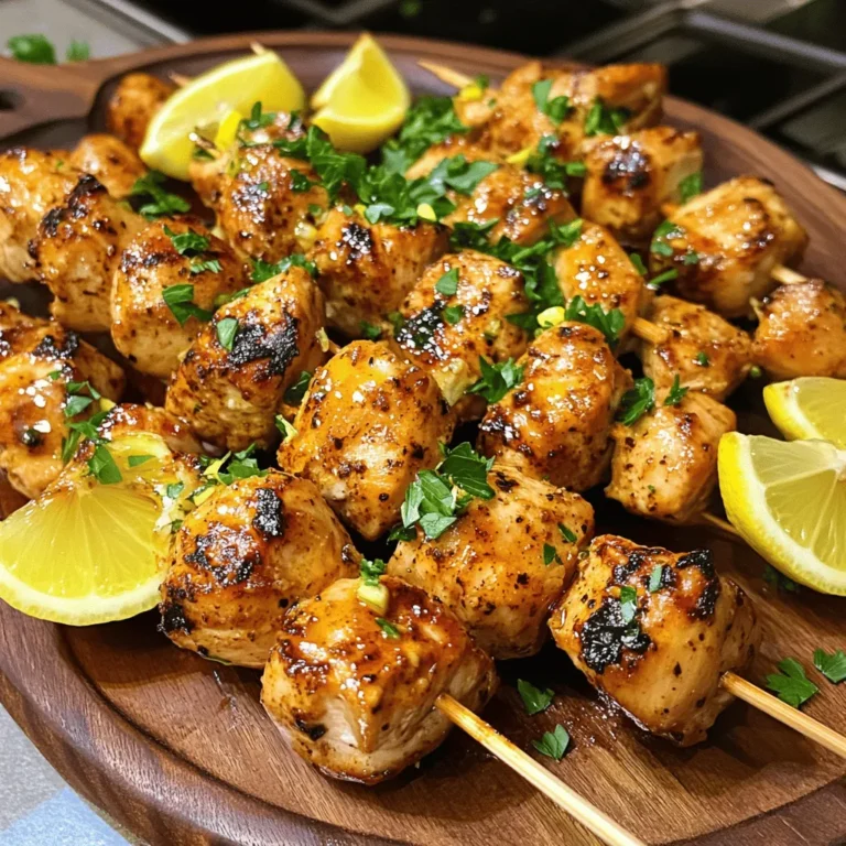 For these tasty skewers, you will need: - 1.5 pounds chicken breast, cut into 1-inch cubes - 4 cloves garlic, minced - 2 tablespoons freshly squeezed lemon juice - Zest of 1 lemon - 2 tablespoons olive oil - 1 teaspoon smoked paprika - 1 teaspoon cayenne pepper (adjust based on your heat preference) - 1 teaspoon ground cumin - Salt and freshly ground black pepper to taste - Wooden or metal skewers The marinade makes these skewers stand out. You mix garlic, lemon juice, and zest, and olive oil. Smoked paprika adds a nice touch. Cayenne pepper gives heat, while cumin brings warmth. Salt and pepper balance everything out. This mix infuses flavor into the chicken, making each bite special. After grilling, I love to garnish with fresh parsley. It adds color and freshness. Serve the skewers on a big platter. Add lemon wedges on the side for extra zing. For a creamy dip, yogurt sauce or tzatziki pairs well. This brings a cool contrast to the spicy chicken. You can find the full recipe [here](#). Start by gathering all your ingredients. You will need chicken, garlic, lemon juice, and spices. If you use wooden skewers, soak them in water for at least 30 minutes. This step helps keep them from burning on the grill. In a large bowl, mix the minced garlic, lemon juice, lemon zest, olive oil, smoked paprika, cayenne pepper, ground cumin, salt, and pepper. Whisk these together until they blend well. Then add the chicken cubes. Make sure each piece is coated in the marinade. Cover the bowl and place it in the fridge. Let it marinate for at least 1 hour, or longer if you have time. This will add great flavor to the chicken. Preheat your grill to medium-high heat. If you use a grill pan, heat it over medium on the stove. Once your chicken has marinated, thread the pieces onto the skewers. Leave a small space between each piece. This helps the chicken cook evenly. Grill the skewers for about 10 to 12 minutes. Turn them often to get nice grill marks. Check that the chicken reaches an internal temperature of 165°F (75°C). After grilling, let the skewers rest for a few minutes. This keeps the juices inside. Finally, garnish with fresh parsley before serving. This adds a nice touch to your dish. For the full recipe, check the instructions above. To get the best flavor, use fresh ingredients. Fresh garlic and lemon juice give a bright taste. When mixing the marinade, let the spices blend well. They create a rich flavor. Don't rush the marinating. Allow at least one hour, or better yet, overnight. This soaking time lets the chicken absorb all those tasty flavors. Adjust the cayenne pepper based on your spice level. This way, you can make the dish mild or fiery to fit your taste. One common mistake is not soaking wooden skewers. If you skip this step, they can burn on the grill. Always soak them for at least thirty minutes. Another mistake is overcrowding the skewers. Leave some space between the chicken pieces. This helps them cook evenly. Also, don't rush the resting time after grilling. Letting them rest keeps the juices inside, making the chicken juicy. To make your skewers look great, use a large serving platter. Arrange the skewers neatly. Add fresh lemon wedges around them for color. A sprinkle of chopped parsley on top makes it more inviting. For an extra treat, serve with a yogurt dip or tzatziki. This adds creaminess and coolness to the spicy flavors. These simple steps can elevate your dish and impress your guests. For the complete guide on making these skewers, check the Full Recipe. {{image_4}} You can swap chicken for other proteins. Try shrimp for a quick cook. Beef or pork also works well. Just adjust your cooking time to avoid overcooking. Fish, like salmon, can add a rich flavor. Each protein brings its own taste. For a vegetarian version, use firm tofu. It soaks up flavors well. You can also try mushrooms for a meaty texture. Bell peppers, zucchini, and cherry tomatoes make colorful additions. For a vegan option, skip the chicken and keep the marinade. Mix things up with different marinades. Try adding soy sauce or ginger for an Asian twist. A spicy chili paste can add heat. For a Mediterranean flair, use herbs like oregano and thyme. Experiment with what you like for new tastes. For the full recipe, check out the details above. After enjoying your spicy lemon garlic chicken skewers, let any leftovers cool down. Place them in an airtight container. Store them in the fridge for up to three days. This keeps the chicken fresh and tasty for later meals. To reheat the chicken skewers, preheat your oven to 350°F (175°C). Place the skewers on a baking sheet. Heat for about 10-15 minutes or until they are warm. You can also use a microwave. Heat them on medium power for 1-2 minutes. This way, the chicken stays juicy and delicious. If you want to save the skewers for later, freezing is a great option! Wrap each skewer in plastic wrap or aluminum foil. Place them in a freezer-safe bag. They can last up to three months in the freezer. When you are ready to eat them, thaw them in the fridge overnight. Then, reheat as mentioned above for a tasty meal. For the full recipe, check out the link! You should marinate chicken for at least 1 hour. For the best taste, let it sit overnight. This longer time allows the flavors to soak in well. The garlic and lemon will really shine through. Just remember, the longer the chicken sits in the marinade, the more flavorful it becomes. Yes, you can cook these skewers in the oven. Preheat your oven to 400°F (200°C). Line a baking sheet with foil for easy cleanup. Place the skewers on the sheet and bake for about 15-20 minutes. Make sure to turn them halfway through for even cooking. Check that the chicken reaches 165°F (75°C) inside. These skewers go great with many side dishes. Here are some tasty options: - Grilled vegetables like bell peppers and zucchini - A fresh green salad with lemon vinaigrette - Rice or quinoa to soak up the juices - Garlic bread for a crunchy contrast Each of these sides will add a nice balance to the meal. To change the spice level, simply adjust the cayenne pepper. For less heat, use half a teaspoon or skip it. If you want more spice, add an extra teaspoon. You can also use spicy marinades or hot sauce for extra kick. Always taste as you go, so you can find your perfect level of heat. For the full recipe, check the earlier section. Enjoy cooking! You learned how to make Spicy Lemon Garlic Chicken Skewers. We covered the main ingredients, marinade, and garnishes. I provided step-by-step instructions for grilling. You also got tips for perfect flavor and common mistakes to avoid. There are variations, like using different proteins and marinades. Lastly, I shared storage info and answered key FAQs. Try these skewers for your next cookout. Enjoy the bold flavors and easy prep!