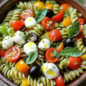 - 12 oz fusilli pasta - 1 cup homemade or high-quality store-bought pesto - 1 cup cherry tomatoes, halved - 1 cup fresh mozzarella balls, halved - 1/2 cup black olives, pitted and sliced - 1/2 cup bell pepper, diced - 1/4 cup fresh basil leaves, roughly chopped - 2 tablespoons extra-virgin olive oil - Salt and freshly ground black pepper to taste The heart of this dish lies in its vibrant ingredients. Fusilli pasta holds the pesto well, giving every bite flavor. Pesto sauce adds a fresh, herby taste that makes this salad sing. Fresh veggies like cherry tomatoes and bell peppers bring color and crunch. Cheese and olives add creaminess and a touch of briny goodness. - Cheese Varieties (Parmesan, feta, or goat cheese) - Additional Vegetables (spinach, arugula, or zucchini) - Protein Additions (grilled chicken, shrimp, or chickpeas) You can easily change this salad to fit your taste. Adding different cheeses can create new flavors. Toss in more veggies for extra crunch or nutrition. If you want protein, grilled chicken or shrimp works great. Chickpeas also make for a tasty, vegetarian option. - Extra-Virgin Olive Oil - Salt and Pepper - Fresh Herbs Having the right pantry staples makes cooking easier. Extra-virgin olive oil adds richness and depth. Salt and pepper enhance every flavor in your dish. Fresh herbs like basil or parsley can brighten up the meal. I recommend keeping these handy for any recipe, especially for this one. For the full recipe, check the details provided earlier. Boil a large pot of salted water. Add 12 oz of fusilli pasta and cook it. Follow the package instructions until the pasta is al dente. This means it should be firm but not hard. After boiling, drain the pasta in a colander. Let it cool for a few minutes. This step helps prevent mushy pasta in your salad. Grab a large mixing bowl. Add your cooled fusilli pasta. Pour in 1 cup of your favorite pesto. Use a spatula or a wooden spoon to mix. Ensure every piece of pasta is coated with the pesto. This gives the salad its rich flavor. Next, add in the fresh ingredients like halved cherry tomatoes, mozzarella balls, sliced olives, and diced bell pepper. Gently fold these into the pasta. This keeps their shape and adds crunch. Drizzle 2 tablespoons of extra-virgin olive oil over the salad. This adds richness and depth to the dish. Sprinkle salt and black pepper to taste. Mix well to combine all the flavors. Now, add 1/4 cup of chopped basil leaves for freshness. Give everything a gentle toss again. Finally, cover the bowl and chill the salad in the fridge for at least 30 minutes. This allows the flavors to blend. Serve it cool or at room temperature. For an eye-catching presentation, use a large dish and top with more basil and a drizzle of olive oil. Enjoy this delightful dish from the Full Recipe. To get the best flavor, balance is key. Use a mix of fresh and bright ingredients. The pesto should shine, so adjust the amount to your taste. You can add a bit more or less pesto as needed. This keeps the dish fresh and exciting. Cooking pasta seems simple, but it matters. Use plenty of salted water when you boil the pasta. This adds flavor. Cook the fusilli until it is al dente. This means it should still have a little bite. Then, drain it and let it cool to stop the cooking process. If you run out of fresh mozzarella, try feta or goat cheese. They add a tangy flavor that works well. You can swap black olives for green ones if you prefer. They give a different taste and color to the dish. For vegan options, replace cheese with avocado or nuts. You can also use a plant-based pesto. For gluten-free pasta, choose rice or corn-based options. Both taste great and keep the dish light. For a beautiful display, use a wide, shallow bowl. This allows the colors to pop. Top the salad with extra basil leaves for a fresh look. A drizzle of olive oil adds a nice touch too. To make it even more appealing, serve with crusty bread. This gives a nice crunch and complements the pasta salad well. It not only looks good but also makes the meal more satisfying. For the full recipe, check out the details above. {{image_4}} You can change up your pesto pasta salad based on the season. In summer, add fresh fruits and veggies. Think sweet peaches, juicy strawberries, or crisp cucumbers. These flavors bring a bright twist to the dish. You can also try adding fresh herbs like mint or dill for extra zest. In winter, use hearty vegetables like roasted Brussels sprouts or butternut squash. These give warmth and depth to your salad. Want to explore new flavors? Try some international twists! For a Mediterranean flair, add sun-dried tomatoes, artichokes, and feta cheese. This gives your salad a tangy taste. You can also include capers or roasted red peppers for added punch. For an Asian-inspired version, use sesame oil instead of olive oil. Toss in edamame, shredded carrots, and sliced green onions. Add a splash of soy sauce for a savory kick. If you follow a keto diet, replace the fusilli with spiralized zucchini or cauliflower rice. This keeps it low-carb while still being delicious. You can also use a pesto made from nuts and cheese, but skip the oil or use less. For a low-carb option, try chickpea pasta. It has more protein and fiber while being tasty. Get creative and enjoy your pesto pasta salad your way! For the full recipe, check out the details above. - Best Practices for Refrigeration: Store your pesto pasta salad in an airtight container. This keeps it fresh and tasty. Always place it in the fridge right after serving. It’s best to chill it for at least 30 minutes before serving to allow flavors to blend. - Freezing Instructions: I do not recommend freezing this salad. The texture of the pasta and fresh veggies can change when thawed. If you must freeze it, do not add the fresh veggies. Only freeze the pasta and pesto mixture. - How Long Does It Last? When stored correctly, the salad lasts about 3 to 5 days in the fridge. - Signs of Spoilage: Check for any off smell or slimy texture. If the pasta looks dull or the veggies are mushy, it’s best to toss it. - Best Ways to Reheat Pasta Salad: If you want to serve it warm, add a little olive oil and heat gently in a pan. Stir it slowly to avoid breaking the pasta. - Tips for Maintaining Texture and Flavor: Add a splash of water or more pesto to boost flavor. This helps keep the pasta from drying out. For pesto pasta salad, I recommend using fusilli. Its spiral shape holds the pesto well. Other great options are farfalle (bowtie) and penne. These shapes mix nicely with fresh veggies and cheese. Choose pasta that you enjoy, as it adds to the fun of the dish. Yes, you can make this salad ahead of time! Prepare it a day before serving. Just store it in a covered bowl in the fridge. This allows the flavors to blend well. When ready to eat, give it a quick stir and enjoy. You can add grilled chicken for a hearty touch. Shrimp also works well and adds a nice twist. For a vegetarian option, try chickpeas or diced tofu. These proteins pair perfectly with pesto and add nutrition to your salad. Pesto pasta salad pairs well with grilled veggies or a side of garlic bread. A fresh green salad complements it nicely. If you're thirsty, serve it with lemonade or iced tea. These options bring out the bright flavors of the pasta salad and make a great meal. For the full recipe, check out the detailed instructions. Pesto pasta salad is easy to make and offers many tasty options. We covered essential ingredients like fusilli, pesto sauce, and fresh veggies. You learned how to mix and chill your salad for the best flavor. Remember, you can customize it with different cheeses and proteins. Use seasonal ingredients for fun twists and follow proper storage tips to keep it fresh. You’ll wow your friends and family with delicious flavors every time. Enjoy exploring this dish, as it can fit any meal or gathering perfectly!