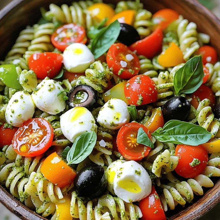 - 12 oz fusilli pasta - 1 cup homemade or high-quality store-bought pesto - 1 cup cherry tomatoes, halved - 1 cup fresh mozzarella balls, halved - 1/2 cup black olives, pitted and sliced - 1/2 cup bell pepper, diced - 1/4 cup fresh basil leaves, roughly chopped - 2 tablespoons extra-virgin olive oil - Salt and freshly ground black pepper to taste The heart of this dish lies in its vibrant ingredients. Fusilli pasta holds the pesto well, giving every bite flavor. Pesto sauce adds a fresh, herby taste that makes this salad sing. Fresh veggies like cherry tomatoes and bell peppers bring color and crunch. Cheese and olives add creaminess and a touch of briny goodness. - Cheese Varieties (Parmesan, feta, or goat cheese) - Additional Vegetables (spinach, arugula, or zucchini) - Protein Additions (grilled chicken, shrimp, or chickpeas) You can easily change this salad to fit your taste. Adding different cheeses can create new flavors. Toss in more veggies for extra crunch or nutrition. If you want protein, grilled chicken or shrimp works great. Chickpeas also make for a tasty, vegetarian option. - Extra-Virgin Olive Oil - Salt and Pepper - Fresh Herbs Having the right pantry staples makes cooking easier. Extra-virgin olive oil adds richness and depth. Salt and pepper enhance every flavor in your dish. Fresh herbs like basil or parsley can brighten up the meal. I recommend keeping these handy for any recipe, especially for this one. For the full recipe, check the details provided earlier. Boil a large pot of salted water. Add 12 oz of fusilli pasta and cook it. Follow the package instructions until the pasta is al dente. This means it should be firm but not hard. After boiling, drain the pasta in a colander. Let it cool for a few minutes. This step helps prevent mushy pasta in your salad. Grab a large mixing bowl. Add your cooled fusilli pasta. Pour in 1 cup of your favorite pesto. Use a spatula or a wooden spoon to mix. Ensure every piece of pasta is coated with the pesto. This gives the salad its rich flavor. Next, add in the fresh ingredients like halved cherry tomatoes, mozzarella balls, sliced olives, and diced bell pepper. Gently fold these into the pasta. This keeps their shape and adds crunch. Drizzle 2 tablespoons of extra-virgin olive oil over the salad. This adds richness and depth to the dish. Sprinkle salt and black pepper to taste. Mix well to combine all the flavors. Now, add 1/4 cup of chopped basil leaves for freshness. Give everything a gentle toss again. Finally, cover the bowl and chill the salad in the fridge for at least 30 minutes. This allows the flavors to blend. Serve it cool or at room temperature. For an eye-catching presentation, use a large dish and top with more basil and a drizzle of olive oil. Enjoy this delightful dish from the Full Recipe. To get the best flavor, balance is key. Use a mix of fresh and bright ingredients. The pesto should shine, so adjust the amount to your taste. You can add a bit more or less pesto as needed. This keeps the dish fresh and exciting. Cooking pasta seems simple, but it matters. Use plenty of salted water when you boil the pasta. This adds flavor. Cook the fusilli until it is al dente. This means it should still have a little bite. Then, drain it and let it cool to stop the cooking process. If you run out of fresh mozzarella, try feta or goat cheese. They add a tangy flavor that works well. You can swap black olives for green ones if you prefer. They give a different taste and color to the dish. For vegan options, replace cheese with avocado or nuts. You can also use a plant-based pesto. For gluten-free pasta, choose rice or corn-based options. Both taste great and keep the dish light. For a beautiful display, use a wide, shallow bowl. This allows the colors to pop. Top the salad with extra basil leaves for a fresh look. A drizzle of olive oil adds a nice touch too. To make it even more appealing, serve with crusty bread. This gives a nice crunch and complements the pasta salad well. It not only looks good but also makes the meal more satisfying. For the full recipe, check out the details above. {{image_4}} You can change up your pesto pasta salad based on the season. In summer, add fresh fruits and veggies. Think sweet peaches, juicy strawberries, or crisp cucumbers. These flavors bring a bright twist to the dish. You can also try adding fresh herbs like mint or dill for extra zest. In winter, use hearty vegetables like roasted Brussels sprouts or butternut squash. These give warmth and depth to your salad. Want to explore new flavors? Try some international twists! For a Mediterranean flair, add sun-dried tomatoes, artichokes, and feta cheese. This gives your salad a tangy taste. You can also include capers or roasted red peppers for added punch. For an Asian-inspired version, use sesame oil instead of olive oil. Toss in edamame, shredded carrots, and sliced green onions. Add a splash of soy sauce for a savory kick. If you follow a keto diet, replace the fusilli with spiralized zucchini or cauliflower rice. This keeps it low-carb while still being delicious. You can also use a pesto made from nuts and cheese, but skip the oil or use less. For a low-carb option, try chickpea pasta. It has more protein and fiber while being tasty. Get creative and enjoy your pesto pasta salad your way! For the full recipe, check out the details above. - Best Practices for Refrigeration: Store your pesto pasta salad in an airtight container. This keeps it fresh and tasty. Always place it in the fridge right after serving. It’s best to chill it for at least 30 minutes before serving to allow flavors to blend. - Freezing Instructions: I do not recommend freezing this salad. The texture of the pasta and fresh veggies can change when thawed. If you must freeze it, do not add the fresh veggies. Only freeze the pasta and pesto mixture. - How Long Does It Last? When stored correctly, the salad lasts about 3 to 5 days in the fridge. - Signs of Spoilage: Check for any off smell or slimy texture. If the pasta looks dull or the veggies are mushy, it’s best to toss it. - Best Ways to Reheat Pasta Salad: If you want to serve it warm, add a little olive oil and heat gently in a pan. Stir it slowly to avoid breaking the pasta. - Tips for Maintaining Texture and Flavor: Add a splash of water or more pesto to boost flavor. This helps keep the pasta from drying out. For pesto pasta salad, I recommend using fusilli. Its spiral shape holds the pesto well. Other great options are farfalle (bowtie) and penne. These shapes mix nicely with fresh veggies and cheese. Choose pasta that you enjoy, as it adds to the fun of the dish. Yes, you can make this salad ahead of time! Prepare it a day before serving. Just store it in a covered bowl in the fridge. This allows the flavors to blend well. When ready to eat, give it a quick stir and enjoy. You can add grilled chicken for a hearty touch. Shrimp also works well and adds a nice twist. For a vegetarian option, try chickpeas or diced tofu. These proteins pair perfectly with pesto and add nutrition to your salad. Pesto pasta salad pairs well with grilled veggies or a side of garlic bread. A fresh green salad complements it nicely. If you're thirsty, serve it with lemonade or iced tea. These options bring out the bright flavors of the pasta salad and make a great meal. For the full recipe, check out the detailed instructions. Pesto pasta salad is easy to make and offers many tasty options. We covered essential ingredients like fusilli, pesto sauce, and fresh veggies. You learned how to mix and chill your salad for the best flavor. Remember, you can customize it with different cheeses and proteins. Use seasonal ingredients for fun twists and follow proper storage tips to keep it fresh. You’ll wow your friends and family with delicious flavors every time. Enjoy exploring this dish, as it can fit any meal or gathering perfectly!