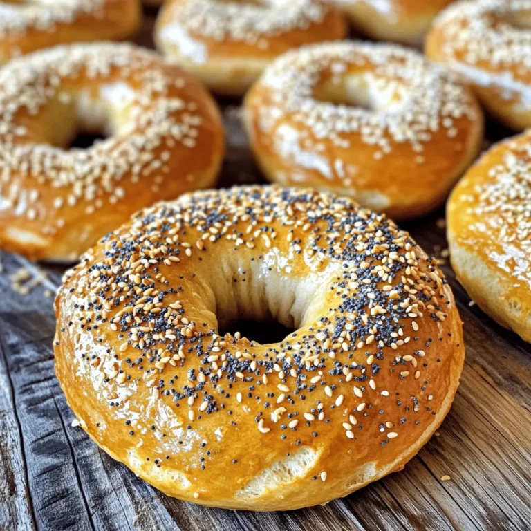 To make tasty bagels at home, you need these key ingredients: - 4 cups bread flour - 1 packet (2 ¼ teaspoons) active dry yeast - 1 ½ cups warm water (about 110°F/45°C) - 2 tablespoons granulated sugar - 2 teaspoons salt - 2 tablespoons honey (for boiling) - Assorted toppings (like sesame seeds or everything bagel seasoning) These ingredients work together to create bagels that are soft inside and chewy outside. Bread flour gives them structure. Yeast helps them rise. Warm water activates the yeast. Sugar feeds the yeast and adds a hint of sweetness. Salt brings out the flavors. Honey helps with the boiling process and adds a touch of flavor. Finally, toppings add crunch and taste. You can also add these optional ingredients to mix things up: - Garlic powder - Onion powder - Cheese - Fresh herbs If you love garlic or onion, sprinkle some powder into the dough. Cheese adds a rich taste. Fresh herbs bring in a burst of flavor. These fun additions let you create bagels that suit your fancy. Want a unique twist? Try a blend of toppings for a flavor explosion. You can find the full recipe in the article. Start by mixing warm water, yeast, and sugar in a small bowl. You want the water to be about 110°F (45°C). Stir gently and let it sit for 5-10 minutes. This waiting time helps the yeast froth up, showing it is ready to work. If you see bubbles forming, you know your yeast is active and good to go! In a large mixing bowl, sift together the bread flour and salt. This step ensures an even mix. Make a well in the center, and pour in the frothy yeast mixture. Stir with a wooden spoon until the dough becomes shaggy. Then, transfer it onto a lightly floured surface. Knead the dough with your hands for about 10 minutes. You want it smooth and elastic. If it sticks, add a bit more flour. Next, lightly grease a large bowl with oil or cooking spray. Place the kneaded dough inside the bowl. Cover it with a damp cloth or plastic wrap. Let it rise in a warm place for about 1 hour. The dough should double in size during this time. Once the dough has risen, gently punch it down to release any air trapped inside. Now, divide the dough into 8 equal parts. Roll each piece into a ball. Use your finger to poke a hole in the center of each ball, shaping it into a bagel. Make sure the hole is big enough, as it will shrink during cooking. Fill a large pot with water and bring it to a gentle boil. Add honey to the water, stirring it in well. Carefully place the bagels in the boiling water, making sure they don’t stick together. Boil each side for 1-2 minutes. This step helps create that classic chewy bagel texture. Once boiled, use a slotted spoon to remove them and place them on a greased baking sheet. Preheat your oven to 425°F (220°C). While the bagels are still wet, sprinkle your choice of toppings over them. This helps the toppings stick. Place the baking sheet in the oven and bake for 20-25 minutes. Look for a golden brown color and a lovely aroma. After baking, let the bagels cool on a wire rack. This cooling step helps them firm up before you enjoy your delicious homemade bagels. For the full recipe, check out Bagel Bliss 🥯. Boiling is key to great bagels. This step gives them that unique chew. The honey in the boiling water adds flavor and shine. Adjust the water temperature to about 110°F. This warmth helps activate the yeast. Yeast loves warmth and needs it to grow well. One mistake is over-kneading the dough. Knead until smooth, about 10 minutes. Too much kneading can make bagels tough. Also, do not skip the rise time. Let the dough rise until it doubles. Rushing this step will lead to dense bagels. You can get creative with toppings. Sesame seeds, poppy seeds, and everything seasoning are popular. Try adding garlic or onion powder for extra flavor. For serving, pair bagels with spreads like cream cheese or butter. Sliced bagels topped with smoked salmon are a classic. You can find the full recipe for the perfect bagels in the previous section. {{image_4}} You can make your bagels even more fun by adding flavors. - Everything bagel seasoning: This mix contains sesame seeds, poppy seeds, garlic, and onion. It gives your bagels a savory crunch. Just sprinkle it on right after boiling. - Sweet bagels: If you like sweet treats, try a cinnamon sugar mix. Combine sugar and cinnamon, then coat your bagels before baking. It makes for a delightful breakfast or snack. Do you need gluten-free bagels? You can make them by swapping out the flour. - Substituting flour types: Use a gluten-free blend that is meant for bread. These blends often have a mix of flours and starches to mimic bread flour. - Adjusting measurements: Gluten-free dough may need more liquid. Start with the same water amount, then add more as needed. Aim for a smooth, pliable dough. Making vegan bagels is simple and tasty! - Non-dairy alternatives: Use almond milk or soy milk instead of regular milk. You can also replace honey with maple syrup or agave nectar for that sweet touch. - Egg substitutes: If your recipe calls for eggs, use flaxseed meal or chia seeds. Mix one tablespoon of either with three tablespoons of water. Let it sit for a few minutes to thicken, then add it to your dough. These variations will help you create unique bagels for everyone to enjoy. Try mixing and matching flavors to find your favorite! To keep your homemade bagels fresh, store them properly. You can keep bagels at room temperature for a short time. Use a clean cloth to wrap them. This keeps them soft, but only for a day or two. If you want to save them longer, it’s best to use the fridge. However, the fridge can dry them out. So, always use airtight containers. This method helps keep them moist and fresh for about a week. Freezing bagels is a great way to keep them tasty. Start by letting them cool completely. Once cool, place each bagel in a freezer bag. Remove as much air as you can. This prevents freezer burn. You can freeze bagels for up to three months. When you want to enjoy a bagel, take one out. Let it thaw at room temperature for about 30 minutes. For a warm treat, pop it in the toaster or oven. Heat it for around 5-10 minutes at 350°F (175°C) for a fresh, chewy bite. Enjoy your bagels again with your favorite toppings! Homemade bagels stay fresh for about 2 to 3 days. Store them at room temperature in a paper bag. This keeps them soft without making them soggy. If you want to keep them longer, freeze them. Place them in a freezer bag to avoid freezer burn. When you want to eat them, just toast or warm them up. Yes, you can make bagels without yeast. You can use baking powder instead. This makes a quick version of bagels. Mix flour, baking powder, salt, and yogurt. Knead it, shape it, and bake. They won't taste the same but will still be tasty. Bagels may not be chewy for a few reasons. First, they might not have boiled long enough. Boiling helps give bagels their chewy texture. Second, using all-purpose flour instead of bread flour can change the texture. Bread flour has more protein, which helps with chewiness. Lastly, under-kneading the dough can also make them soft. Make sure to knead well until the dough is smooth. To get shiny bagels, boil them in water with honey. Honey helps create a nice glaze. Boil each bagel for 1 to 2 minutes on each side. After boiling, place them directly on the baking sheet. Bake them until golden brown. This gives you that beautiful shine and crust. You learned how to make delicious homemade bagels step by step. Start with key ingredients like bread flour and yeast. Activating the yeast ensures good rise, while boiling gives bagels that great chewy texture. I shared tips to perfect the flavor and avoid common mistakes. You can try fun variations, too, like gluten-free or sweet bagels. Proper storage keeps your bagels fresh longer. Now, it’s time to enjoy your bagels, share them with friends, and experiment with new flavors!